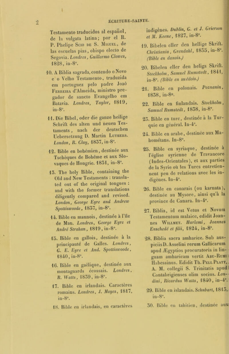 I KCaiTURK-SAINTI-.. Testamento traducidos al espanol, de la vulgata latina; por el R. P. Phelipe Scio de S. Miguel, de las escuelas pias, obispo eleclo de Segovia. Londres, Guillernio Llowes, 4828, in-8. 40. A Biblia sagrada,contendo oNovo e o Vellio Testamento, Iraduzida em portuguez pelo padre Joaô Ferreira d’Almeida, ministro pre- gador de sancto Evangelho em Batavia. Londres, Taylor, 4849, in-8°. 44. Die Bibel, oder die ganze heilige Schrift des alten und neuen Tes- taments , nach der deutschen Uebersetzung l). Martin Luthers. London, 11. Clay, 4837, in-8°. 42. Bible en bohémien, destinée aux Tschèques de Bohême et aux Slo- vaques de Hongrie. 4834, in-8°. 43. The holy Bible, containing the 01 d and New Testaments : transla- ted out of the original tongues : and with the former translations diligently compared and revised. London, George Eyre and Andrew Spottiswoode, 4857, in-8°. 44. Bible en mannois, destinée à l’île de Man. Londres, George Eyre et André Sir ahan, i819,in-8°. 15. Bible en gallois, destinée à la principauté de Galles. Londres, G. E. Eyre et And. Spottiswoode, (840, in-8°. 16. Bible en gaélique, destinée aux montagnards écossais. Londres, R. Watts, 4839, in-8°. 17. Bible eu irlandais. Caractères romains. Londres, J. Moyes, 1817, in-8°. 1S. Bible en irlandais, en caractères indigènes. Dublin, G. et J. Grierson et il/. Keene, 4 827, in-8°. 49. Bibel en cller den heilige Skrift. Christiania, Grendahl, 1855, in-8 . (Bible en danois.J 20. Bibelen eller den heliga Skrift. Stockholm, Samuel Rumstedt, 1841, in-8. (Bible en suédois.J 21. Bible en polonais. Poznanin, 4838, in-8°. 22. Bible en finlandais. Stockholm, j Samuel Rumstedt, 4858, in-8°. 25. Bible en turc, destinée à la Tur- ; quie en général. In-4°. 24. Bible en arabe, destinée aux Ma- , hométans. ln-8°. 25. Bible en syriaque, destinée à l’église syrienne de Travancore (Indes-Orientales), el aux parties de la Syrie où les Turcs entretien- nent peu de relations avec les in- digènes. In-4°. 26. Bible en canarais (ou karnata), destinée au Mysore, ainsi qua la province de Canara. In-4°. 27. Biblia, id est Vêtus et Novum Testamentum malaice, edidit Joan- nes Willmet. Harlemi, Joannes Enschedé et filii, 1824, in-8°. 28. Biblia sacra amharice. Sub aus- piciisD. Asselini rerum Gallicarum apud Ægyptios procuratoris in lin- guam amharicam vertit Abu-Rumi Habessinus. Edidit Th. PellPlatt, A. M. collegii S. Trinitatis apud Cantabrigienses olim socius. Lon- dini, Ricardus Watts, 1840, in-4°. 29. Bible en islandais. Schubart, 1815, in-8°. 30. Bible eu laliilien, destinée aux