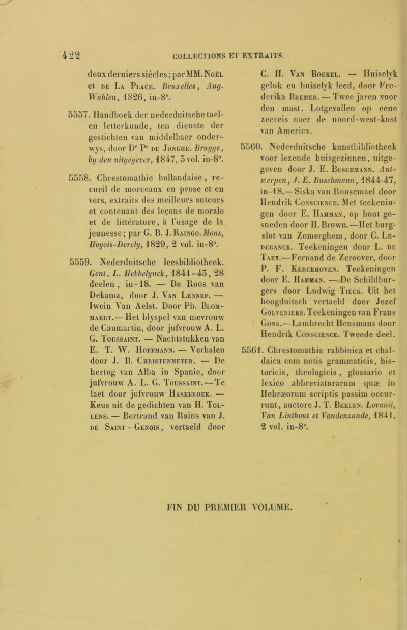 deux derniers siècles; parMM.Noël et de La Place. Bruxelles, Aug. Wahlen, 4826, in-8°. 5557. Handboek der nederduitsche tael- en lettei kunde, ten dienste der gestichten van middelbacr ondcr- wys, door Dr P1' de Jonche. Brugge, by den uitgegever, 1847, 5 vol. in-8°. 5558. Chreslomathie hollandaise, re- cueil de morceaux en prose et en vers, extraits des meilleurs auteurs et contenant des leçons de morale et de littérature, à l’usage de la jeunesse; par G. B. J.Raingo. JWons, Hoyois-Derely, 4829, 2 vol. in-8°. 5559. Nederduitsche leesbibliotheek. Geul, L. Hebbelynck, 4841-45, 28 deelen , in-18. — De Roos vau Dekama, door J. Van Lennep. — Iwein Van Aelst. Door Ph. Blom- maert.— Hel blyspel van mevrouw de Caumartiu, door jufvrouw A. L. G. Toussaint. — Naclilstukken van E. T. W. Hoffmann. — Verhalen door J. B. Chkistenmever. — De herlog van Alba in Spanie, door jufvrouw A. L. G. Toussaint. — Te laet door jufvrouw Hasebroek. — Keus uit de gedichten van H. Tol- lens.— Bertrand van Rains van J. de Saint - Génois, vertaeld door C. H. Van Boekel. — Huiselyk geluk en lmiselyk leed, door Fre- derika Bremer. — Twee jaren voor den mast. Lofgevallen op eene zecreis naer de noord-west-kust van America. 5560. Nederduitsche kunstbibliotheek voor lezende huisgezinnen, uitge- geven door J. E. Buschmann. Ant- werpen, J. E. Buschmann, 4844-47, in-48.—Siska van Roosemael door Hendrik (Conscience. Met teekenin- gen door E. Hamman, op bout ge- sneden door H. Brown.—Ilet burg- slot van Zomerghem, door C. Le- deganck. Teekeningen door L. de Taet. — Fernand de Zeroover, door P. F. Kerckhoven. Teekeningen door E. Hamman. — De Schildbur- gers door Ludwig Tieck. Uit het boogduitsch vertaeld door Jozef Golveniers. Teekeningen van Frans Gons. — Lambrecht Hensmans door Hendrik Gonscience. Tweede deel. 5561. Chrestomalhia rabbinica et ehal- daica cum nolis grammaticis, bis- toricis, tbeologicis, glossario et lexico abbrevialurarum quæ in Hebræorum scriptis passim occur- runt, auctore J. T. Beelen. Lovanii, Van Linthout et Y an demande, 4841, 2 vol. in-8°. FIN DU PREMIER VOLUME.