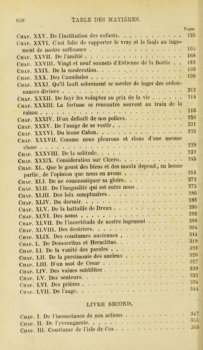 Pages. Chap. XXV. De l’institution des enfants 12G Chap. XXVI. C’est folie de rapporter le vray et le fauls au iuge- ment de nostre suiïisance 1G4 Chap. XXVII. De l’amitié 168 Chap. XXVIII. Vingt et neuf sonnets d’Estienne de la Boétie . . 182 Chap. XXIX. De la modération 193 Chap. XXX. Des Cannibales 198 Chap. XXXI. Qu’il fault sobrement se mesler de iuger des ordon- nances divines 212 Chap. XXXII. De fuyr les voluptez au prix de la vie 214 Ch\p. XXXIII. La fortune se rencontre souvent au train de la 216 raison Chap. XXXIV. D’un default de nos polices 220 Chap. XXXV. De l’usage de se vestir 221 Ch.u>. XXXVI. Du ieune Caton. 225 Chap. XXXVII. Comme nous pleurons et rions d’une mesme chose 229 Chap. XXXVUI. De la solitude 232 Chap. XXXIX. Considération sur Cicero 245 Chap. XL. Que le goust des biens et desmaulx dépend, en bonne partie, de l’opinion que nous en avons 251 Chap. XLI. De ne communiquer sa gloire • • 272 Chap. XLII. De l’inegualité qui est entre nous 275 Chap. XLIII. Des loix sumptuaires 286 Chap. XLIV. Du dormir 288 Chap. XLV. De la battaille de Dreux 290 Chap. XLVI. Des noms 292 Chap. XLVII. De l’incertitude de nostre iugement 298 Chap. XLVIII. Des destriers 364 Chap. XLIX. Des coustumes anciennes . . . . 314 Chap. L. De Democritus et Heraclitus 319 Chap. LI. De la vanité des paroles 323 Chap. LII. De la parcimonie des anciens 326 Chap. LUI. D'un mot de César 327 Chap. LIV. Des vaines subtilitez 329 Chap. LV. Des senteurs 332 Chap. LVI. Des prières 334 Chap. LVIl. De l’aage LIVRE SECOND. Chap. I. De l’inconstance de nos actions 347 Chap. IL De l’yvrongnerie Chap. 111. Coustume de l’isle de Cea