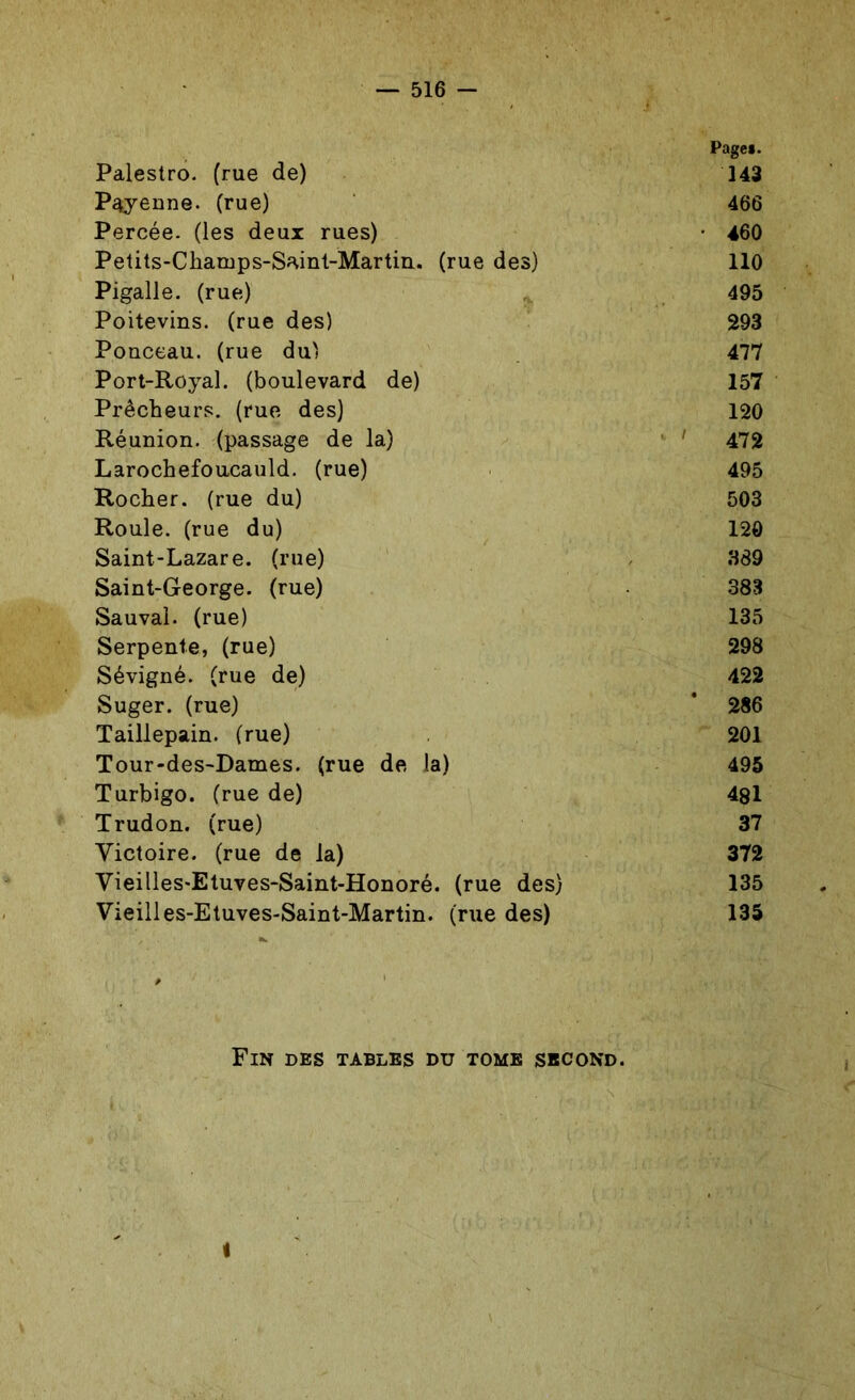 Palestrô. (rue de) Page*. 143 P^yenne. (rue) 466 Percée, (les deux rues) • 460 Petits-Champs-Sainl-Martiu. (rue des) 110 Pigalle. (rue) 495 Poitevins, (rue des) 293 Ponceau, (rue du' 477 Port-Royal, (boulevard de) 157 Prêcheurs, (rue des) 120 Réunion, (passage de la) ' ' 472 Larochefoucauld. (rue) 495 Rocher, (rue du) 503 Roule, (rue du) 120 Saint-Lazare, (rue) 389 Saint-George, (rue) 383 Sauvai, (rue) 135 Serpente, (rue) 298 Sévigné. (rue de) 422 Suger. (rue) ’ 286 Taillepain. (rue) 201 Tour-des-Dames. (rue de la) 495 Turbigo. (rue de) 481 Trudon. (rue) 37 Victoire, (rue de la) 372 VieilleS'Etuves-Saint-Honoré. (rue des) 135 Vieilles-Etuves-Saint-Martin, (rue des) 135 Fin des tables du tome second.