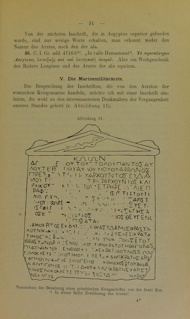 Von der nächsten Inschrift, die in Aegyptus superior gefunden •wurde, sind nur wenige Worte erhalten, man erkennt weder den Namen des Arztes, noch den der ala. 4t). C. I. Gr. add. 4716d67. „In valle Hamammat“. To TiQooxvvtjfia Aovyivov, lnTrt[co]c xccl zov hznpxov) icczoov. Also ein Weihgeschenk des Reiters Longinus und des Arztes der ala equitum. V. Die Marinemilitärärzte. Die Besprechung der Inschriften, die von den Aerzten der römischen Kriegsmarine handeln, möchte icli mit einer Inschrift ein- leiten, die wohl zu den interessantesten Denkmälern der Vergangenheit unseres Standes gehört (s. Abbildung 11). Abbildung 11. I- 1 VfCD fr iNikov PA ■ ; AIO. f;V°, ' ■•'öt : ipnPE - ■£T®|;f I N ort- ~ . • kai/iN Ar f OY TOV.TOAOY HAMToXAV AOYTEPP r,0 YAV \OY Y/0YOYA ppyyNoS nP£S ^ i |/ YApXoY(\(Tor ETA A t pivpöpxoyn lol k AI v ToYtETPhPE n~ AiE n ' - ■ IX lr Tut OY T t • '7k ••• *' I/ EAPin VY \. \fi ' ■ ■ YY_ T. 1 ‘7|Yo , 'i rhr a 'AßA, ' •MOIeEYrE^ ^noYN'k^ror iAiorEnJE t* ^m^ATh£a?Iy/ A ANT,rOWol ?A OY. A kOMA^ßToY^NA( ‘MorisukokAEYr TTv Vlk^T^VYAPlri) * 1 ' NaPq. Ar YL Verzeichnis der Besatzung eines griechischen Kriegsschiffes von der Insel Kos. + In dieser Reihe Erwähnung des Arztes! 4*