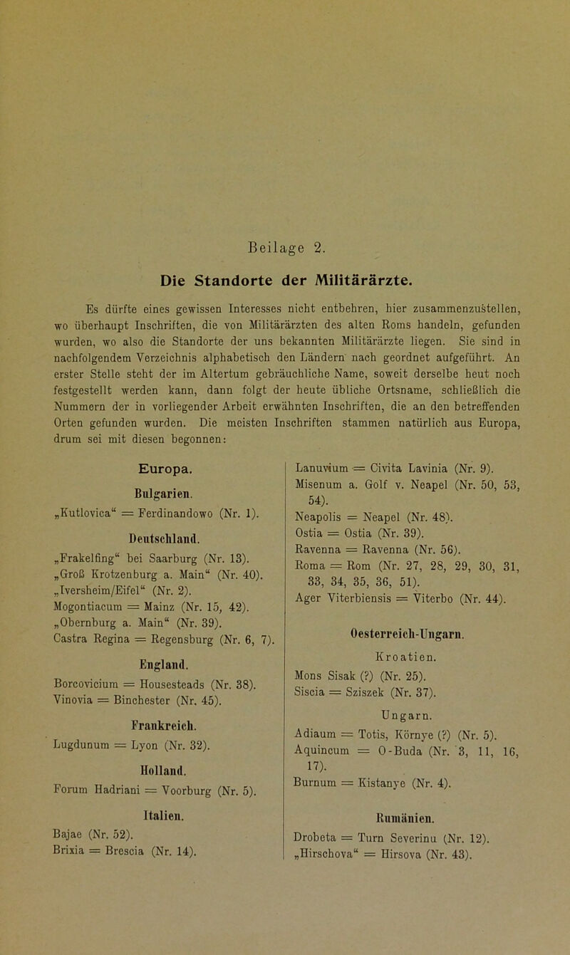 Die Standorte der Militärärzte. Es dürfte eines gewissen Interesses nicht entbehren, hier zusammcnzustellen, wo überhaupt Inschriften, die von Militärärzten des alten Roms handeln, gefunden wurden, wo also die Standorte der uns bekannten Militärärzte liegen. Sie sind in nachfolgendem Verzeichnis alphabetisch den Ländern nach geordnet aufgeführt. An erster Stelle steht der im Altertum gebräuchliche Name, soweit derselbe heut noch festgestellt werden kann, dann folgt der heute übliche Ortsname, schließlich die Nummern der in vorliegender Arbeit erwähnten Inschriften, die an den betreffenden Orten gefunden wurden. Die meisten Inschriften stammen natürlich aus Europa, drum sei mit diesen begonnen: Europa. Bulgarien. „Kutlovica“ = Ferdinandowo (Nr. 1). Deutschland. „Frakelfing“ bei Saarburg (Nr. 13). „Groß Krotzenburg a. Main“ (Nr. 40). „Iversheim/Eifel“ (Nr. 2). Mogontiacum = Mainz (Nr. 15, 42). „Obernburg a. Main“ (Nr. 39). Castra Regina = Regensburg (Nr. 6, 7). England. Borcovicium = Housesteads (Nr. 38). Vinovia = Binchester (Nr. 45). Frankreich. Lugdunum = Lyon (Nr. 32). Holland. Forum Hadriani = Voorburg (Nr. 5). Italien. Bajae (Nr. 52). Brixia = Brescia (Nr. 14). Lanuvium = Civita Lavinia (Nr. 9). Misenum a. Golf v. Neapel (Nr. 50, 53, 54). Neapolis = Neapel (Nr. 48). Ostia = Ostia (Nr. 39). Ravenna = Ravenna (Nr. 56). Roma = Rom (Nr. 27, 28, 29, 30, 31, 33, 34, 35, 36, 51). Ager Viterbiensis = Viterbo (Nr. 44). Oesterreich-Ungarn. Kroatien. Mons Sisak (?) (Nr. 25). Siscia = Sziszek (Nr. 37). Ungarn. Adiaum = Totis, Környe (?) (Nr. 5). Aquincum = O-Buda (Nr. 3, 11, 16, 17). Burnum = Kistanyc (Nr. 4). Rumänien. Drobeta = Turn Severinu (Nr. 12).