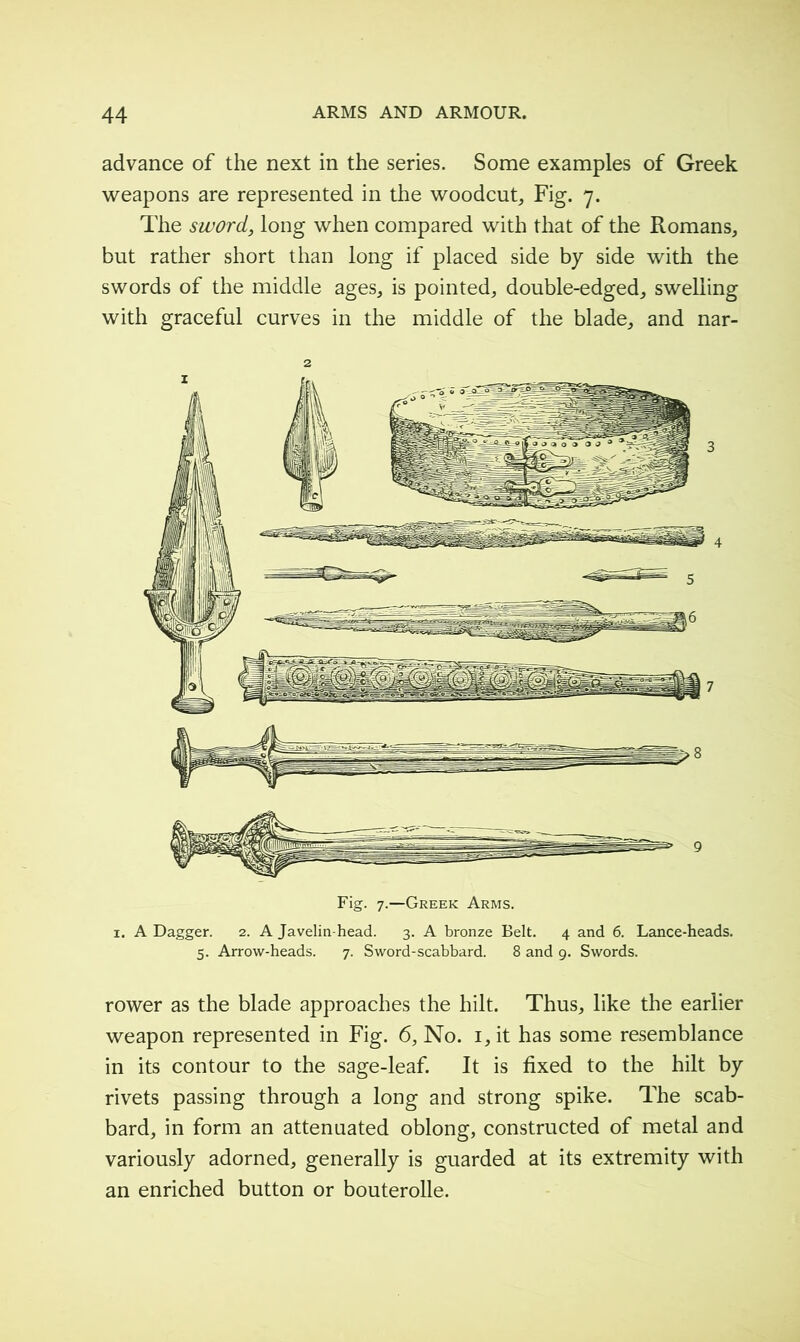 advance of the next in the series. Some examples of Greek weapons are represented in the woodcut, Fig. 7. The sword, long when compared with that of the Romans, but rather short than long if placed side by side with the swords of the middle ages, is pointed, double-edged, swelling with graceful curves in the middle of the blade, and nar- 2 Fig. 7.—Greek Arms. 1. A Dagger. 2. A Javelin-head. 3. A bronze Belt. 4 and 6. Lance-heads. 5. Arrow-heads. 7. Sword-scabbard. 8 and 9. Swords. rower as the blade approaches the hilt. Thus, like the earlier weapon represented in Fig. 6, No. i, it has some resemblance in its contour to the sage-leaf. It is fixed to the hilt by rivets passing through a long and strong spike. The scab- bard, in form an attenuated oblong, constructed of metal and variously adorned, generally is guarded at its extremity with an enriched button or bouterolle.