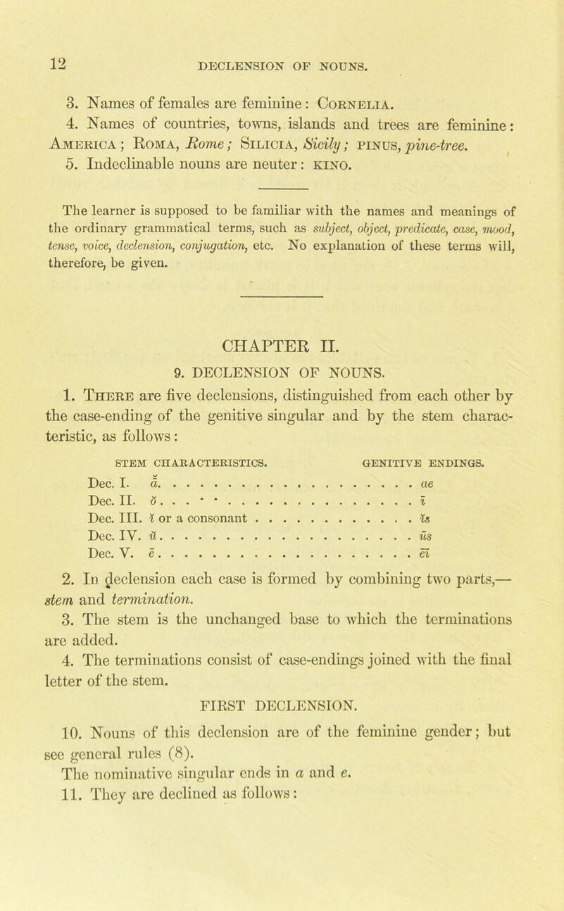 3. Names of females are feminine: Cornelia. 4. Names of countries, towns, islands and trees are feminine; America; Roma, Rome; Silicia, Sicily; fin us, pine-tree. 5. Indeclinable nouns are neuter: kino. The learner is supposed to be familiar with the names and meanings of the ordinary grammatical terms, such as subject, object, predicate, case, mood, tense, voice, declension, conjugation, etc. No explanation of these terms will, therefore, be given. CHAPTER II. 9. DECLENSION OF NOUNS. 1. There are five declensions, distinguished from each other by the case-ending of the genitive singular and by the stem charac- teristic, as follows: STEM CHARACTERISTICS. Dec. I. d Dec. II. 6 ...*•.. . Dec. III. lora consonant . Dec. IV. it Dec. V. e GENITIVE ENDINGS. . ... ae . ... i .... Is . ... US . ... ei 2. In declension each case is formed by combining two parts,— stern and termination. 3. The stem is the unchanged base to which the terminations are added. 4. The terminations consist of case-endings joined with the final letter of the stem. FIRST DECLENSION. 10. Nouns of this declension are of the feminine gender; but see general rules (8). The nominative singular ends in a and e. 11. They arc decliued as follows: