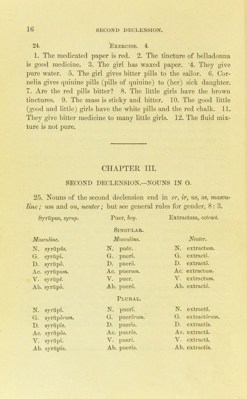 24. Exercise. 4. 1. The medicated paper is red. 2. The tincture of belladonna is good medicine. 3. The girl has waxed paper. 4. They give pure water. 5. The girl gives bitter pills to the sailor. 6. Cor- nelia gives quinine pills (pills of quinine) to (her) sick daughter. 7. Are the red pills bitter? 8. The little girls have the brown tinctures. 9. The mass is sticky and bitter. 10. The good little (good and little) girls have the white pills and the red chalk. 11. They give bitter medicine to many little girls. 12. The fluid mix- ture is not pure. CHAPTER III. SECOND DECLENSION.—NOUNS IN O. 25. Nouns of the second declension end in er, ir, us, os, mascu- line ; um and on, neuter; but see general rules for gender, 8: 3. Syrupus, syrup. Puer, boy. Extractum, extract. Singular. Masculine. Masculine. Neuter. N. syrttpws. G. syrtipi. D. syrtipo. Ac. syrupum. V. syrupg. Ab. syrtipo. N. pu6r. G. pueri. D. puero. Ac. puerum. V. puer. Ab. puero. N. extractum. G. extracti. D. extracto. Ac. extractum. Y. extractum. Ab. extracto. Plural. N. syrtipi. G. syrfiporum. D. syr tipis. Ac. syrflpos. Y. syrfipi. Ab. syrtipis. N. pueri. G. puerorum. D. pueris. Ac. pueros. V. pueri. Ab. pueris. N. extract;!. G. extract drum. D. extractls. Ac. extract!. V. extract!. Ab. extractls.