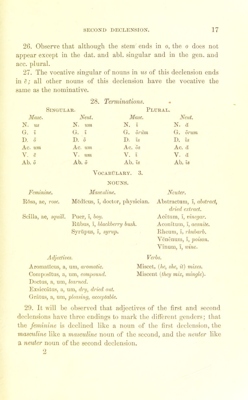 26. Observe that although the stem ends in o, the o does not appear except in the dat. and abl. singular and in the gen. and acc. plural. 27. The vocative singular of nouns in us of this declension ends in e; all other nouns of this declension have the vocative the same as the nominative. 28. Terminations. Singular. Plural. Masc. Neut. Masc. Neut. N. us N. um N. i N. a G. i G. i G. drum G. on, D. o D. d D. is D. is Ac. um Ac. um Ac. os Ac. a V. S V. um V. t V. d Ab. o Ab. 5 Ab. is Ab. is Vocabulary. 3. NOUNS. Feminine. Masculine. Itosa, ae, rose. Medlcus, I, doctor, physician. Scilla, ae, squill. Puer, i, boy. Rubus, i, blackberry bush. Syrupus, i, syrup. Neuter. Abstractum, i, abstract, dried extract. Acetum, i, vinegar. AconTtuin, i, aconite. Rheum, i, rhubarb. Venenum, i, poison. Vlnum, i, wine. Adjectives. Verbs. Aromatlcus, a, um, aromatic. Miscet, (he, she, it) mixes. Composltus, a, um, compound. Miscent (they mix, mingle). Doctus, a, um, learned. Exsiccatus, a, um, dry, dried out. Griitus, a, um, pleasing, acceptable. 29. It will be observed that adjectives of the first and second declensions have three endings to mark the different genders; that the feminine is declined like a noun of the first declension, the masculine like a masculine noun of the second, and the neuter like a neuter noun of the second declension. 2