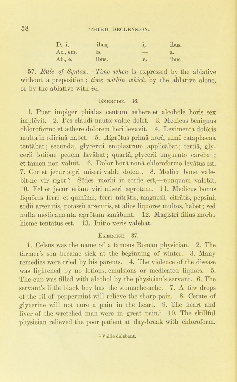 D., i, ibus, b ibus. Ac., em, es, — a. Ab., e. ibus, e, ibus. 57. Rule of Syntax.— Time when is expressed by the ablative without a preposition ; time within which, by the ablative alone, or by the ablative with in. Exercise. 36. 1. Puer impiger phialas centum sethere et alcohole horis sex implevit. 2. Pes claudi nautse valde dolet. 3. Medicus benignus chloroformo et sethere dolorem lieri levavit. 4. Levimenta doloris multa in ofhcina habet. 5. iEgrotus prima hora, ulmi cataplasma tentabat; secunda, glyceriti emplastrum applicabat; tertia, gly- cerii lotidne pedem lavabat; quarta, glycerii unguento carebat; ct tamen non valuit. 6. Dolor bora nona chloroformo levatus est. 7. Cor et jecur segri miseri valde dolent. 8. Medice bone, vale- bit-ne vir seger ? Sedes morbi in corde est,—nunquam valebit. 10. Pel et jecur etiam viri miseri segrotant. 11. Medicus bonus liquores ferri et quinince, ferri nitratis, magnesii citratis, pepsini, sodii arsenitis, potassii arsenltis, et alios liquores multos, habet; sed nulla medicamenta segrotum sanabunt. 12. Magistri filius morbo hieme tentatus est. 13. Initio veris valebat. Exercise. 37. 1. Celsus was the name of a famous Roman physician. 2. The farmer’s son became sick at the beginning of winter. 3. Many remedies were tried by his parents. 4. The violence of the disease was lightened by no lotions, emulsions or medicated liquors. 5. The cup was filled with alcohol by the physician’s servant. 6. The servant’s little black boy has the stomache-ache. 7. A few drops of the oil of peppermint will relieve the sharp pain. 8. Cerate of glycerine will not cure a pain in the heart. 9. The heart and liver of the wretched man were in great pain.1 10. The skillful physician relieved the poor patient at day-break with chloroform. i Valde dolebant.