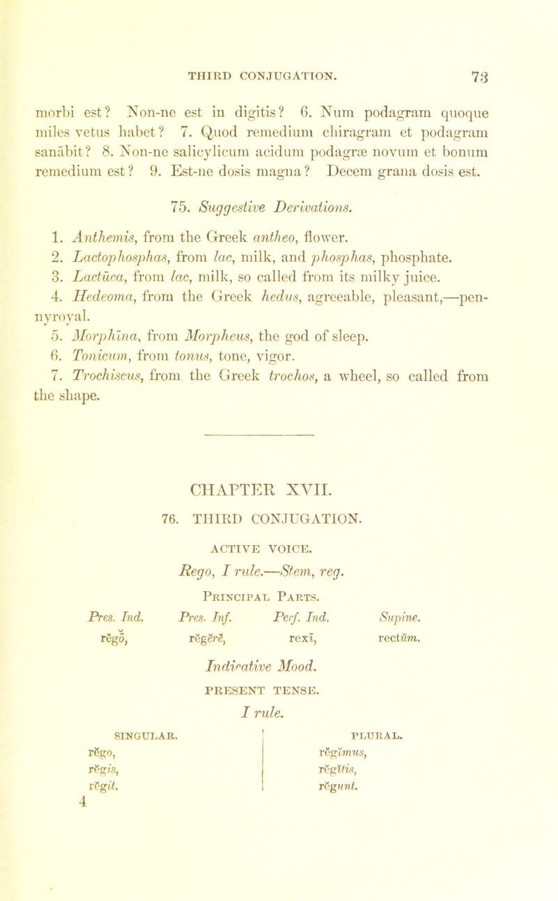 morbi est? Non-ne est in digitis? 6. Nura podagram quoque miles vetus habet ? 7. Quod remedium chiragram et podagram sanabit? 8. Non-ne salicylicum acidum podagrse novum et bonum remedium est ? 9. Est-ne dosis magna ? Decern grana dosis est. 1. Anthemis, from the Greek antheo, flower. 2. Ladophosphas, from lac, milk, and phosphas, phosphate. 3. Laduca, from lac, milk, so called from its milky juice. 4. Hedeoma, from the Greek hedus, agreeable, pleasant,—pen- nyroyal. 5. Morphlna, from Morpheus, the god of sleep. 6. Tonicum, from tonus, tone, vigor. 7. Trochiscus, from the Greek trochos, a wheel, so called from the shape. CHAPTER XVII. 76. THIRD CONJUGATION. ACTIVE VOICE. Rego, I rule.—Stem, reg. Principal Parts. 75. Suggestive Derivations. Pres. Ind. Pres■ Inf. Per/. Ind. sJ rSgo, reg Zr5, r exl, Indicative Mood. Supine. rectum. PRESENT TENSE. I rule. SINGULAR. PLURAL. rCgo, rPg/.s, rf’g d. rCgImus, rCgWis, rCgimi. 4