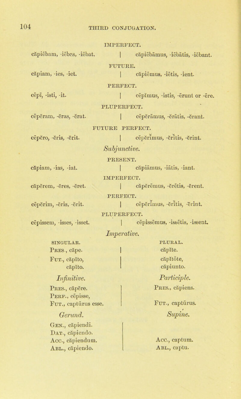 c&piebam, -iebas, -iebat. cXpiam, -ies, -iet. cepl, -isti, -it. cepSram, -gras, -Srat. IMPERFECT. c&piebamus, -iebatis, -iebant. FUTURE. capiemus, -ietis, -ient. PERFECT. cepimus, -istis, -erunt or -ere. PLUPERFECT. cepgramus, -gratis, -grant. cepgro, -gris, -grit. c&piam, -ias, -iat. FUTURE PERFECT. cepgrimus, -gritis, -grint. Subjunctive. PRESENT. c&piamus, -iatis, -iant. capSrem, -gres, -gret. IMPERFECT. capgremus, -gretis, -grent. cepgrim, -gris, -grit, cepissem, -isses, -isset. PERFECT. . - ^ . cepgrimus, -gritis, -ennt. PLUPERFECT. cepissemus, -issetis, -issent. Imperative. SINGULAR. Pres , cape. Fut., capito, capl to. Infinitive. Pres., capgre. Perf., cepisse, Fut., capturus esse. Gerund. Gen., capiendi. Dat., capiendo. Acc., capiendum. Abl., capiendo. PLURAL. capite. capitote, capiunto. Participle. Pres., capiens. Fut., capturus. f Supine. Acc., captum. Abl., captu.