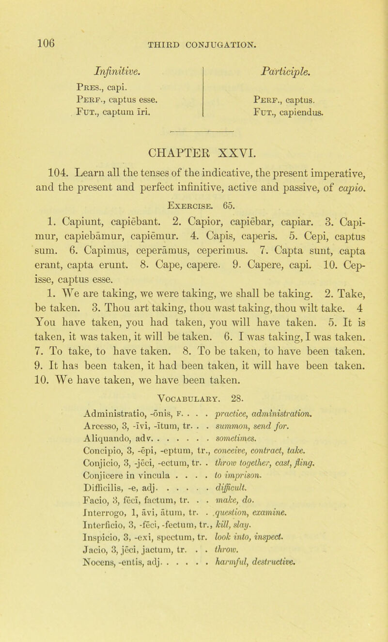 Infinitive. Pres., capi. Perf., captus esse. Fut., captum iri. Participle. Perf., captus. Fut., capiendus. CHAPTER XXVI. 104. Learn all the tenses of the indicative, the present imperative, and the present and perfect infinitive, active and passive, of capio. Exercise. 65. 1. Capiunt, capiebant. 2. Capior, capiebar, capiar. 3. Capi- mur, capiebamur, capiemur. 4. Capis, caperis. 5. Cepi, captus sum. 6. Capimus, ceperaraus, ceperimus. 7. Capta sunt, capta erant, capta erunt. 8. Cape, capere. 9. Capere, capi. 10. Cep- isse, captus esse. 1. We are taking, we were taking, we shall be taking. 2. Take, be taken. 3. Thou art taking, thou wast taking, thou wilt take. 4 You have taken, you had taken, you will have taken. 5. It is taken, it was taken, it will be taken. 6. I was taking, I was taken. 7. To take, to have taken. 8. To be taken, to have been taken. 9. It has been taken, it had been taken, it will have been taken. 10. We have taken, we have been taken. Vocabulary. 28. Administratio, -onis, F. . . . practice, administration. Arcesso, 3, -Ivi, -ltura, tr. . . summon, send for. Aliquando, adv sometimes. Concipio, 3, -epi, -eptum, tr., conceive, contract, take. Conjicio, 3, -jeci, -ectum, tr. . throw together, cast, fling. Conjicere in vincula . ... to imprison. Difficilis, -e, adj difficult. Facio, 3, feci, factum, tr. . . make, do. Jnterrogo, 1, avi, atum, tr. . .question, examine. Interficio, 3, -feci, -fectum, tr., kill, slay. Inspicio, 3, -exi, spectum, tr. look into, inspect. Jacio, 3, jeci, jactum, tr. . . throw. Nocens, -entis, adj harmful, destructive.