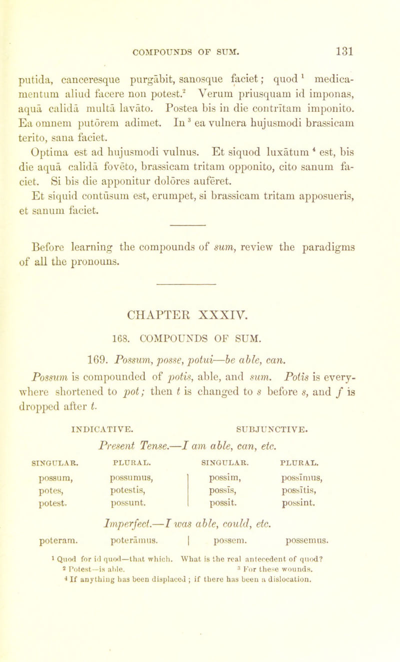 putida, canceresque purgabit, sanosque faciet; quod1 medica- mentuni aliud facere non potest.2 Verum priusquam id imponas, aqua calida multa lavato. Postea bis in die contrltam imponito. Eaomnem putorem adimet. In3 ea vulnera hujusmodi brassicam terito, sana faciet. Optima est ad hujusmodi vulnus. Et siquod luxatum 4 est, bis die aqua calida foveto, brassicam tritam opponito, cito sanum fa- ciet. Si bis die apponitur dolores auferet. Et siquid contusum est, erumpet, si brassicam tritam apposueris, et sanum faciet. Before learning the compounds of sum, review the paradigms of all the pronouns. CHAPTER XXXIV. 168. COMPOUNDS OF SUM. 169. Possum, posse, potui—be able, can. Possum is compounded of potis, able, and sum. Potis is every- where shortened to p>ot; then t is changed to s before s, and / is dropped after t. INDICATIVE. SUBJUNCTIVE. Present Tense.—I am able, can, etc. SINGULAR. PLURAL. SINGULAR. PLURAL. possum, possumus, possim, posslmus, potes, potestis, possis, possltis, potest. possunt. possit. possint. Imperfect.— I was able, could, etc. poteram. poteramus. posse m. possemus 1 Quod for id quod—that which. What is the real antecedent of quod? 2 Potest—is able. 3 For these wounds. 4 If anything has been displaced ; if there has been a dislocation.