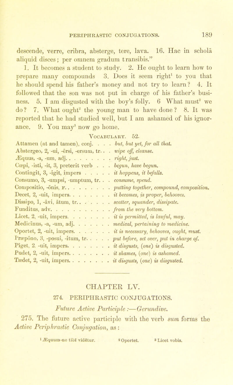 descende, verre, cribra, absterge, tere, lava. 16. Hac in schola, aliquid disees; per oranem gradum transibis.” 1. It becomes a student to study. 2. He ought to learn how to prepare many compounds 3. Does it seem right1 to you that he should spend his father’s money and not try to learn ? 4. It followed that the son was not put in charge of his father’s busi- ness. 5. I am disgusted with the boy’s folly. 6 What must2 we do? 7. What ought2 the young man to have done ? 8. It was reported that he had studied well, but I am ashamed of his ignor- ance. 9. You may3 now go home. Vocabulary. 52. Attamen (at and tamen), conj. . . . but, but yet, for all that. Abstergeo, 2, -ui, -ersi, -ersuni, tr.. . wipe off, cleanse. TEquus, -a, -am, adj right, just. Ccepi, -isti, -it, 3, preterit verb . . . begun, have begun. Contingit, 3, -igit, impers it happens, it befalls. Consumo, 3, -umpsi, -umptum, tr. . . consume, spend. Compositio, -onis, F putting together, compound, composition. Decet, 2, -uit, impers it becomes, is proper, behooves. Dissipo, 1, -avi, atum, tr scatter, squander, dissipate. Funditus, adv from the very bottom. Licet, 2, -uit, impers it is permitted, is lawful, may. Medicinus, -a, -um, adj medical, pertaining to medicine. Oportet, 2, -uit, impers it is necessary, behooves, ought, must. Praepono, 3, -posui, -itum, tr put before, set over, put in charge of. Piget, 2. -uit, impers it disgusts, (one) is disgusted. Pudet, 2, -uit, impers it shames, (one) is ashamed. Ttedet, 2, -uit, impers it disgusts, (one) is disgusted. CHAPTER LV. 274. PERIPHRASTIC CONJUGATIONS. Future Active Participle :—Gerundive. 275. The future active participle with the verb sum forms the Active Periphrastic Conjugation, as : 1 iEquurn -ne tibl vidiitur. 2 Oportet. 3 Licet vobis.