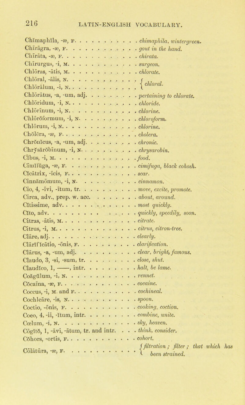 Chlmaplilla, -£», F Chiragra, -se, f „ Clnrata, -se, f Clilrurgus, -i, m Chloras, -atis, M Chloral, -alis, N Chloralum, -i, N Chloriitus, -a, -um, adj Chldridum, -i, N Chlorinum, -i, n ChlorOform um, -i, N Chlorum, -i, N Chdlera, -se, F ChrOnlcus, -a, -ura, adj Chrj/s&r6blnum, -i, N Clbus, -i, M Cimifuga, -se, F Cicatrix, -icis, f Cinn&mbmum, -i, N Cio, 4, -ivi, -itum, tr Circa, adv., prep. w. acc Cltissime, adv Clto, adv Citras, -atis, M Citrus, -i, M Clare, adj Clariflcatio, -onis, F Clarus, -a, -um, adj Claudo, 3, -si, -sum, tr Claudlco, 1, , intr Co&gtHum, -i, N COcaina, -se, F Coccus, -i, M. and F Cochleare, -is, n. ....... . Coctio, -onis, F Coeo, 4, -ii, -Itum, intr Coelurn, -i, n CogltO, 1, -avi, -atum, tr. and intr. COhors, -ortis, F Colatura, -se, F . chimaphila, wlntergreen. . gout in the hand. . chirata. . surgeon. . chlorate. | chloral. . pertaining to chlorate. . chloride. . chlorine. . chloroform. . chlorine. . cholera. . chronic. . chrysarobin. . food. . cimifuga, black cohosh. . scar. . cinnamon. . move, excite, promote. . about, around. . most quickly. . quickly, speedily, soon. . citrate. . citrus, citron-tree, clearly, clarification. i clear, bright, famous, close, shut, halt, be lame. , rennet, cocaine. . cochineal. , spoon. cooking, coction. combine, unite, sky, heaven. . think, consider, cohort. f filtration; filter; that which has 1 been strained.