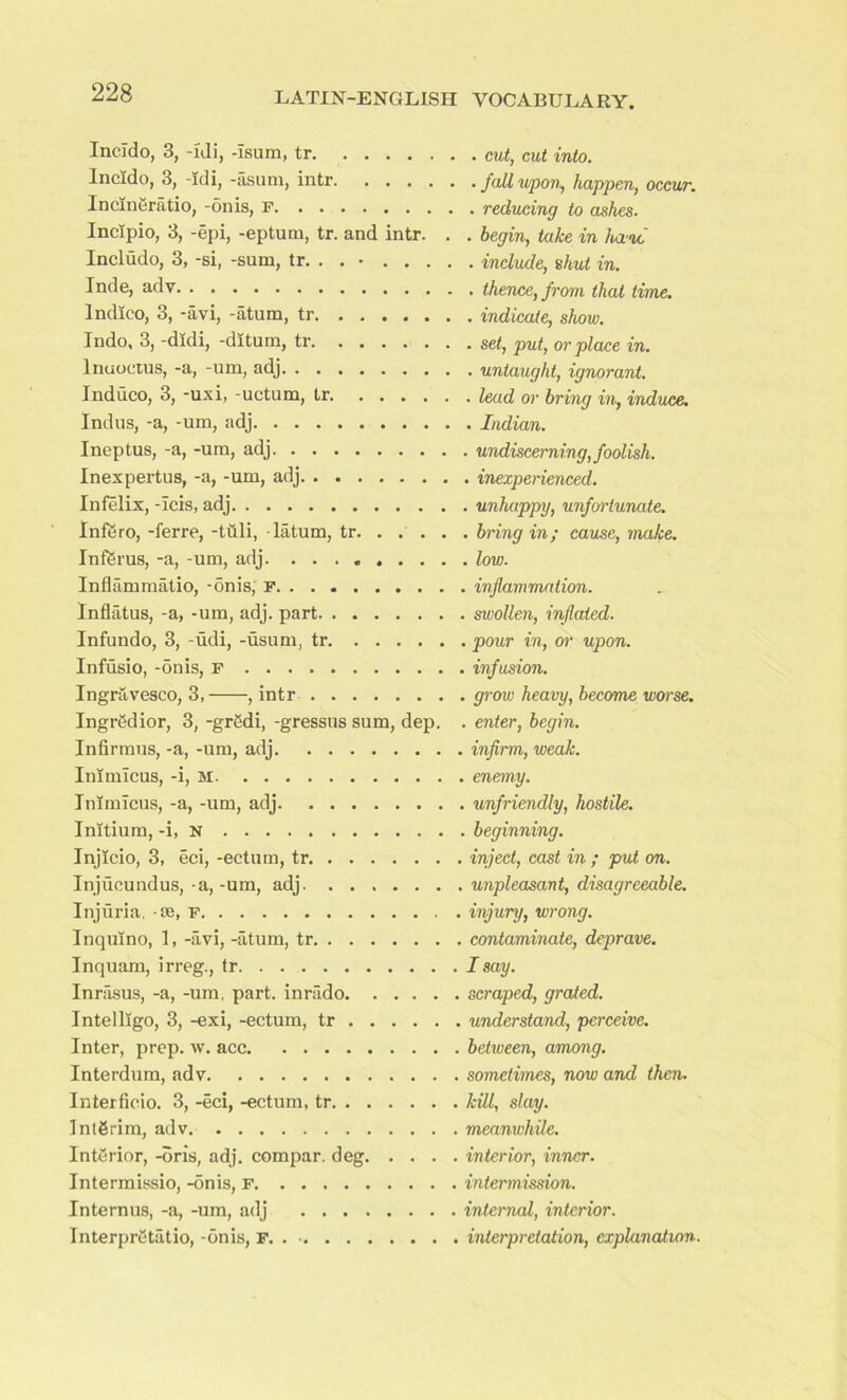 Incido, 3, -ldi, -isum, tr Incido, 3, -idi, -asum, intr Incineratio, -onis, F Inclpio, 3, -epi, -eptum, tr. and intr. Includo, 3, -si, -sum, tr. . . • ... Inde, adv Indico, 3, -avi, -atum, tr Indo, 3, -didi, -ditum, tr lnuoetus, -a, -um, adj Induco, 3, -uxi, -uctum, tr Indus, -a, -um, adj Ineptus, -a, -um, adj Inexpertus, -a, -um, adj Infelix, -Icis, adj Infero, -ferre, -ttili, latum, tr. . . . Inftirus, -a, -um, adj. ....... Inflammatio, -onis, F Inflatus, -a, -um, adj. part Infundo, 3, -udi, -usum, tr Infusio, -5nis, F Ingravesco, 3, , intr Ingrgdior, 3, -gr6di, -gressus sum, dep. Infirmus, -a, -um, adj Inimicus, -i, M Inimicus, -a, -um, adj Initium, -i, N Injicio, 3, eci, -ectum, tr Injucundus, -a, -um, adj Injuria, -te, F Inquino, 1, -avi, -atum, tr Inquam, irreg., tr Inrasus, -a, -um, part, inrado Intelligo, 3, -exi, -ectum, tr Inter, prep. w. acc Interdum, adv Interficio. 3, -eci, -ectum, tr Interim, adv Interior, -oris, adj. compar. deg. . . . Intermissio, -onis, F Internus, -a, -um, adj Interpr6tatio, -onis, F . cut, cut into. . fall upon, happen, occur. . reducing to ashes. . begin, take in Imnc . include, shut in. . thence, from that time. . indicate, show. . set, put, or place in. . untaught, ignorant. • lead or bring in, induce. . Indian. . undiscerning, foolish. . inexperienced. . unhappy, unfortunate. . bring in; cause, make. . low. . inflammation. . swollen, inflated. . pour in, or upon. . infusion. . grow heavy, become worse. . enter, begin. . infirm, weak. . enemy. . unfriendly, hostile. . beginning. . inject, cast in ; put on. . unpleasant, disagreeable. , injury, wrong. . contaminate, deprave. Isay. scraped, grated. , understand, perceive, between, among, sometimes, now and then, kill, slay, meanwhile, interior, inner, intermission, internal, interior, interpretation, explanation.