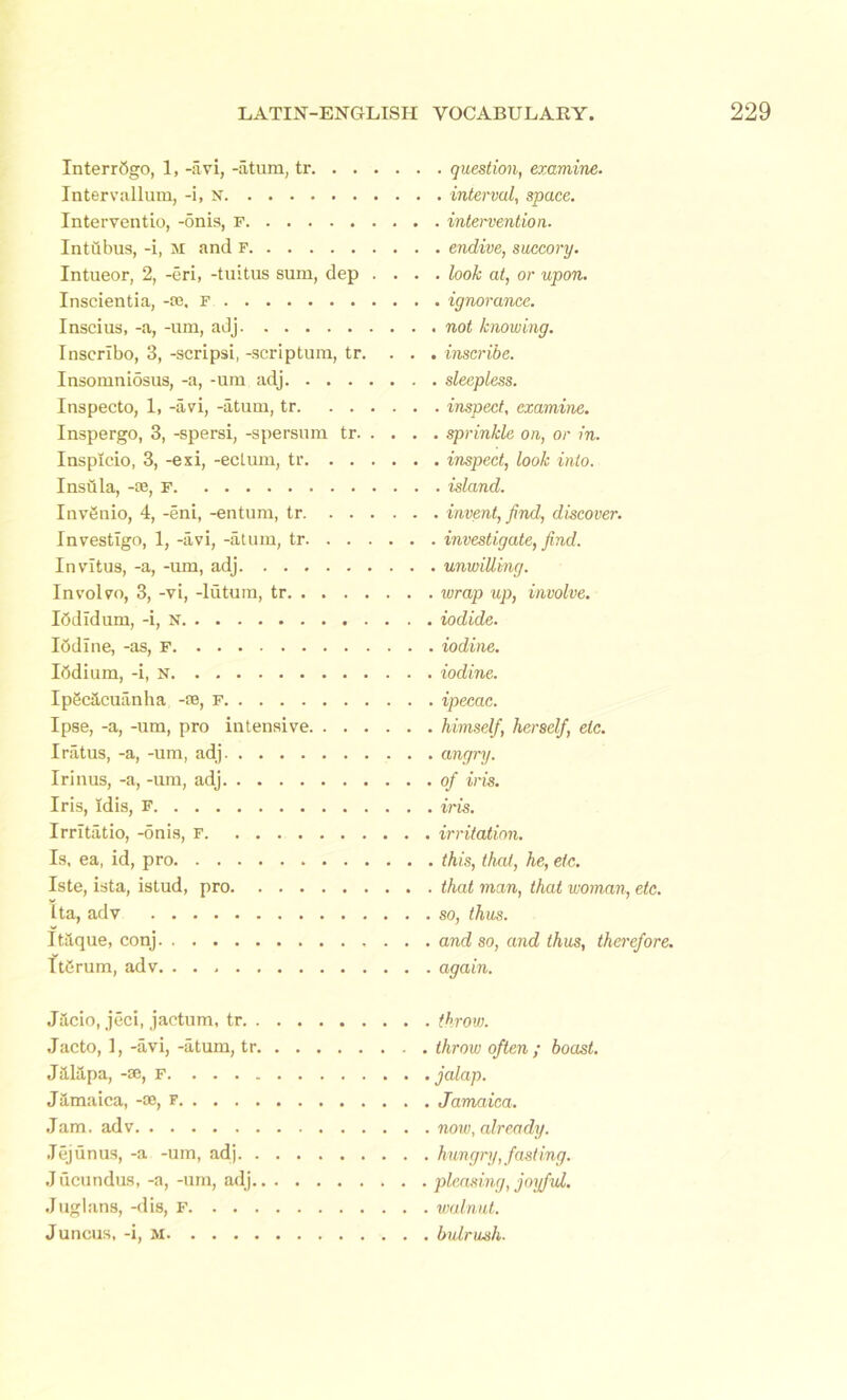 InterrOgo, 1, -avi, -atum, tr. . . Intervallum, -i, N Interventio, -onis, f Intubus, -i, AT and f Intueor, 2, -eri, -tuitus sum, dep Inscientia, -se. F Inscius, -a, -um, adj Inseribo, 3, -scripsi, -scriptum, tr. Insomniosus, -a, -um adj. . . . Inspecto, 1, -avi, -atum, tr. . . Inspergo, 3, -spersi, -spersum tr. Inspicio, 3, -esi, -eclum, tr. . . Insula, -a?, F Invgnio, 4, -eni, -entum, tr. . . Investigo, 1, -avi, -atum, tr. . . Invitus, -a, -um, adj Involvo, 3, -vi, -lutum, tr iOdidum, -i, N Ibdine, -as, f Iddium, -i, N Ipgciicuanha -as, F Ipse, -a, -um, pro intensive. . . . I rat us, -a, -um, adj Irinus, -a, -um, adj Iris, idis, F Irritatio, -onis, f Is. ea, id, pro Iste, ista, istud, pro Ita, adv Itaque, conj ItSrum, adv . question, examine. . interval, space. . intervention. . endive, succory. . look at, or upon. . ignorance. . not knowing. . inscribe. . sleepless. . inspect, examine. . sprinkle on, or in. . inspect, look into. . island. . invent, find, discover. . investigate, find. . unwilling. . wrap up, involve. . iodide. . iodine. . iodine. . ipecac. . himself, herself, etc. . angry. . of iris. . iris. , irritation. . this, that, he, etc. . that man, that woman, etc. . so, thus. . and so, and thus, therefore. . again. Jacio, jeci, jactum, tr. . Jacto, 1, -avi, -atum, tr. Jalapa, —96, F. .... Jamaica, -ce, f Jam. adv Jejunus, -a -um, adj. . Jucundus, -a, -um, adj.. Juglans, -dis, F. . . . Juncus, -i, m throw. throw often ; boast, jalap. Jamaica, now, already, hungry, fasting, pleasing, joyful, walnut, bulrush■