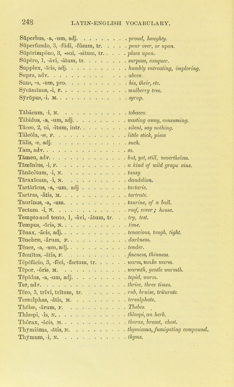 Siiperbus, a, -um, adj Superfundo, 3, -fudi, -fdsum, tr. Supfirimpono, 3, -sui, -situm, tr. Stipgro, 1, -avi, -atum, tr. . . . Supplex, -icis, adj Supra, adv Suus, -a, -um, pro Sycammus, -i, F Syriipus, -i, M •proud, haughty. pour over, or upon. place upon. surpass, conquer. humbly entreating, imploring. above. his, their, etc. mulberry tree, syrup. T&bacum, i, N Tabidus, -a, -um, adj T&ceo, 2, ui, -itum, intr Tale&la, -se, F Talis, -e, adj Tam, adv Tamen, adv Tiiminius, -i, F Tanacetum, -i, u Taraxicum, -i, n Tartaricus, -a, -um, adj Tartras, -atis, M . Taurlnus, -a, -um Tectum, -i, N Temptoand tento, 1, -avi, -atum, tr. . Tern pus, -5ris, N TSnax, -acis, adj Tenebrse, -arum, f Tener, -a, -um, adj TSnuitas, -atis, F TepSfacio, 3, -feci, -factum, tr Tgpor, -5ris, M Tepidus, -a, -um, adj Ter, adv Tero, 3, trivi, tritum, tr Tersulphas, -atis, M TliSbaj, -arum, F Thlaspi, -is, N Thdrax, -acis, M Thymiama, -titia, N Thymum, -i, N tobacco. wasting away, consuming, silent, say nothing, little stick, piece such, so. but, yet, still, nevertheless. a kind of wild grape vine. tansy. dandelion. tartaric. tartrate. taurine, of a bull, roof, cover; house, try, test, time. tenacious, tough, tight. darkness. tender. fineness, thinness, warm, make warm, warmth, gentle warmth, tepid, warm, thrice, three times, rub, bruise, triturate, tersulphate. Thebes. thlaspi, an herb, thorax, breast, chest, thymiama, fumigating compound, thyme.