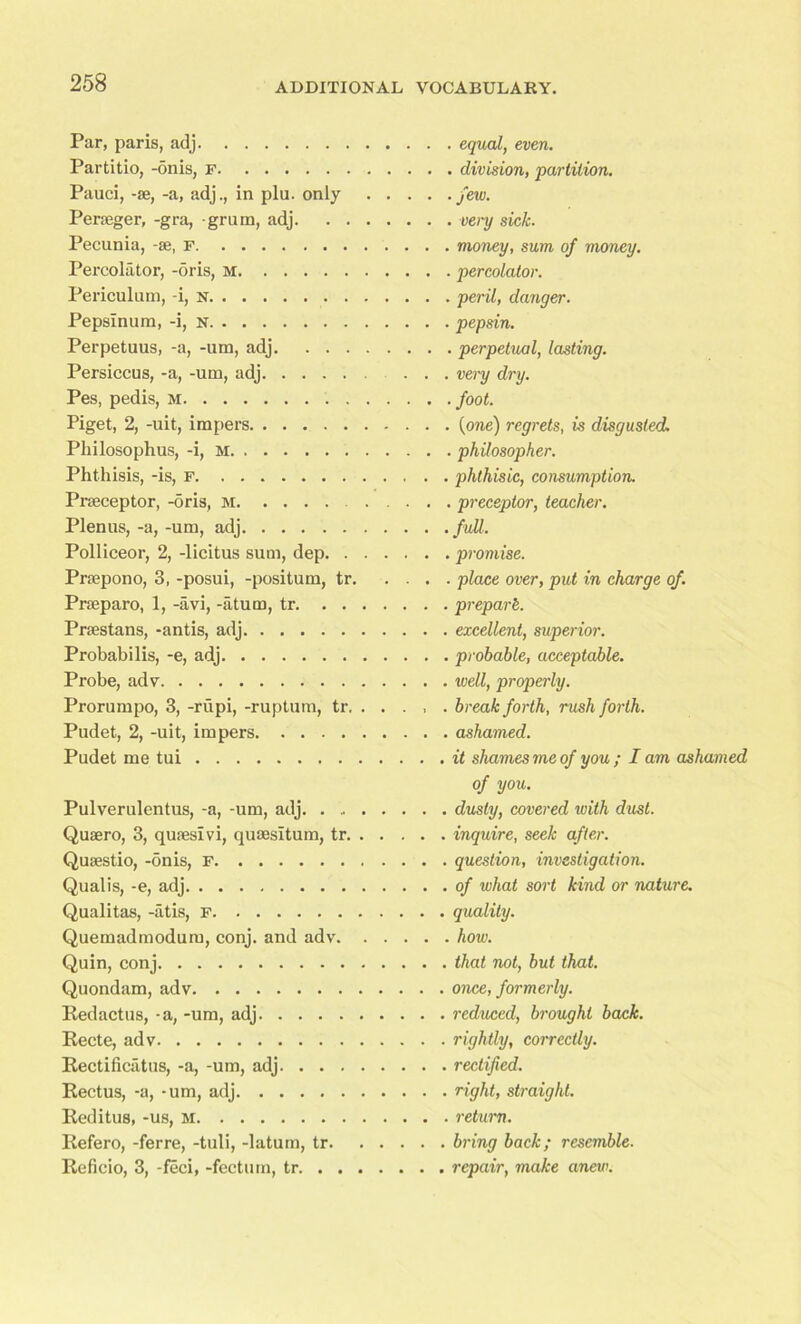 Par, paris, adj Partitio, -onis, f Pauci, -ae, -a, adj., in plu. only Peneger, -gra, -grum, adj. . . Pecunia, -se, F Percolator, -oris, M Periculum, -i, n Pepsinura, -i, n Perpetuus, -a, -urn, adj. . . . Persiccus, -a, -um, adj Pes, pedis, M Piget, 2, -uit, impers Pliilosophus, -i, M Phthisis, -is, F Prseceptor, -oris, M . Plenus, -a, -um, adj Polliceor, 2, -licitus sum, dep. . . Prsepono, 3, -posui, -positum, tr. Prseparo, 1, -avi, -atum, tr. . . . Prsestans, -antis, adj Probabilis, -e, adj Probe, adv Prorumpo, 3, -riipi, -ruptum, tr. . Pudet, 2, -uit, impers Pudet me tui Pulverulentus, -a, -um, adj. . .. . Qusero, 3, quseslvi, quaesltum, tr. . Qusestio, -onis, F Qualis, -e, adj Qualitas, -atis, F Quemadmodum, conj. and adv. . Quin, conj Quondam, adv Redactus, -a, -um, adj Recte, adv Rectificatus, -a, -um, adj Rectus, -a, -um, adj Reditus, -us, m Refero, -ferre, -tuli, -latum, tr. Reficio, 3, -feci, -fectum, tr. . . . . equal, even. . division, partition. ■ few. . very sick. money, sum of money, percolator, peril, danger, pepsin. • perpetual, lasting, very dry. ■ foot. {one) regrets, is disgusted. . philosopher, phthisic, consumption. , preceptor, teacher. full. promise. place over, put in charge of. prepare. excellent, superior, probable, acceptable, well, properly, break forth, rush forth, ashamed. it shames me of you ; I am ashamed of you. dusty, covered with dust, inquire, seek after, question, investigation, of what sort kind or nature, quality, how. that not, but that, once, formerly, reduced, brought back, rightly, correctly, rectified, right, straight, return. bring back; resemble, repair, make anew.