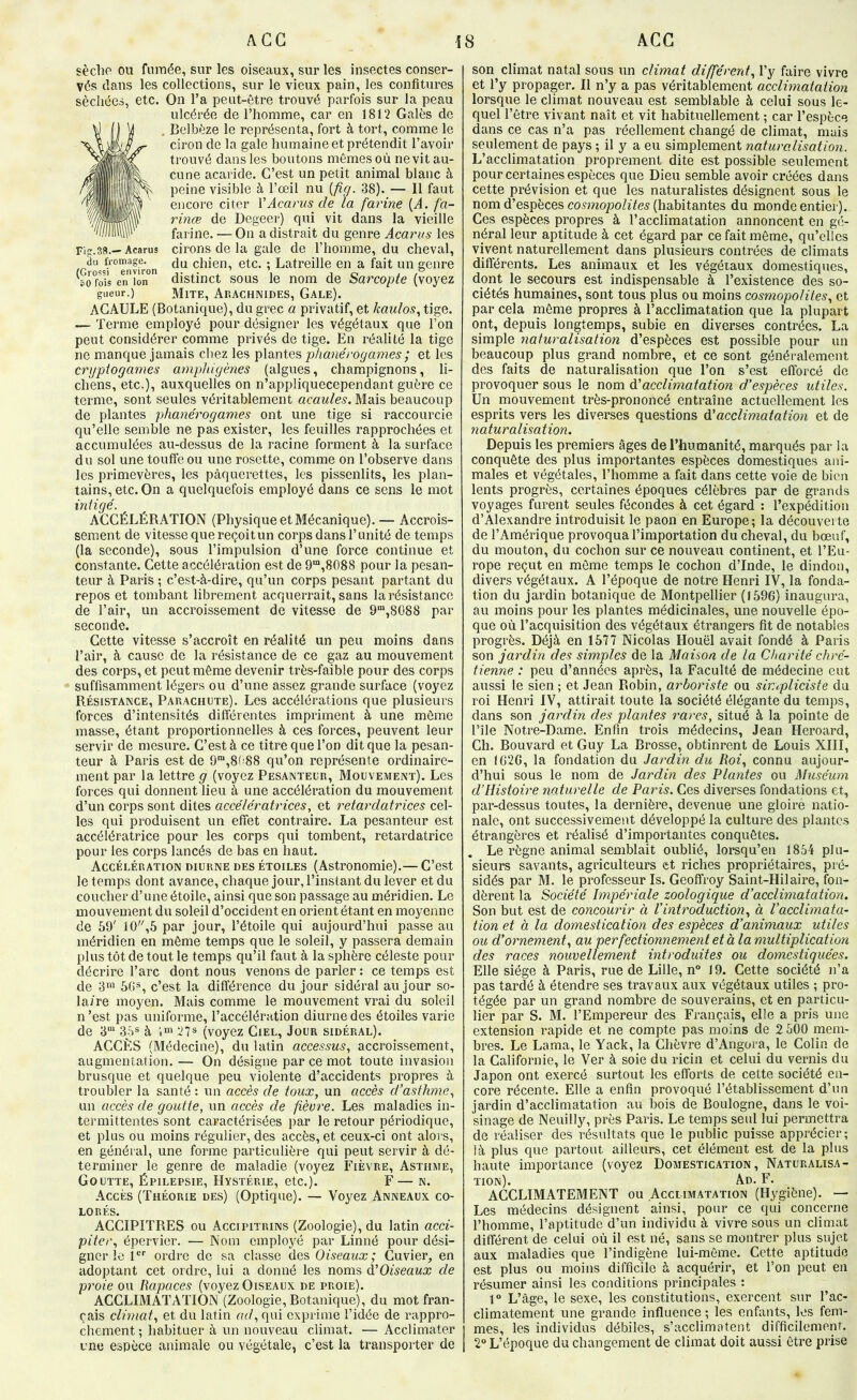 Fic:.38.— Acarus du fromage. (Grossi environ üO fois en Ion gueur.) sèdio ou fumée, sur les oiseaux, sur les insectes conser- vés dans les collections, sur le vieux pain, les confitures sècliées, etc. On l’a peut-être trouvé parfois sur la peau ulcérée de l’homme, car en 1812 Galès de Belbêze le représenta, fort à tort, comme le ciron de la gale humaine et prétendit l’avoir trouvé dans les boutons mêmes où ne vit au- cune acaride. C’est un petit animal blanc à peine visible à l’œil nu [fig. 38). — Il faut encore citer VAcarus de la farine {A. fa- rinœ de Degeer) qui vit dans la vieille farine. — On a distrait du genre Acarus les cirons de la gale de l’homme, du cheval, du chien, etc. ; Latreille en a fait un genre distinct sous le nom de Sarcopte (voyez Mite, Arachnides, Gale). AGAULE (Botanique), du grec a privatif, et kaulos^ tige. — Terme employé pour désigner les végétaux que l’on peut considérer comme privés de tige. En réalité la tige ne manque jamais ch.ez les phanéj'ogames; et les cryptogames amphigè7ies (algues, champignons, li- chens, etc.), auxquelles on n’appliquecependant guère ce terme, sont seules véritablement acaules. Mais beaucoup de plantes phané^'ogames ont une tige si raccourcie qu’elle semble ne pas exister, les feuilles rapprochées et accumulées au-dessus de la racine forment à la surface du sol une touffe ou une rosette, comme on l’observe dans les primevères, les pâquerettes, les pissenlits, les plan- tains, etc. On a quelquefois employé dans ce sens le mot iniigé. ACCÉLÉRATION (Physique et Mécanique).— Accrois- sement de vitesse que reçoit un corps dans l’unité de temps (la seconde), sous l’impulsion d’une force continue et constante. Cette accélération est de 9“,8088 pour la pesan- teur à Paris ; c’est-à-dire, qu’un corps pesant partant du repos et tombant librement acquerrait, sans la résistance de l’air, un accroissement de vitesse de 9“,8088 par seconde. Cette vitesse s’accroît en réalité un peu moins dans l’air, à cause de la résistance de ce gaz au mouvement des corps, et peut même devenir très-faible pour des corps suffisamment légers ou d’une assez grande surface (voyez Résistance, Parachute). Les accélérations que plusieurs forces d’intensités différentes impriment à une môme masse, étant proportionnelles à ces forces, peuvent leur servir de mesure. C’est à ce titre que l’on dit que la pesan- teur à Paris est de 9“,8('88 qu’on représente ordinaire- ment par la lettre g (voyez Pesanteur, Mouvement). Les forces qui donnent lieu à une accélération du mouvement d’un corps sont dites accélérab'ices, et retardatrices cel- les qui produisent un effet contraire. La pesanteur est accélératrice pour les corps qui tombent, retardatrice pour les corps lancés de bas en haut. Accélération diurne des étoiles (Astronomie).— C’est le temps dont avance, chaque jour, l’instant du lever et du coucher d’une étoile, ainsi que son passage au méridien. Le mouvement du soleil d’occident en orient étant en moyenne de 59' 10,5 par jour, l’étoile qui aujourd’hui passe au méridien en môme temps que le soleil, y passera demain plus tôt de tout le temps qu’il faut à la sphère céleste pour décrire l’arc dont nous venons de parler : ce temps est de 3™ 5(î®, c’est la différence du jour sidéral au jour so- laire moyen. Mais comme le mouvement vrai du soleil n’est pas uniforme, l’accélération diurne des étoiles varie de 3‘“ 35s à 27s (voyez Ciel, Jour sidéral). ACCÈS (Médecine), du latin accessus, accroissement, augmentation. — On désigne par ce mot toute invasion brusque et quelque peu violente d’accidents propres à troubler la santé : un accès de toux, un accès d’asthme, un accès de goutte, un accès de fièv7X. Les maladies in- termittentes sont caractérisées par le retour périodique, et plus ou moins régulier, des accès, et ceux-ci ont alors, en général, une forme particulière qui peut servir à dé- terminer le genre de maladie (voyez Fièvre, Asthme, Goutte, Épilepsie, Hystérie, etc.). F— n. Accès (Théorie des) (Optique). — Voyez Anneaux co- lorés. ACCIPITRES ou Accipitrins (Zoologie), du latin acci- piter, épervier. — Nom employé par Linné pour dési- gner le ï®' ordre de sa classe des Oiseaux; Cuvier, en adoptant cet ordre, lui a donné les noms d.’Oiseaux de pi'oie ou Rapaces (voyez Oiseaux de proie). ACCLIMATATION (Zoologie, Botanique), du mot fran- çais climat, et du latin ad, qui exprime l’idée de rappro- chement; habituer à un nouveau climat. — Acclimater une espèce animale ou végétale, c’est la transporter de son climat natal sous un climat différent, l’y faire vivre et l’y propager. Il n’y a pas véritablement acclimatation lorsque le climat nouveau est semblable à celui sous le- quel l’être vivant naît et vit habituellement ; car l’espèce dans ce cas n’a pas réellement changé de climat, mais seulement de pays ; il y a eu simplement naturalisation. L’acclimatation proprement dite est possible seulement pour certaines espèces que Dieu semble avoir créées dans cette prévision et que les naturalistes désignent sous le nom d’espèces co^mopo/iïe5 (habitantes du monde entier). Ces espèces propres à l’acclimatation annoncent en gé- néral leur aptitude à cet égard par ce fait môme, qu’elles vivent naturellement dans plusieurs contrées de climats différents. Les animaux et les végétaux domestiques, dont le secours est indispensable à l’existence des so- ciétés humaines, sont tous plus ou moins cosmopolites, et par cela même propres à l’acclimatation que la plupart ont, depuis longtemps, subie en diverses contrées. La simple naturalisation d’espèces est possible pour un beaucoup plus grand nombre, et ce sont généralement des faits de naturalisation que l’on s’est efforcé de provoquer sous le nom d'acclimatation d’espèces utiles. Un mouvement très-prononcé entraîne actuellement les esprits vers les diverses questions di acclimatation et de naturalisation. Depuis les premiers âges de l’humanité, marqués par la conquête des plus importantes espèces domestiques ani- males et végétales, l’homme a fait dans cette voie de bien lents progrès, certaines époques célèbres par de grands voyages furent seules fécondes à cet égard : l’expédition d’Alexandre introduisit le paon en Europe; la découverte de l’Amérique provoqua l’importation du cheval, du bœuf, du mouton, du cochon sur ce nouveau continent, et l’Eu- rope reçut en môme temps le cochon d’Inde, le dindon, divers végétaux. A l’époque de notre Henri IV, la fonda- tion du jardin botanique de Montpellier (1596) inaugura, au moins pour les plantes médicinales, une nouvelle épo- que où l’acquisition des végétaux étrangers fit de notables progrès. Déjà en 1577 Nicolas Houël avait fondé à Paris son jardin des simples de la Maison de la Charité chré- tienne : peu d’années après, la Faculté de médecine eut aussi le sien ; et Jean Robin, arboiHste ou sir.cpliciste du roi Henri IV, attirait toute la société élégante du temps, dans son jardin des plantes 7'ares, situé à la pointe de l’île Notre-Dame. Enfin trois médecins, Jean Heroard, Ch. Bouvard et Guy La Brosse, obtinrent de Louis XIII, en 1626, la fondation du Jai'dm du Roi, connu aujour- d’hui sous le nom de Jardin des Plantes ou Musémn d’Histoire naturelle de Paris. Ces diverses fondations et, par-dessus toutes, la dernière, devenue une gloire natio- nale, ont successivement développé la culture des plantes étrangères et réalisé d’importantes conquêtes. Le règne animal semblait oublié, lorsqu’on 1854 plu- sieurs savants, agriculteurs et riches propriétaires, pré- sidés par M. le professeur Is. Geoffroy Saint-Hilaire, fon- dèrent la Société ImpéiHale zoologique d’acclimatation. Son but est de concourir à l’inb'oauction, à l’acclimata- tion et à la domestication des espèces d’animaux utiles ou d’ornement, au perfectionnement et a la multiplication des races nouvellement introduites ou domestiquées. Elle siège à Paris, rue de Lille, n“ 19. Cette société n’a pas tardé à étendre ses travaux aux végétaux utiles ; pro- tégée par un grand nombre de souverains, et en particu- lier par S. M. l’Empereur des Français, elle a pris une extension rapide et ne compte pas moins de 2 500 mem- bres. Le Lama, le Yack, la Chèvre d’Angora, le Colin de la Californie, le Ver à soie du ricin et celui du vernis du Japon ont exercé surtout les efforts de cette société en- core récente. Elle a enfin provoqué l’établissement d’un jardin d’acclimatation au bois de Boulogne, dans le voi- sinage de Neuilly, près Paris. Le temps seul lui permettra de réaliser des résultats que le public puisse apprécier; là plus que partout ailleurs, cet élément est de la plus haute importance (voyez Domestication, Naturalisa- tion). Ad. F. ACCLIMATEMENT ou Acclimatation (Hygiène). — Les médecins désignent ainsi, pour ce qui concerne l’homme, l’aptitude d’un individu à vivre sous un climat différent de celui où il est né, sans se montrer plus sujet aux maladies que l’indigène lui-même. Cette aptitude est plus ou moins difficile à acquérir, et l’on peut en résumer ainsi les conditions principales : 1“ L’âge, le sexe, les constitutions, exercent sur l’ac- climatement une grande influence ; les enfants, les fem- mes, les individus débiles, s’acclimatent difficilement. 2“ L’époque du changement de climat doit aussi être prise