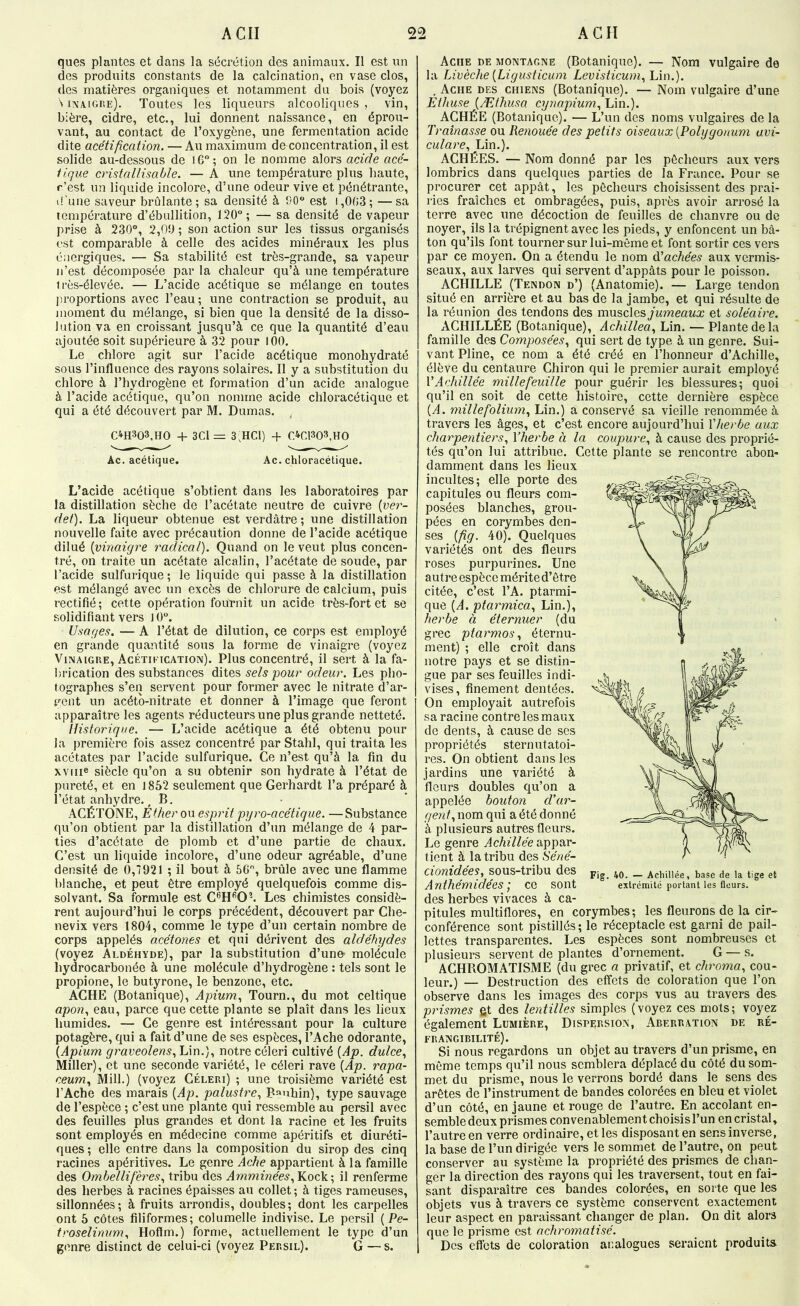 ques plantes et dans la sécrétion des animaux. Il est un des produits constants de la calcination, en vase clos, des matières organiques et notamment du bois (voyez \ IXA.IGP.E). Toutes les liqueurs alcooliques , vin, bière, cidre, etc., lui donnent naissance, en éprou- vant, au contact de l’oxygène, une fermentation acide dite acétification. — Au maximum déconcentration, il est solide au-dessous de IG”; on le nomme alors acide acé- tique cristallisable. — A une température plus haute, r’est un liquide incolore, d’une odeur vive et pénétrante, d’une saveur brûlante ; sa densité à PO est i ,003 ; — sa température d’ébullition, 120; — sa densité de vapeur prise à 230, 2,00 ; son action sur les tissus organisés est comparable à celle des acides minéraux les plus énergiques. — Sa stabilité est très-grande, sa vapeur n’est décomposée par la chaleur qu’à une température irès-élevée. — L’acide acétique se mélange en toutes ju’oportions avec l’eau; une contraction se produit, au moment du mélange, si bien que la densité de la disso- lution va en croissant jusqu’à ce que la quantité d’eau ajoutée soit supérieure à 32 pour 100. Le chlore agit sur l’acide acétique monohydraté sous l’influence des rayons solaires. Il y a substitution du chlore à l’hydrogène et formation d’un acide analogue à l’acide acétique, qu’on nomme acide chloracétique et qui a été découvert par M. Dumas. , C4H303,H0 + 3C1=: 3,HCl) 001303,HO Ac. acétique. Ac. chloracétique. L’acide acétique s’obtient dans les laboratoires par la distillation sèche de l’acétate neutre de cuivre (uer- det). La liqueur obtenue est verdâtre ; une distillation nouvelle faite avec précaution donne de l’acide acétique dilué [vinaigre radical). Quand on le veut plus concen- tré, on traite un acétate alcalin, l’acétate de soude, par l’acide sulfurique; le liquide qui passe à la distillation est mélangé avec un excès de chlorure de calcium, puis rectifié; cette opération fournit un acide très-fort et se solidifiant vers 10. Usages. — A l’état de dilution, ce corps est employé en grande quantité sous la lorme de vinaigre (voyez Vinaigre, Acétii'ication). Plus concentré, il sert à la fa- brication des substances dites sels pour odeur. Les pho- tographes s’en servent pour former avec le nitrate d’ar- gent un acéto-nitrate et donner à l’image que feront apparaître les agents réducteurs une plus grande netteté. Historique. — L’acide acétique a été obtenu pour la première fois assez concentré par Stahl, qui traita les acétates par l’acide sulfurique. Ce n’est qu’à la fin du XV me siècle qu’on a su obtenir son hydrate à l’état de pureté, et en 1852 seulement que Gerhardt l’a préparé à l’état anhydre., B. ACÉTONE, ou esprit pyro-acétique. —Substance qu’on obtient par la distillation d’un mélange de 4 par- ties d’acétate de plomb et d’une partie de chaux. C’est un liquide incolore, d’une odeur agréable, d’une densité de 0,7921 ; il bout à 6G, brûle avec une flamme blanche, et peut être employé quelquefois comme dis- solvant. Sa formule est C^H'^Oh Les chimistes considè- rent aujourd’hui le corps précédent, découvert par Che- nevix vers 1804, comme le type d’un certain nombre de corps appelés acétones et qui dérivent des aldéhydes (voyez Aldéhyde), par la substitution d’une^ molécule hydrocarbonée à une molécule d’hydrogène : tels sont le propione, le butyrone, le benzone, etc. ACHE (Botanique), Apium., Tourn., du mot celtique apon., eau, parce que cette plante se plaît dans les lieux humides. — Ce genre est intéressant pour la culture potagère, qui a fait d’une de ses espèces, l’Ache odorante, [Apium graveolens., Lin.), notre céleri cultivé [Ap. dulce.^ Miller), et une seconde variété, le céleri rave [Ap. rapa- ceum.^ Mill.) (voyez Céleri) ; une troisième variété est l’Ache des marais [Ap. palustre.^ P^nhin), type sauvage de l’espèce ; c’est une plante qui ressemble au persil avec des feuilles plus grandes et dont la racine et les fruits sont employés en médecine comme apéritifs et diuréti- ques ; elle entre dans la composition du sirop des cinq racines apéritives. Le genre Ache appartient à la famille des Ombellifères., tribu des Kock; il renferme des herbes à racines épaisses au collet ; à tiges rameuses, sillonnées; à fruits arrondis, doubles; dont les carpelles ont 5 côtes filiformes; columelle indivise. Le persil [Pe- troselinum., Hoflm.) forme, actuellement le type d’un genre distinct de celui-ci (voyez Persil). G — s. Aciie de montagne (Botanique). — Nom vulgaire de la Livèche [Ligusticum Levisticum., Lin.). , Ache des chiens (Botanique). — Nom vulgaire d’une Ethuse [Æthusa cyympium., Lin.). AGHÉE (Botanique). — L’un des noms vulgaires de la Traînasse ou Renouée des petits oiseaux [Polygonum avi- culare., Lin.). ACHÉES. — Nom donné par les pêcheurs aux vers lombrics dans quelques parties de la France. Pour se procurer cet appât, les pêcheurs choisissent des prai- ries fraîches et ombragées, puis, après avoir arrosé la terre avec une décoction de feuilles de chanvre ou de noyer, ils la trépignent avec les pieds, y enfoncent un bâ- ton qu’ils font tourner sur lui-même et font sortir ces vers par ce moyen. On a étendu le nom (Tachées aux vermis- seaux, aux larves qui servent d’appâts pour le poisson. ACHILLE (Tendon d’) (Anatomie). — Large tendon situé en arrière et au bas de la jambe, et qui résulte de la réunion des tendons des vo\x?>c\e^s jumeaux et soléaire. ACHILLÉE (Botanique), Achillea., Lin. — Plante de la famille des Composées.^ qui sert de type à un genre. Sui- vant Pline, ce nom a été créé en l’honneur d’Achille, élève du centaure Chiron qui le premier aurait employé VAchillée millefeuille pour guérir les blessures; quoi qu’il en soit de cette histoire, cette dernière espèce [A. millefolium., Lin.) a conservé sa vieille renommée à travers les âges, et c’est encore aujourd’hui Vherhe aux charpentiers., Yherbe à la coupure., à cause des proprié- tés qu’on lui attribue. Cette plante se rencontre abon- damment dans les lieux incultes; elle porte des capitules ou fleurs com- posées blanches, grou- pées en corymbes den- ses [fig. 40). Quelques variétés ont des fleurs roses purpurines. Une auti*e espèce mérite d’être citée, c’est l’A. ptarmi- que [A. ptarmica., Lin.), herbe à éternuer (du grec ptarmoséternu- ment) ; elle croît dans notre pays et se distin- gue par ses feuilles indi- vises, finement dentées. On employait autrefois sa racine contre les maux de dents, à cause de scs propriétés sternutatoi- res. On obtient dans les jardins une variété à fleurs doubles qu’on a appelée bouton d'ar- gent., nom qui a été donné à plusieurs autres fleurs. Le genre Aappar- tient à la tribu des P>éné- cionidées, sous-tribu des Anthémidées ] ce sont des herbes vivaces à ca- pitules multiflores, en corymbes; les fleurons de la cir- conférence sont pistillés ; le réceptacle est garni de pail- lettes transparentes. Les espèces sont nombreuses et plusieurs servent de plantes d’ornement. G — s. ACHROMATISME (du grec a privatif, et chroma, cou- leur.) — Destruction des effets de coloration que l’on observe dans les images des corps vus au travers des prismes fit des lentilles simples (voyez ces mots; voyez également Lumière, Dispersion, Aberration de ré- frangibilité). Si nous regardons un objet au travers d’un prisme, en même temps qu’il nous semblera déplacé du côté du som- met du prisme, nous le verrons bordé dans le sens des arêtes de l’instrument de bandes colorées en bleu et violet d’un côté, en jaune et rouge de l’autre. En accolant en- semble deux prismes convenablement choisisl’un en cristal, l’autre en verre ordinaire, et les disposant en sens inverse, la base de l’un dirigée vers le sommet de l’autre, on peut conserver au système la propriété des prismes de chan- ger la direction des rayons qui les traversent, tout en fai- sant disparaître ces bandes colorées, en sorte que les objets vus à travers ce système conservent exactement leur aspect en paraissant changer de plan. On dit alors que le prisme est achromatisé. Des eficts de coloration analogues seraient produits