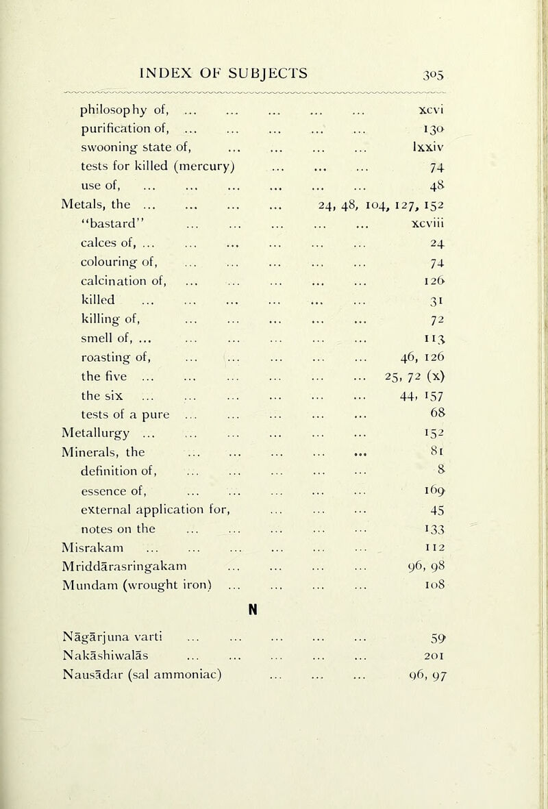 philosophy of, purification of, swooning state of, tests for killed (mercury) use of. Metals, the ... “bastard” calces of, ... colouring of, calcination of, killed killing of, smell of, ... roasting of, the five the six tests of a pure Metallurgy ... Minerals, the definition of, essence of, external application for, notes on the Misrakam Mriddarasringakam Mundam (wrought iron) N xevi 130 Ixxiv 74 24, 48, I 48 04, 127, 152 xcviii 24 74 I2(> 31 72 11,3 46, 126 25. 72 (x) 44. 157 68 152 81 8 169 45 133 112 y6, 98 108 Nagarjuna varti ... ... ... ... ... 59 Nakashiwalas ... ... ... ... ... 201 Nausadar (sal ammoniac) ... ... ... 96,97