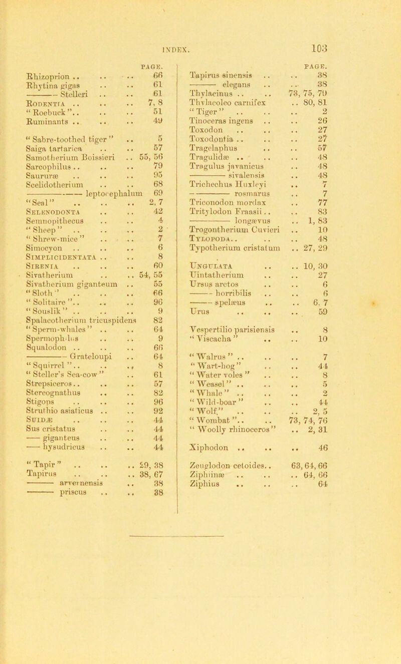 Rhizoprion .. PAGE. r>fi ithytina gigas 61 Stelleri 61 Rodentfa .. 7, 8 Roebuck”.. 51 Ruminants .. 4y “ Sabre-tootbetl tiger ” 5 Saiga tartariea 57 Samotherium Boissieri 55, 56 Sarcophilus .. 79 Saururse .. .. 95 Scelidotherium 68 Seal” 2, 7 Selenodonta 42 Semnopitliecus 4  Sheep ” 2 “ Shrew-mice ” 7 Simocyon 6 SlMPLICIDENTATA . . 8 SlRENIA 60 Sivatherium 54, 55 Sivatherium giganteum 55 “ Sloth •’ .. 66 Solitaire”.. .. 96 Souslik” .. 9 Spalacotherium tricuspidens 82 “ Sperm-whales .. 64 Spermophli.s 9 Squalodon .. 6f» Grateloupi 64 “ Squirrel ”.. “ Steller’s Sea-cow ” • • 8 61 Strepsieeros.. 57 Stereognatlius .. 82 Stigops 96 Struthio asiaticus .. 92 SU1DA3 44 Sus cristatus 44 giganteus 44 hysudricus 44  Tapir ” .. 29, 38 38, 67 Tapirus aryevnensis 38 priscus 38 PAGE. Tapirus sinensis 38 elegans 38 Thvlaeinus .. 73, 75, 79 Thvlacoleo carnifex .. 80, 81 Tiger” .. 2 Tinoceras ingens 26 Toxodon 27 Toxodontia .. 27 Tragelaphus 57 Tragulidse .. 48 Tragulus javanicus 48 sivalensis 48 Trichechus Huxleyi f- • • / rosm ariis 7 Triconodon mordax 77 Tritylodon Frnasii.. 83 longcevus .. 1,83 Trogontherium Cuvieri 10 Tylopoda.. 48 Typotherium cristatum .. 27,29 Ungfeata .. 10, 30 Uintatherium 27 Ursus arctos 6 horribilis 6 spelseus .. .. 6. 7 Urus 59 Yespertilio parisiensis 8 Viscacha” .. 10 Walrus” .. 7 “Wart-hog” 44 “ Water voles ” 8 “ Weasel ” .. .. 5 “Whale” .. 2 Wild-boar” 44 “ Wolf.” .. 9 4 . . 'J “ Wombat ”.. 73, 74, 76 “ Woolly rhinoceros” .. 2,31 Xiphodon ,. .. 46 Zeuglodon cetoides.. 63,64,66 Ziphiinaj .. 04, 66 Ziphius 64