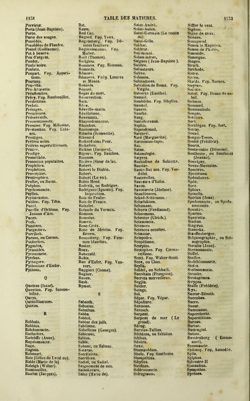 1151 Porriciæ. Porta (Jean-Baptiste). Porte. Porte des songes. Possédés. Possédées de Flandre. Postel (Guillaume). Pot à beurre. Pou d’argent. Poudot. Poule noire. Poulets. Poupart. Voy. Appari- tions. Pourang. Pou-S h a. Pra-Ariaseria. Préadamites. Préey. Voy. Rambouillet. Prédictions. Prelati. Présages. Prescience. Préservatifs. Pressentiments. Pressine. Voy. Mélnsine. Preslautius. Voy. Exta- ses. Prestiges. Prêtres noirs. Prières superstitieuses. Prisier. Prodige. Prométhée. Pronostics populaires. Prophètes. Prophéties. Proserpine. Prostrophies. Pruflas, ou Busas. Pséphos. Psychoinancie. Psylles. Psylotoxotes. Publius. Voy. Tête. Pucel. Pucelle d'Orléans. Voy. Jeanne d’Arc. Puces. Puck. Punaises. Purgatoire. Purrikeh. Pursan, ou Curson. Pnléorites. Pygmées, Pyramides. Pyroinancie. Pyrrhus. Pythagore. Pythonisse d’Endor. Pythons, Q Queiran (rsaac). Question. Voy. Insensi- bilité. Queys. Quintillianist-es. Quirim. R Rabbats. Rabbins. Rabdomancie. Rachaders. Radclifife (Anne). Ragalomancie. Rage. Raginis. Rahouart. Raiz (Gilles de Laval de). Raide (Marie de la) Raleigh (Walter). Rambouillet. Riollel (Jacques). TABLE DES Rat. Raum. Red Cap. Regard. Voy. Yeux. Regensberg. Voy. Dé- mons familiers. Regiomouianus. Voy. Muller. Reid (Thomas). Religion. Remmon. Voy. Rimmon. Remords. Rémore. Rémures. Voêy. Lmures et Mines. Renards. Réparé. Repas du mort. Résurrection. Retz. Rêve. Réveille-matin. Révélations. Revenants. Rhapsodomancie. Rhombus. Rhotomago. Ribadin (Jeannette). Ribenzsl. Richard sans Peur. Richelieu. Rickius (Jacques). Rigoux. Voy. Bacchus. Rimmon. Rivière (Sieur de lai. Robert. Robert le Diable. Robert. Robert (Le roi). Robin Hood. Roderik, ou Rodrigue. Rodriguez (Ignazio). Voy. Inquisition. Rois de l’enfer. Rois de France. Roitelet. Rolande du Vernois. Romans. Romulus. Ronwe. Rose-Croix. Rose de Jéricho. Voy. Brown. Rosemberg. Voy. Fem- mes blanches. Rosier. Roux. Rubezahl. Rubis. Rue d’Eufer. Voy. Vau- vert. Ruggieri (Cosme). Rugner. Runes. Rush. Rymer. S Sabaoth. Sabasius. Sabathan. Sabba. Sabbat. Sabbat des juifs. Sabéisme. Sabellicus (Georges). Sabienus. Sabins. Sable. Sabnae, ou Salmac. Sacaras. Saccilaires. Sacrilices. Sadial, ou Sadiel. Saignement de nez. Sainokavara. Saius (Marie de). MATIERES. Saint-André. Saint-Aubin. Saint-Germain (Le comte de). Saint-Gille. Sakhar. Sakhrat. Sakimouni. Salamandres, Salgues ( Jean-Baptiste ). Salière. Salisateurs. Salive. Salomon. Salutadores. Salvation de Rome. Voy. Virgile. Salverte (Eusèbe). Samaël. Sambèthe. Voy. Sibylles. Samuel. Sanave. Sanche. Sang. Santab.irenus. Saphis. Sapoudomad. Sarcucii. Saré (Marguerite). Sarmeuius-lapis. Sas. Satan. Satanologie. Satyres. Saubadine de Subiette. Sausine. Saute-Bui son. Voy. Arer- delet. Sauterelles. Sauveurs d’Italie. Savon. Savonarole (Jérôme). Scandinaves. Schad-Schivaoun.- Schadukiam. Schamans. Scherlz (Ferdinand). Schoumnus. Schroter (Ulrich.). Sciamancie. Sciences. Sciences occultes. Scimasar. Seiopodes. Scopélisme. Scorpion. Scotopites. Voy. Circon- cellions. Scott. Voy. Walter-Scott. Scox, ou Chax. Scylla. Sebhil, ou Sebhaël. Secrétain (Françoise). Secrets merveilleux. Segjin. Seidur. Seings. Sel. Sépar. Voy. Vépar. Sépulture. Sermons. Serosch. Serpent. Serpent de mer ( Le grand). Sérug. Servius-Tullius. Séthiens, ou Séthiles. Sétlius. Sévère. Sexe. Sliamavédam. Shelo. Voy. Southcote. Shoupeltiris. Sibylles. Sicidites. Sidéromancie. Sidragasum, 1152 Siffler le vent. Sigéani. Signe de croix. Silènes. Simagorad. Simon le Magicien. Simon de Phares. Simonide. Simorgue. Singes. Siraih. Sirchade. Sistre. Sitiim. Skalda. Voy. Nornes. Smyrne. Soc aie. Soleil. Voy. Danse du so- leil. Soliman. Sommeil. Somnambule. Songes. Sorciers. Sort. Sortilèges. Voy. Sort. Sotray. Souail. Sougai-Toyon. Soulié (Frédéric). Souris. Souterrains (Démons). Southcote, ou Southcott (Jeanne). Sou vigny. Sovas-Munusins. Spectres. Speciriana. Spéculaires. Spée. S per. Sphinx. Spinelio. Spirinx (Jean). Spodomancie, ou Spoda- nomancie. Spunkie. Spurina. Squelette. Stadius. Stagirus. Stanoska. Siauffeuberger. Stégaaographie, ou Sté- nographie. Steinlin (Jean). Sternomancie. Siffle!. Slolller. Stoïchéomancie. Stol is. Siolisomaucie. Slrasile. Stratagèmes. Qt Stuffe (Frédéric), Siyx. Succor-Bénoth. Succubes. Sucre. Sueur. Summanus. Supercherie. Superstitions. Sureau. Surtur. Sustrugiel. Suttee. Swedenborg ( Emma- nuel). Sycomancie. Sy.donay. Voy. Asmodée. Sylla. Sylphes. Sylvestre II Symandius. Sympathie. Svrènes.