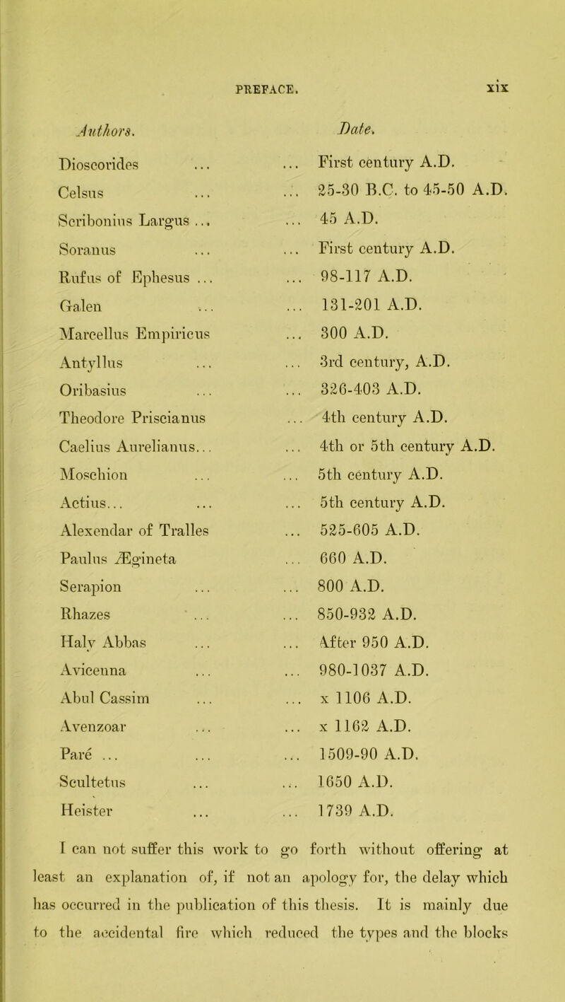 Jutkors. Date. Dioscorides ... First century A.D. Celsus ... 25-30 B.C. to 45-50 A.D. Scribonius Largus ... ... 45 A.D. Soi’anus First century A.D. Rufus of Ephesus ... ... 98-117 A.D. Galen ... 131-201 A.D. Marcellas Empiricus ... 300 A.D. Antyllus 3rd century, A.D. Oribasius ... 326-403 A.D. Theodore Priscianus 4th century A.D. Caelius Aurelianus... 4th or 5th century A.D. Moschion 5th century A.D. Actius... 5th century A.D. Alexendar of Tralles ... 525-605 A.D. Paulus iEgineta ... 660 A.D. Serapion ... 800 A.D. Rhazes ... 850-932 A.D. Halv Abbas ... After 950 A.D. Aviceuna ... 980-1037 A.D. Abul Cassim ... x 1106 A.D. Avenzoar ... x 1162 A.D. Pare ... ... 1509-90 A.D. Scultetus ... 1650 A.D. Heister ... 1739 A.D. T can not suffer this work to go forth without offering at least an explanation of, if not an apology for, the delay which has occurred in the publication of this thesis. It is mainly due to the accidental fire which reduced the types and the blocks