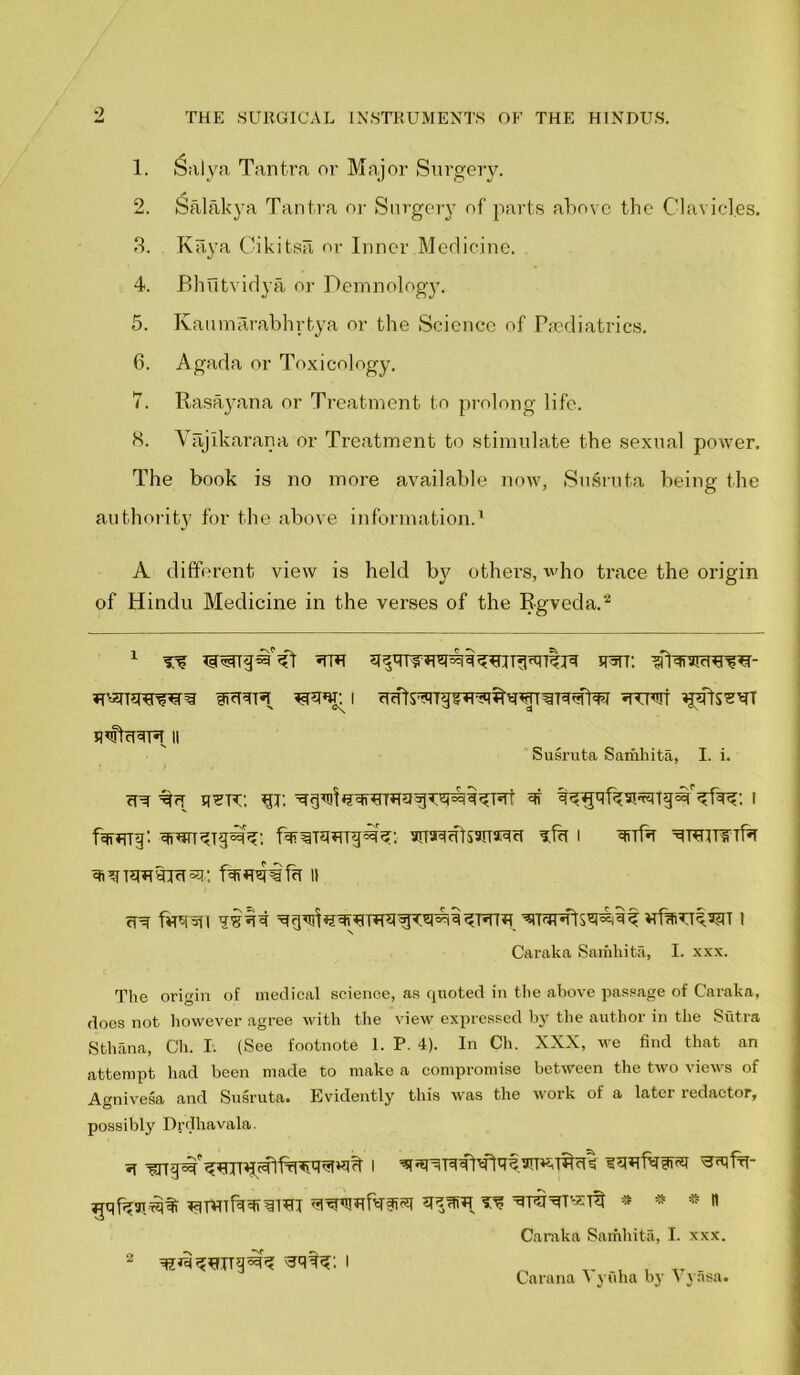 1. Salya Tan fra or Major Surgery. 2. Salakya Tantra or Surgery of parts above the Clavicl.es. 3. Kay a Cikitsa or Inner Medicine. 4. Bhiitvidya or Deinnology. 5. Kaumarabhrtya or the Science of Psediatrics. 6. Agada or Toxicology. 7. Rasayana or Treatment to prolong life. 8. Vajlkarana or Treatment to stimulate the sexual power. The book is no more available now, Susruta being the authority for the above information.1 A different view is held by others, who trace the origin of Hindu Medicine in the verses of the Rgveda.2 juftcurur ii Susruta Samliita, I. i. 41 <r ij: i f^uTg' ?fu i Rrrbr rf^f fuRSH I Caraka Samliita, I. xxx. The origin of medical science, as quoted in the above passage of Caraka, does not however agree with the view expressed by the author in the Sutra Sthana, Ch. I. (See footnote 1. P. 4). In Ch. XXX, we find that an attempt had been made to make a compromise between the two views of Agnivesa and Susruta. Evidently this was the work of a later redactor, possibly Drdhavala. ^TMlfWllMT H Caraka Samliita, I. xxx. 2 Carana Vyuha by Vyasa.