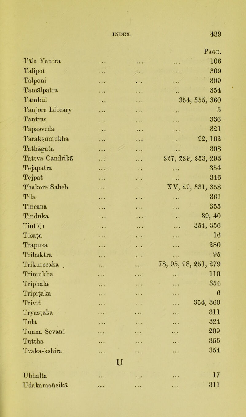 Page. Tala Yantra ... ... 106 Talipot 309 Talponi 309 Tamalpatra 354 Tambul 354, 355, 860 Tanjore Library 5 Tantras 336 Tapasveda 321 Taraksumukha 92,102 Tatbagata 308 Tattva Candrika 227, 229, 253, 293 Tejapatra 354 Tejpat 346 Tbakore Saheb ... ... XY, 29, 331, 358 Tila 361 Tincana 355 Tinduka 89,40 Tintidl 354, 356 Tisata 16 Trapusa 280 Tribaktra 95 Trikurccaka 78, 95, 98, 251, 279 Trimukha no Triphala 354 Tripitaka 6 Trivit 354,360 Tryastaka 311 Tula 324 Tunna Sevan! ... 209 Tuttha 355 Tvaka-ksbira 354 u Ubhalta 17 Udakamancika • • • ... 311