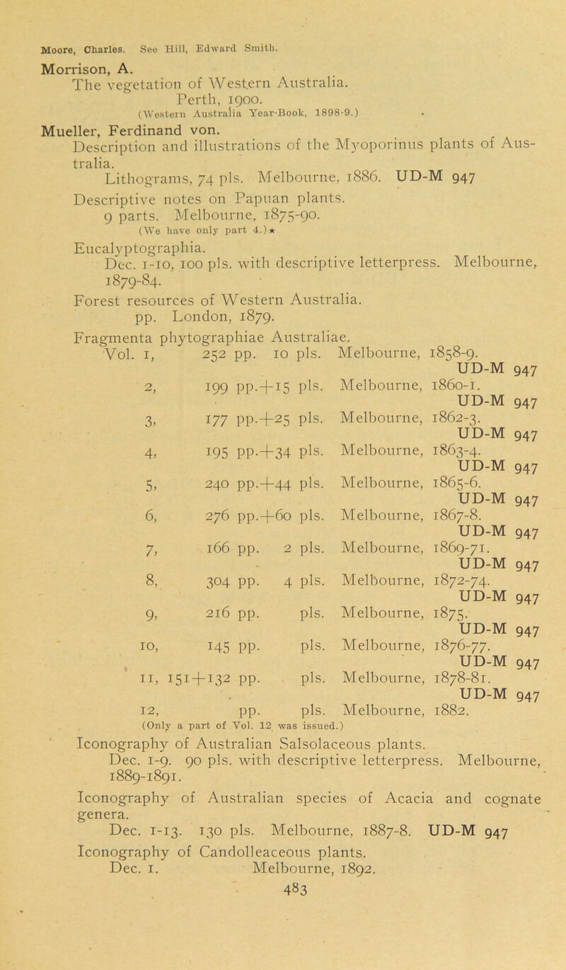 Moore, Charles. See Hill, Edward Smith. Morrison, A. The vegetation of Western Australia. Perth, 1900. (Western Australia Year-Book, 1898-9.) Mueller, Ferdinand von. Description and illustrations of the Mvoporinus plants of Aus- tralia. Lithograms, 74 pis. Melbourne, 1886. UD-M 947 Descriptive notes on Papuan plants. 9 parts. Melbourne. 1875-90. (We have only part 4.)* Eucalyptographia. Dec. i-io, ioo pis. with descriptive letterpress. Melbourne, 1879-84. Forest resources of Western Australia, pp. London, 1879. Fragmenta phytographiae Australiae. Vol. I, 252 pp. 10 pis. Melbourne, 1858-9. ‘ UD-M 9, 2, 199 pp.4-15 pis. Melbourne, 1860-1. UD-M 9. 3, 177 pp.4-25 pis. Melbourne, 1862-3. UD-M 9. 4, 195 pp.-f34 pis. Melbourne, 1863-4. UD-M 9, 5, 240 pp.4-44 pis. Melbourne, 1865-6. UD-M 9, 6, 276 pp.-f-6o pis. Melbourne, 1867-8. UD-M q 7, 166 pp. 2 pis. Melbourne, 1869-71. UD-M 947 8, 304 PP- 4 pis. Melbourne, 1872-74. UD-M 947 9, 216 pp. pis. Melbourne, i875- UD-M 947 10, i45 PP- pis. Melbourne, 1876-77. UD-M 947 11, 151 + 132 pp. pis. Melbourne, 1878-81. UD-M 947 12, pp. pis. Melbourne, 1882. (Only a part of Vol. 12 was issued.) Iconography of Australian Salsolaceous plants. Dec. 1-9. 90 pis. with descriptive letterpress. Melbourne, 1889-1891. Iconography of Australian species of Acacia and cognate genera. Dec. 1-13. 130 pis. Melbourne, 1887-8. UD-M 947 Iconography of Candolleaceous plants. Dec. 1. Melbourne, 1892.