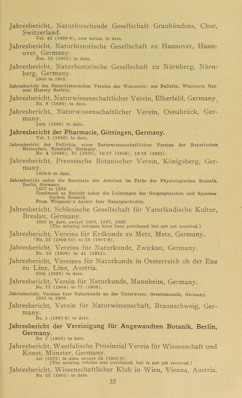 Jahresbericht, Naturforschende Gesellschaft Graubiindens, Chur, Switzerland. Vol. 42 (1898-9), now series, to date. Jahresbericht, Naturhistorische Gesellschaft zti Hannover, Hann- over, Germany. Nos. 50 (1905) to date. Jahresbericht, Naturhistorische Gesellschaft zu Niirnberg, Niirn- berg, Germany. 1900 to 1905. Jahresbericht des Naturhistorischen Vereins der Wisconsin: see Bulletin, Wisconsin Nat- ural History Society. Jahresbericht, Naturwissenschaftlicher Verein, Elberfeld, Germany No. 8 (1896) to date. Jahresbericht, Naturwissenschaftlicher Verein, Osnabriick, Ger- many. 14th (1899) to date. Jahresbericht der Pharmacie, Gottingen, Germany. Vol. 1 (1866) to date. Jahresbericht der Pollichia, eines Naturwisseuschaftliclien Vereins der Bayerischen Rheinpfalz, Neustadt, Germany. No. 4 (1846), 10 (1852), 16-17 (1859), 18-19 (1861). Jahresbericht, Preussische Botanischer Verein, Konigsberg, Ger- many. 1898-9 to date. Jahresbericht ueber die Resultate der Arbeiten im Felde der Physiologischen Botanik, Berlin, Germany. 1837 to 1839. Continued as Bericht ueber die Leistungen der Geographischen und Systema- tischen Botanik. From Wiegman’s Archiv fuer Naturgeschichte. Jahresbericht, Schlesische Gesellschaft fiir Vaterlandische Kultur, Breslau, Germany. 1825 to date, except 1837, 1897, 1898. (The missing volumes have been purchased but not yet received.) Jahresbericht, Vereins fiir Erdkunde zu Metz, Metz, Germany. ♦No. 22 (1899-00) to 26 (1907-9). I Jahresbericht, Vereins fiir Naturkunde, Zwickau, Germany. No. 36 (1906) to 41 (1911). Jahresbericht, Vereines fiir Naturkunde in Oesterreich ob der Enz zu Linz, Linz, Austria. 25th (1896) to date. Jahresbericht, Verein fiir Naturkunde, Mannheim, Germany. No. 71 (1904) to 75 (1908). Jahresbericht, Vereine fuer Naturkunde an der Unterweser, Geestemuende, Germany 1903 to 1906. Jahresbericht, Verein fiir Naturwissenschaft, Braunschweig, Ger- many. No. 1 (1897-9) to date. Jahresbericht der Vereinigung fiir Angewandten Botanik, Berlin, Germany. No. 1 (1903) to date. Jahresbericht, Westfalische Provinzial Verein fiir Wissenschaft und Kunst, Miinster, Germany. 1st (1872) to date, except 34 (1905-6). (The missing volume was purchased, but is not yet received.) Jahresbericht, Wissenschaftlicher Klub in Wien, Vienna, Austria. No. 25 (1901) to date.