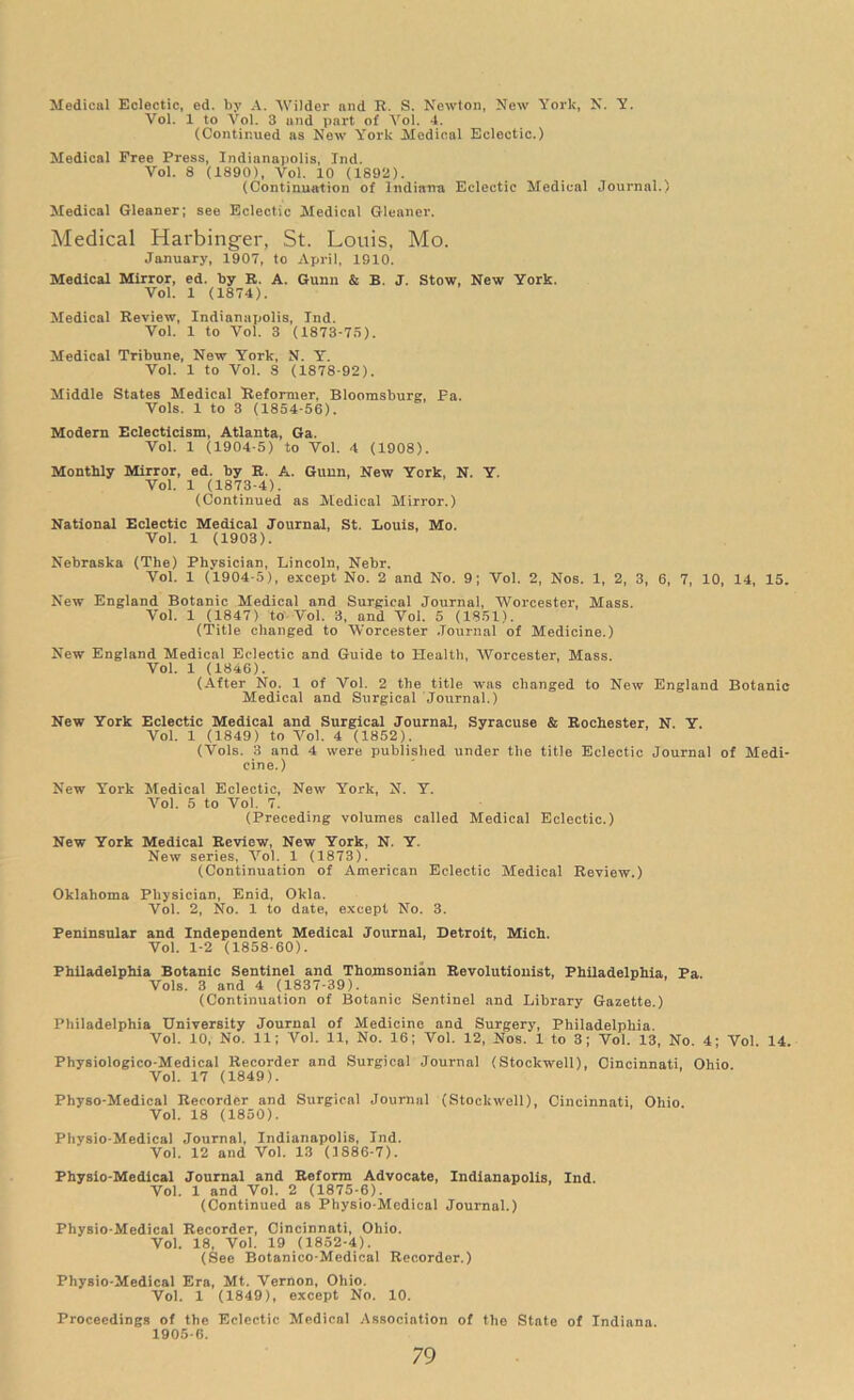 Medical Eclectic, ed. by A. Wilder and R. S. Newton, New York, N. Y. Vol. 1 to Vol. 3 and part of Arol. 4. (Continued as New York Medical Eclectic.) Medical Free Press, Indianapolis, Ind. Vol. 8 (1890), Vol. 10 (1892). (Continuation of Indiana Eclectic Medical Journal.) Medical Gleaner; see Eclectic Medical Gleaner. Medical Harbinger, St. Louis, Mo. January, 1907, to April, 1910. Medical Mirror, ed. by R. A. Gunn & B. J. Stow, New York. Vol. 1 (1874). Medical Review, Indianapolis, Ind. Vol. 1 to Vol. 3 (1873-75). Medical Tribune, New York, N. Y. Vol. 1 to Vol. 8 (1878-92). Middle States Medical Reformer, Bloomsburg, Pa. Vols. 1 to 3 (1854-56). Modern Eclecticism, Atlanta, Ga. Vol. 1 (1904-5) to Vol. 4 (1908). Monthly Mirror, ed. by R. A. Gunn, New York, N. Y. Vol. 1 (1873-4). (Continued as Medical Mirror.) National Eclectic Medical Journal, St. Louis, Mo. Vol. 1 (1903). Nebraska (The) Physician, Lincoln, Nebr. Vol. 1 (1904-5), except No. 2 and No. 9; Vol. 2, Nos. 1, 2, 3, 6, 7, 10, 14, 15. New England Botanic Medical and Surgical Journal, Worcester, Mass. Vol. 1 (1847) to Vol. 3, and Vol. 5 (1851). (Title changed to Worcester Journal of Medicine.) New England Medical Eclectic and Guide to Health, Worcester, Mass. Vol. 1 (1846). (After No. 1 of Vol. 2 the title was changed to New England Botanic Medical and Surgical Journal.) New York Eclectic Medical and Surgical Journal, Syracuse & Rochester, N. Y. Vol. 1 (1849) to Vol. 4 (1852). (Vols. 3 and 4 were published under the title Eclectic Journal of Medi- cine.) New York Medical Eclectic, New York, N. Y. Vol. 5 to Vol. 7. (Preceding volumes called Medical Eclectic.) New York Medical Review, New York, N. Y. New series, Vol. 1 (1873). (Continuation of American Eclectic Medical Review.) Oklahoma Physician, Enid, Okla. Vol. 2, No. 1 to date, except No. 3. Peninsular and Independent Medical Journal, Detroit, Mich. Vol. 1-2 (1858-60). Philadelphia Botanic Sentinel and Thomsonian Revolutionist, Philadelphia, Pa. Vols. 3 and 4 (1837-39). (Continuation of Botanic Sentinel and Library Gazette.) Philadelphia University Journal of Medicine and Surgery, Philadelphia. Vol. 10, No. 11; 4rol. 11, No. 16; Vol. 12, Nos. 1 to 3; Vol. 13, No. 4; Vol. 14. Physiologico-Medical Recorder and Surgical Journal (Stockwell), Cincinnati, Ohio Vol. 17 (1849). Physo-Medical Recorder and Surgical Journal (Stockwell), Cincinnati, Ohio Vol. 18 (1850). Physio-Medical Journal, Indianapolis, Ind. Vol. 12 and Vol. 13 (1886-7). Physio-Medical Journal and Reform Advocate, Indianapolis, Ind. Vol. 1 and Vol. 2 (1875-6). (Continued as Physio-Mcdical Journal.) Physio-Medical Recorder, Cincinnati, Ohio. Vol. 18, Vol. 19 (1852-4). (See Botanico-Medical Recorder.) Physio-Medical Era, Mt. Vernon, Ohio. Vol. 1 (1849), except No. 10. Proceedings of the Eclectic Medical Association of the State of Indiana. 1905-6.