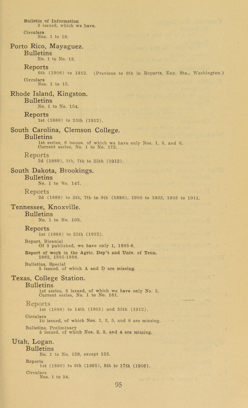 Bulletin of Information 3 issued, which we have. Circulars Nos. 1 to 19. Porto Rico, Mayaguez. Bulletins No. 1 to No. 13. Reports 6tli (1906) to 1912. (Previous to 6th in Reports, Exp. Sta., Washington.) Circulars Nos. 1 to 15. Rhode Island, Kingston. Bulletins No. 1 to No. 154. Reports 1st (1888) to 25th (1912). South Carolina, Clemson College. Bulletins 1st series, 8 issues, of which we have only Nos. 1, 3, and 6. Current series, No. 1 to No. 172. Reports 2d (1889), 5th, 7th to 25th (1912). South Dakota, Brookings. Bulletins No. 1 to No. 147. Reports 2d (1889) to 5th, 7tli to 9th (1896), 1900 to 1903, 1905 to 1911. Tennessee, Knoxville. Bulletins No. 1 to No. 102. Reports 1st (1888) to 25th (1912). Report, Biennial Of 3 published, we have only 1, 1885-6. Report of work in the Agric. Dep’t and Univ. of Tenn. 1882, 1885-1886. Bulletins, Special 5 issued, of which A and D are missing. Texas, College Station. Bulletins 1st series, 5 issued, of which we have only No. 5. Current series. No. 1 to No. 161. Reports 1st (1888) to 14th (1901) and 25th (1912). Circulars 10 issued, of which Nos. 1, 3, 5, and 8 are missing. Bulletins, Preliminary 5 issued, of which Nos. 2, 3, and 4 are mining. Utah, Logan. Bulletins No. 1 to No. 129, except 123. Reports 1st (1890) to 6th (1895), 8th to 17th (1906). Circulars Nos. 1 to 14.