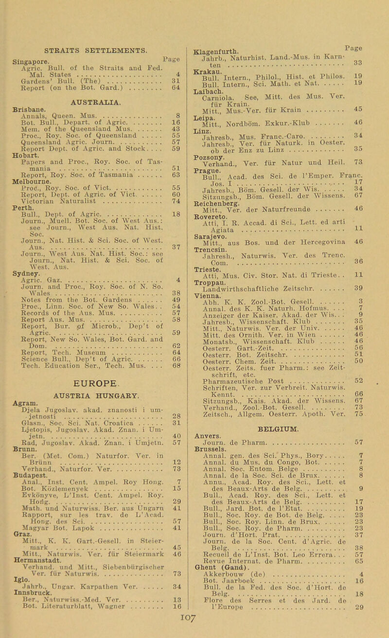 STRAITS SETTLEMENTS. Singapore. Agric. Bull, of the Straits and Fed. Mai. States 4 Gardens’ Bull. (The) 31 Report (on the Bot. Gard.) 64 AUSTRALIA. Brisbane. Annals, Queen. Mus 8 Bot. Bull., Depart, of Agric 16 Mem. of the Queensland Mus 43 Proc., Roy. Soc. of Queensland 55 Queensland Agric. Journ 57 Report Dept, of Agric. and Stock. ... 59 Hobart. Papers and Proc., Roy. Soc. of Tas- mania 51 Report, Roy. Soc. of Tasmania 63 Melbourne. ProC., Roy. Soc. of Viet 55 Report, Dept, of Agric. of Viet 60 Victorian Naturalist 74 Perth. Bull., Dept, of Agric 18 Journ., Muell. Bot. Soc. of West Aus.: see Journ., West Aus. Nat. Hist. Soc. ■Journ., Nat. Hist. & Sci. Soc. of West. Aus 37 Journ., West Aus. Nat. Hist. Soc.: see Journ., Nat. Hist. & Sci. Soc. of West. Aus. Sydney. Agric. Gaz 4 Journ. and Proc., Roy. Soc. of N. So. Wales 38 Notes from the Bot. Gardens 49 Proc., Linn. Soc. of New So. Wales. . 54 Records of the Aus. Mus 57 Report Aus. Mus 58 Report, Bur. .of Microb., Dep’t of Agric 59 Report, New So. Wales, Bot. Gard. and Dom 62 Report, Tech. Museum 64 Science Bull., Dep’t of Agric 66 Tech. Education Ser., Tech. Mus. ... 68 EUROPE AUSTRIA HUNGARY. Agram. Djela Jugoslav, akad. znanosti i urn- jetnosti 28 Glasn., Soc. Sci. Nat. Croatica 31 Ljetopis, Jugoslav. Akad. Znan. i Um- jetn 40 Rad, Jugoslav. Akad. Znan. i Uinjetn. 57 Brunn. Ber. (Met. Com.) Naturfor. Ver. in Brunn 12 Verhand., Naturfor. Ver 73 Budapest. Anal., Inst. Cent. Ampel. Roy Hong. 7 Bot. Kozlemenyek 15 Evkonyve, L’Inst. Cent. Ampel. Roy. Hoiig 29 Math, und Nuturwiss. Ber. aus Ungarn 41 Rapport, sur les trav. de L'Acad. Hong, des Sci 57 Magyar Bot. Lapok 41 Graz. Mitt., K. K. Gart.-Gescll. in Steier- niark 45 Mitt., Naturwis. Ver. fur Steiermark 46 Hermanstadt. Verhand. und Mitt., Siebenbiirgischer Ver. fur Naturwis 73 Iglo. Jahrb., Ungar. Karpathen Ver 34 Innsbruck. Ber., Naturwiss.-Med. Ver 13 Bot. Literaturblatt, Wagner 16 Page 33 19 Klageufurth. . Jahrb., Naturliist. Land.-Mus. in Karn- ten Kriikiiu Bull. Intern., Philol., Hist, et Philos. Bull. Intern., Sci. Math, et Nat 19 Laibach. Carniola. See, Mitt, des Mus. A er. fiir Krain. Mitt., Mus.-Ver. fiir Krain 45 Leipa. Mitt., Nordbom. Exkur.-Klub 46 Linz. _ „, Jahresb., Mus. Franc.-Caro 34 Jahresb., Ver. fiir Naturk. in (Jester. ob der Enz zu Linz 35 Pozsony. Verhand., Ver. fiir Natur und Heil. 73. Prague. _ Bull., Acad, des Sci. de l’Eraper. Franc. JOS. I Jahresb., Bom. Gesell. der Wis. 34 Sitzuugsb., Bom. Gesell. der Wissens. 67 Reichenberg. Mitt., Ver. der Naturfreunde 4b Rovereto. Atti, I. R. Accad. di Sci., Lett, ed arti Agiata gar aj gvo. Mitt., aus Bos. und der Hercegovina Trencsin. Jahresh., Naturwis. Ver. des Trenc. Com Trieste Atti,'Mus. Civ. Stor. Nat. di Trieste. . Troppau. Landwirthscliaftliche Zeitschr Vienna. Abh. K. K. Zool.-Bot. Gesell Annul, des K. K. Naturli. Hofmus. . . . Anzeiger der Kaiser. Akad. der Wis.. . Jahresb., Wissenscliaft. Klub Mitt., Naturwis. Ver. der Univ Mitt, des Ornith. Ver. in Wien Monatsb., Wissenscliaft. Klub Oesterr. Gart.-Zeit Oesterr. Bot. Zeitschr Oesterr. Chem. Zeit . Oesterr. Zeits. fuer Pharm.: see Zeit- schrift, etc. Pharmazeutische Post Schriften, Ver. zur Verbreit. Naturwis. Kennt Sitzungsb., Kais. Akad. der Wissens. Verhand., Zool.-Bot. Gesell Zeitsch., Allgem. Oesterr. Apotli. Ver. 11 46 36 11 39 3 7 9 35 46 46 46 56 51 50 52 66 67 73 75 BELGIUM. Anvers. Journ. de Pharm 57 Brussels. Annal. gen. des Sci. Phys., Bory 7 Annal. du Mus. du Congo, Bot 7 Annal. Soc. Entom. Beige 8 Annal. de la Soc. Sci. de Brux 8 Annu., Acad. Roy. des Sci., Lett, et des Beaux-Arts de Belg 9 Bull., Acad. Roy. des Sci., Lett, et des Beaux-Arts de Belg 17 Bull., Jard. Bot. de l'Etat 19 Bull., Soc. Roy. de Bot. de Belg 23 Bull., Soc. Roy. Linn, de Brux 23 Bull., Soc. Roy. de Pharm 23 Journ. d’Hort. Prat 37 Journ. de la Soc. Cent, d'Agric. de Belg 38 Recueil de L’Inst. Bot. Leo Errera. . . 57 Revue Internet, de Pharm 65 Ghent (Gand). Akkerbouw (de) 4 Bot. Jaarboek 16 Bull, de la Fed. des Soc. d'Hort. de Belg 18 Flore des Serres et des Jard. de l’Europe 29