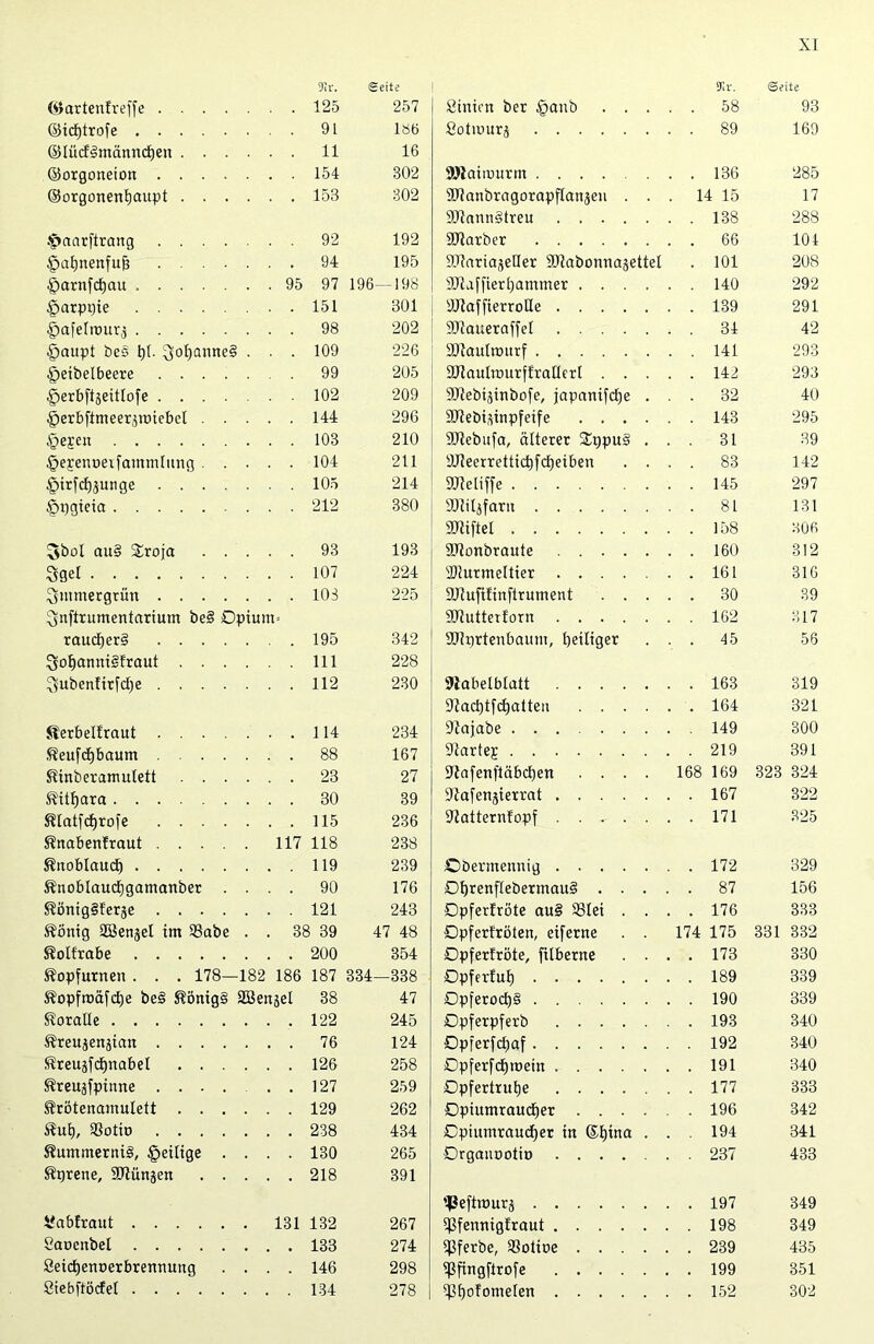 9)v. Seite SKr. Seite (öartenfreffe 125 257 Sinien ber §anb . . . . 58 93 ©id)trofe 91 186 Sotiuurj . 89 169 ©lüdSmänndjen 11 16 ©orgoneion 154 302 SUlairourm . 136 285 ©orgonenfjaupt 153 302 SJtanbragorapflanjen . . . 14 15 17 äftannStreu . 138 288 •fmarftrang 92 192 SRarber 104 gmfjnenfufj 94 195 iWariajeHer SRabonnasettet . 101 208 £)arnfcf)au 95 97 196—198 9Jiaffierl)atnmer .... . 140 292 §arppie 151 301 SJlaffterroUe . 139 291 §afelrt>ur,} 98 202 SRaueraffet . 34 42 §aupt bes t)(. 3of)atine§ . . 109 226 SRaulrourf . 141 293 §eibelbeere 99 205 äftauIrourffraHert . . . . 142 293 ^erbftgeitlofe 102 209 SDtebiäinbofe, japanifdje . . 32 40 fjerbftmeerjtüiebcl . . . . 144 296 SJteöi^inpfeife .... . 143 295 §epen 103 210 SOtebufa, älterer StgpuS . . 31 39 §e£en»eifammtung . . . . 104 211 9J7ecrrettid)fd)eiben . . . 83 142 §trfcf)junge 105 214 SJtcliffe . 145 297 §t)gieta 212 380 SOtiljfarit . 81 131 SJtiftel . 158 306 3bol au§ $roja . . . . 93 193 ailonbraute . 160 312 Sgel 107 224 sDlurmeItier . 161 316 immergrün 103 225 SJtufifinfirument . . . . 30 39 ^nfirumentarium be§ 0pium= SJtutterforn . 162 317 raucfjerS 195 342 aiiprtenbaunt, heiliger . 45 56 3iof)anni§fraut 111 228 ^ubenfirfdje 112 230 Siabelblatt . 163 319 Stadjtfcfjatten .... . 164 321 Kerbelfraut 114 234 Stajabe ....... . 149 300 Keufcffbaum 88 167 Startep . 219 391 Kinberamulett 23 27 Stafenftäbdjen .... 168 169 323 324 KUfjara 30 39 Stafcnjierrat . 167 322 Klatfdfrofe 115 236 Statternfopf . 171 325 Knabenfraut 117 118 238 Knoblaud) 119 239 Obermennig . 172 329 Knoblaudjgamanber . . . 90 176 0f)renflebermau§ . . . . 87 156 KönigSf'erje 121 243 Dpferfröte auS SÖIet . . . 176 333 König SBenjel im 33abe . . 38 39 47 48 Dpferfröten, eiferne . . 174 175 331 332 Koltrabe 200 354 Dpferfröte, filberne . . . 173 330 Kopfurnen . . . 178—182 186 187 334—338 Dpferful) . 189 339 Kopfroäfdje be§ Königs SBenjel 38 47 0pferod)§ . 190 339 Koralle 122 245 Dpferpferb . 193 340 Kreujenjtan 76 124 Dpferfd)af . 192 340 Kreujfdjnabet 126 258 Dpferfcfjmein ..... . 191 340 Kreuäfpinne ...... 127 259 Dpfertrutje . 177 333 Krötenamulett 129 262 Dpiumraudier .... . 196 342 Kui), Sßotio 238 434 Dpiumraud)er in ©tpna . . 194 341 Kümmernis, §eilige . . . 130 265 Drgauootio .... . 237 433 Ktjrene, SHitn^en . . . . 218 391 '^eftmurj . 197 349 ifabfraut 131 132 267 5J3femtigfraut . 198 349 Saocnbel 133 274 ifßferbe, SSotioe . 239 435 Ceid^enoerbrennung . . . 146 298 ißfingftrofe . 199 351 Ciebftöcfel 134 278 ißhofomefen . 152 302