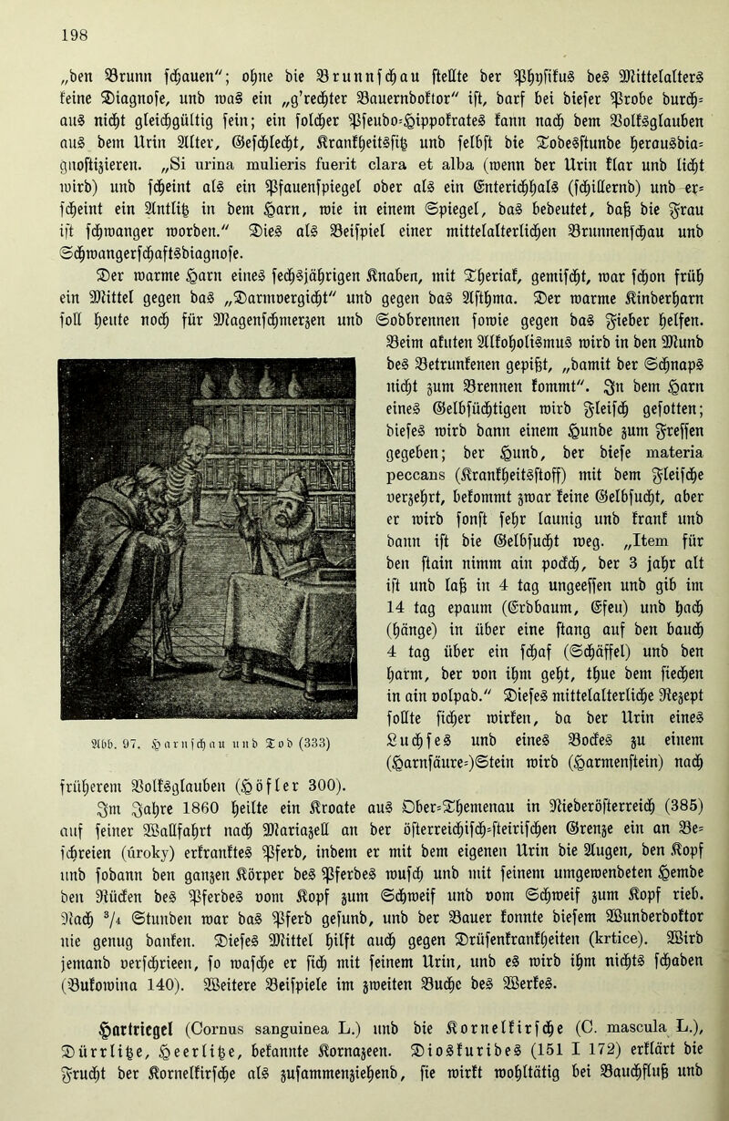 „ben Srunn flauen; ol;ne bie Srunnfchau [teilte ber bei ‘Dfittelatterl feine $)iagnofe, unb mal ein „g’recfjter Sauernboftor ift, barf bei biefer «ßrobe burcfp au! nicht gleichgültig [ein; ein folcher ^[eubo^ippofratel fann nach bem Sotflglauben au! bem Urin SUter, ©efdflecht, ^ranfheülfifj unb [elb[t bie £obe!ftunbe herau!bia= gnoftigieren. „Si urina mulieris fuerit clara et alba (menn ber Urin ftar unb licht mirb) unb fdjeint all ein ^ßfauenfpiegel ober all ein @nteri<hhal3 ([dhiUernb) unb er* [dheint ein Strittig in bem &arn, raie in einem ©piegel, bal bebeutet, bafj bie $rau ift [chmanger roorbett.// SDiel all Seifpiel einer mittelalterlichen Srunnenfchau unb ©djraangerfchaftlbiagnofe. ®er marme <garn einel fechljährigen Knaben, mit 2heriat gemixt, mar fchon [rüh ein «Kittel gegen bal „SDarmoergicht unb gegen bal 2lfthma. ®er marme 5Unberf)arn [oll heute noch für aJfagenfcfjmerjen unb ©obbrennen [oroie gegen bal lieber helfen. Seim afuten Sllfoholilmul mirb in ben 9Jtunb bei Setrunfenen gepifjt, „bamit ber ©<hnap! nicht gum trennen fommt. $n bem <garn einel ©elbfiidhtigen mirb gleifdj gefotten; biefel mirb bann einem ipunbe jum ^reffen gegeben; ber §unb, ber biefe materia peccans (Jlranfheitlftoff) mit bem gteifdfe uerjehrt, befommt -poar feine ©etbfucht, aber er mirb fonft [ehr launig unb franf unb bann ift bie ©elbfudjt weg. „Item für ben [tain nimm ain pocfch, ber 3 jahr alt ift unb lafj in 4 tag ungeeffen unb gib im 14 tag epaum (ßrbbaum, @feu) unb tyaü) (hänge) in über eine [tang auf ben bauch 4 tag über ein fchaf (©chäffel) unb ben harm, ber oon ihm geht, thue bem fiedjen in ain oolpab. SDiefel mittelalterliche Stejept foUte fidler rairfen, ba ber Urin einel Subhfe! unb einel Sode! ju einem (iQarnfäure=)©tein mirb (<garmenftein) nadf früherem Sotflglauben (iö öfter 300). $m Sahre 1860 heilte ein Kroate aul Dber=£hemenau in 9tieberöfterrei<h (385) auf feiner SBaHfahrt nach «Dtaria§eH an ber öfterreidhifdh=fteirifdhen ©renje ein an Se= f dreien (üroky) erfranftel ^3ferb, inbem er mit bem eigenen Urin bie 2lugen, ben $opf unb fobann ben ganzen Körper bei «ßferbe! mufd) unb mit feinem umgeroenbeten £embe ben Süden bei «ßferbe! oom £opf jum ©chraeif unb oom ©chroeif gum Hopf rieb. 9ta<h 3/4 ©tunben mar bal ^3ferb gefunb, unb ber Sauer fonnte biefem SBunberboftor nie genug banfen. ®iefel «Kittel h^f* auch gegen Mfenfranfheiten (krtice). 2Birb jentanb oerfchrieen, fo mafche er fich mit feinem Urin, unb el mirb ihm nicht! [«haben (Sufomina 140). SBeitere Seifpiele im graeiten Suche bei Sßerfel. Hartriegel (Cornus sanguinea L.) unb bie Hornelfirf<he (C. mascula L.), ®ürrti£e, Heerti^e, befannte ^ornageen. SDiolfuribe! (151 I 172) erftärt bie grudjt ber Hornelfirfche all gufammengiehenb, fte roirft roohttätig bei Sauchflujj unb 9U'b. 97. ö nrn|cb au unb 3:ob (333)