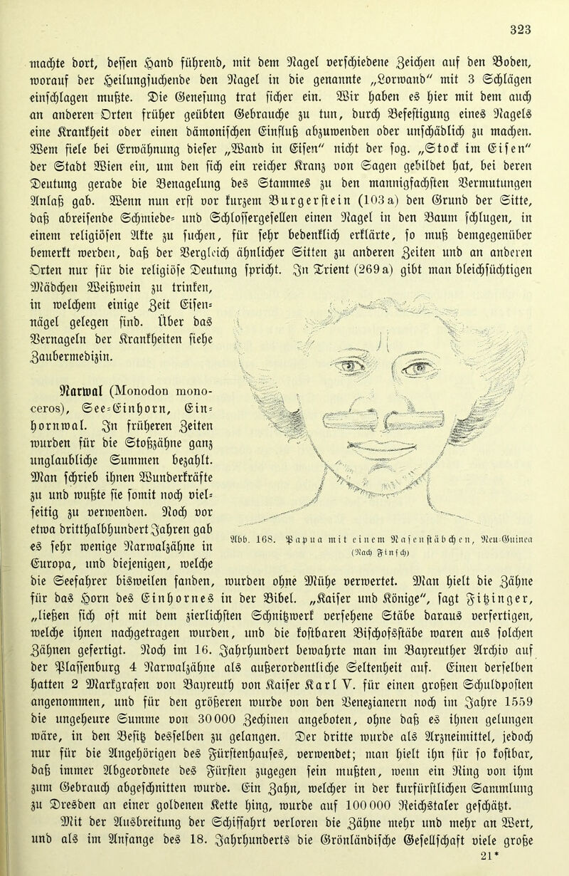 madjte bort, beffen £anb füfrenb, mit bem 9taget oerfcfiebeite geilen auf ben Vobett, worauf ber (geitungfucfenbe ben Aaget in bie genannte „Sormanb mit 3 ©djtägen einfcfjtagen muffte. Oie ©enefung trat fidfer ein. SBir faben eS fier mit bem aucf an anberen Orten frittier geübten ©ebraucfe ju tun, burd) Vefeftigung eines 9tagetS eine ^ranffeit ober einen bämonifcfen ©inftuff abjumettben ober mtfcfäblicf ju madfen. 2ßem fiele bei ©rwäfnung biefer „Aßanb in ©ifen nicft ber fog. ,,©tod im ©ifen ber (Stabt SBien ein, um ben ftcf ein reifer Slranz oon Sagen gebitbet fat, bei bereu Oeutung gerabe bie Venagelung beS ©tammeS ju ben mamtigfatfften Vermutungen Anfaff gab. Sßenn nun erft oor turjem Vurgerftein (103a) ben ©runb ber ©itte, baff abreifenbe ©cfntiebe= unb ©cftoffergefellen einen Aaget itt ben Vaum fd;tugen, in einem retigiöfen Afte ju finden, für fefr bebenflicf erftärte, fo muff bentgegenitber bentertt roerbeit, baff ber Vergteüf äfnticfer ©itten ju anberen 3^ten unb an anberen Orten nur für bie retigiöfe Oeutung fpridft. $n Orient (269 a) gibt man bteicffüdjtigen 9Jiäbcfeu Aßeiffwein ju trint'eu, in metcfem einige 3e^ @ifen= naget gelegen ftnb. Über baS Vernageln ber ^rantfeüen fiefe 3aubermebijin. ffiartofll (Monodon mono- ceros), ©ee = ©inf ont, ©in= fornmat. früheren 3eüen mürben für bie ©toffzäfne ganz unglaubticfe ©utnnten bezaftt. 9Jtan fcfrieb ifnen Söunberfräfte ju unb muffte fie fomit nocf oieü feitig ju oermenben. Aodf oor etwa brittfatbfunbert^afren gab eS fe£>r wenige Varmalzäfne in ©uropa, unb biejenigen, metdje bie ©eefafrer bisweiten fanben, würben ofne SDZü^e »erwertet. 9)ian fielt bie 3äfne für baS <gorn beS ©inforneS in ber 33ibet. „$aifer unb Könige, fagt gifinger, „tiefen fidj oft mit bem giertid^ften ©bfnifmerf oerfefene ©täbe barauS oerfertigen, wetdfe ifnen nacf getragen würben, unb bie foftbaren VifcfofSftäbe waren auS fotcfen 3äfnen gefertigt. 9?ocf im 16. ^afrfunbert bewahrte man im Vapreutfer Atcfio auf ber ffftaffenburg 4 Aarmatzäfne atS aufferorbenttidje ©eltenfeit auf. ©inen berfetben fatten 2 dftarfgrafert oon Vapreutf oon üaifer ^ar t Y. für einen groffen ©bfutbpoften angenommen, unb für ben größeren würbe oon ben Venezianern nodf im $afre 1559 bie ungeheure ©umme oon 30000 3ed)iiten angeboten, ofne baff eS ifnen gelungen wäre, in ben Vefif beSfetben ju gelangen. Oer britte würbe als Strgneimittet, jebocf nur für bie Angeförigen beS ^ürftenfaufeS, oermenbet; man fielt ifn für fo foftbar, baff immer Abgeorbnete beS dürften zugegen fein mufften, wenn ein Ving oon ifrn Zimt ©ebraucf abgefdfnitten würbe, ©in 3afn, welcfer in ber furfürftlidjen ©ammtung Zu OreSben an einer gotbenen $ette fing, würbe auf 100 000 VeibfStater gefcfäpt. 9)tit ber Ausbreitung ber ©djiffafrt oertoren bie 3öfne mefr unb tnefr an Sßert, unb atS im Anfänge beS 18. $afrfunbertS bie ©röntänbifdfe ©efettfcfaft oiete groffe 21* 9(bb. 168. 'Papua mit einem 91 a i e lt ft ä b dj e n, 9tem©uinea (91ad) i n f dp)