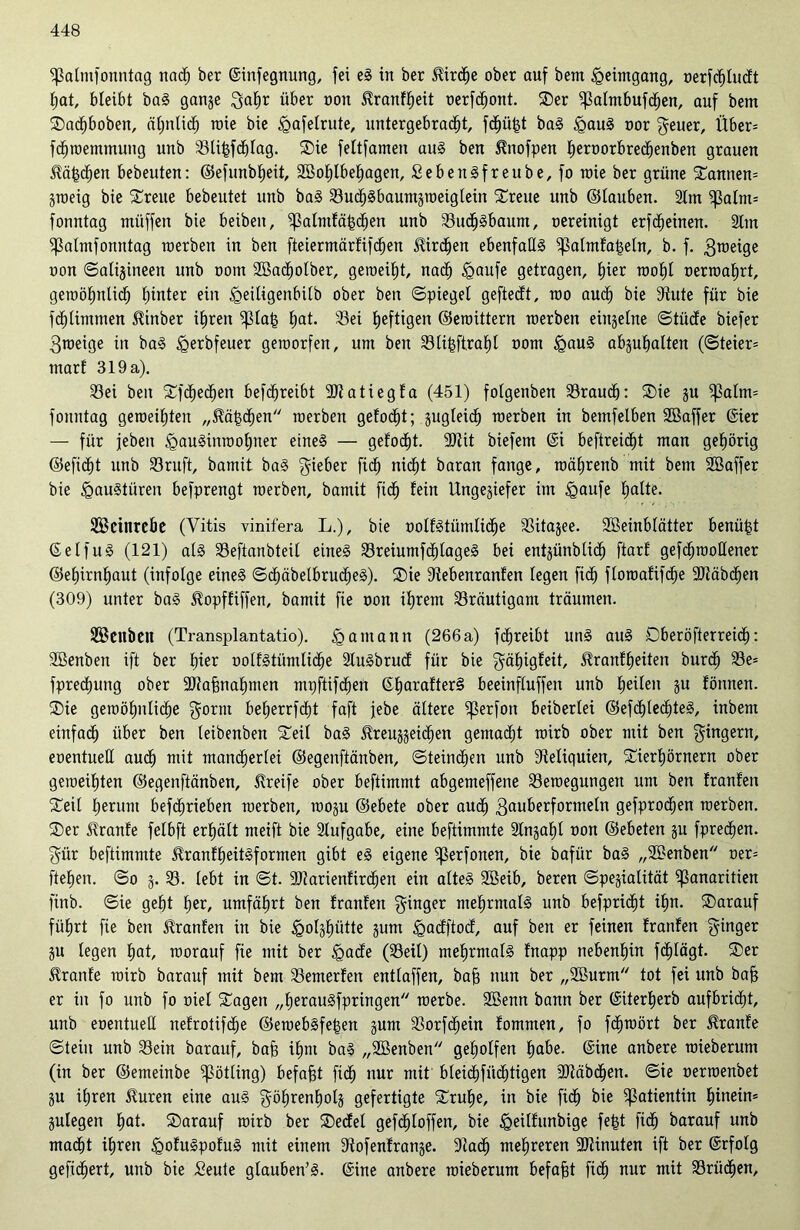 ^almfonntag nad) ber ©infegnung, fei eS in ber Jtirche ober auf bem Heimgang, oerfdhlucft hat, bleibt baS gange gahr über non ^ranfheit oerfdhont. Ser ^almbufdhen, auf bem Sadhboben, ähnlich roie bie <gafelrute, untergebradht, fchüfst baS <gauS oor geuer, Über* fcfjroemmung unb Blifsfdhlag. Sie feltfamen aus ben ^nofpen heroorbredfenben grauen JM£cf)en bebeuten: ©efunbheit, 2öof)lbehagen, ßebenSf reube, fo wie ber grüne Sannen* Zweig bie Breite bebeutet unb baS BudhSbaumgweiglein Streue unb ©tauben. Stm ^atm= fonntag müffen bie beiben, Sßalmfäfcdhen unb BudhSbaum, oereinigt erfcheinen. Stin ißalmfonntag werben in ben fteiermärfifchen ^irdfjen ebenfalls ^almfatzeln, b. f. 3roeige oon ©alijineen unb oom 2öadE)olber, geweiht, nach <gaufe getragen, t)ier wohl oerwahrt, gewöhnlidh (unter ein <geiligenbi(b ober ben (Spiegel geftecft, wo auch bie 9iute für bie f<f)Iimmen Itinber i£)ren $la£ £)at- Bei heftigen ©eroittern werben einzelne ©tücfe biefer gweige in baS ^erbfeuer geworfen, um ben Blihftrafil oom £auS abguhalten (Steier* marf 319 a). 93ei ben Sfdhecfjen befdjreibt Sftatiegfa (451) fotgenben Brauch: Sie ju $palm= fonntag geweihten „Sachen werben getobt; gugteic^) roerben in bemfetben SBaffer ©ier — für jeben ^muSinwofuter eines — gefodht. 9Jtit biefem 6i beftreid^t man gehörig ©efidfit unb 93ruft, bamit baS Riebet fidh nicht baran fange, wäljrenb mit bem Sßaffer bie Haustüren befprengt werben, bamit fiel) fein Ungeziefer im <Qaufe fjalte. Scittrebe (Yitis vinifera L.), bie oolfStümlidtje Bitagee. Sßeinblätter benü(zt ©elfuS (121) als Beftanbteil eines Breiumfcf)lageS bei entgünblidf) ftarf gefdjwoßener ©el)irnf)aut (infolge eines SdhäbelbrudheS). Sie Bebenranfen tegen fid) flowafifche Stäbchen (309) unter baS £opffiffen, bamit fie oon ihrem Bräutigam träumen. Sßeubeit (Transplantatio). £>amann (266a) fc^reibt unS auS Dberöfterreicl): SBenben ift ber fner oolfstümlidhe StuSbrud für bie gäfugfeü, Stranffieiten burch Be* fpredtjung ober Sltafenafjmen mpftifchen 6t)arafter§ beeinftuffen unb feilen §u fönnen. Sie gewöhnliche gornt bel)errfcf)t faft jebe ältere ißerfon beibertei ©efc£)led^teS, inbem einfach über ben leibenben Seil baS 5lreu§geic^en gemalt mirb ober mit ben Ringern, eoentueß auch mit mancherlei ©egenftänben. Steinten unb Reliquien, Sierhörnern ober geweiften ©egenftänben, Greife ober beftimmt abgemeffene Bewegungen um ben franfen Seil herum befdhriebeit werben, wogu ©ebete ober auch 3uuberformeln gefprodhen werben. Ser Äranfe felbft erhält meift bie Aufgabe, eine beftimmte SCngaht oon ©ebeten ju fprechen. gür beftimmte ^ranfheüsformen gibt eS eigene ißerfonen, bie bafiir baS „SBenben oer* flehen. So g. B. lebt in St. Btarienfirchen ein altes 2Beib, beren Spezialität ifßanaritien finb. Sie geht her, umfährt ben franfen ginger mehrmals unb befpricfit ihn. Sarauf führt fie ben franfen in bie igolgfjütte zum ^acfftocf, auf ben er feinen franfen ginger ZU legen hat, worauf fie mit ber £acfe (Beil) mehrmals fnapp nebenhin fcfßägt. Ser Stranfe wirb barauf mit bem Bemerfen entlaffen, baff nun ber „2Burm tot fei unb bafj er in fo unb fo oiel Sagen „IjerauSfpringen werbe. 2Benn bann ber (Siterfjerb aufbridht, unb eoentueß nefrotifdfe ©ewebsfefsen zum Borfd)ein fommen, fo fdhwört ber ^ranfe Stein unb Bein barauf, bafe ihm baS „2Benben geholfen fmbe- ©ine anbere wieberum (in ber ©emeinbe Rötling) befaßt fich nur mit bleidhfiidhtigen 9Jtäbdhen. Sie oerwenbet Zu ihren $uren eine aus göhrenholz gefertigte Sruffe, in bie fich bie Patientin hinein* Zulegen hat- Sarauf wirb ber Secfel gefdhloffen, bie (geilfunbige fe£t fidh barauf unb madht ihren ^ofuSpofuS mit einem Stofenfrange. 9tach mehreren 9Jiinuten ift ber ©rfolg gefiebert, unb bie Seute glauben’S. @ine anbere wieberum befajgt fidh nur mit Brüten,