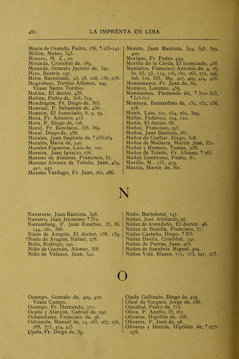 Mexíade Ovando, Pedro, i58. 1 235-242. Millón, Mateo, 343. Minuro, M. Z., 20. Miranda, Cristóbal de, 189. Miranda, Gonzalo Jacinto de, 342. Miro, Beatriz, 197, Mitre, Bartolomé, 23, 28, 108, i56, 278. Mogrobejo, Toribio Alfonso, 299. Véase Santo Toribio. Molina, El doctor, 488. Molina, Pedro de, 3i8, 819. Mondragón, Fr. Diego de, 365. Monreal, P. Sebastián de, 456. Monzón, El licenciado, 8, 9, 29. Mora, Fr. Antonio, 418. Mora, P. Diego de, 126. Moral, Fr. Bonifacio, 358, 869. Moral, Diego de, 488. Morales, Juan Baptista de, 1253-254. Morales, María de, 240. Morales Figueroa, Luis de, 101. Moreira, Juan Ignacio, 276. Moreno de Almaraz, Francisco, bj. Moreno Alvarez de Toledo, Juan, 489, 441, 442. Moreno Verdugo, Fr. Juan, 262, 266. Moreto, Juan Bautista, 894, 895, 899, 400. Moriano, Fr. Pedro. 420. Morillo de la Cerda, El licenciado, 488. Montalvo, Francisco Antonio de, 4, 16, 5o, 83, 95, 114, 116, i5o, 265, 272, 296, 3o6. 310, 333, 369, 407, 409, 424, 428. Montemayor, Fr. Juan de, 89. Montero, Lorenzo, 459. Montesinos, Fernando de, 13i2-3i3, 13i5-3i7. Montoya, Bernardino de, 182, i5e, 258, 278. Montt, Luis, loi, 154, 262, 309. Müller, Federico, 104, no. Muñiz, El doctor. 88. Muñoz, Francisco, 295. iMuñoz, Juan Bautista, 365. Muñoz de Cuéllar, Diego, 3i8. Muñoz de Mudarra, Martín José, 352. Muñoz y Romero, Tomás, 258. Muñoz de Toledo, Fr. Alonso, 1 265. Muñoz Zambrano, Pedro, 81. Murillo, M., 235, 419. Muxica, Martín de, 36o. N Navarrete, Juan Bautista, 898. Navarro, Juan Jerónimo 1 352. Nieremberg, P. Juan Ensebio, 35, 36, 144, 161, 366. Nieto de Aragón, El doctor, i38, 189. 'Nieto de Aragón, Rafael, 278. Niño, Rodrigo, 241. Niño de Guzmán, Alonso, 368. Niño de Velasco, Juan, 842. Nufio, Bartolomé, 147. Núñez, José Abelardo, 97. Núñez de Avendaño, El doctor, 46. Núñez de Bonilla, Francisco, 5y. Núñez Castaño, Diego, 1 353. Núñez Dávila, Cristóbal, 241. Núñez de Porras, Juan, 468. Núñez de Sanabria Miguel, 404. Núñez Vela, Blasco, 171, 178, 241, 278. O Ocampo, Gonzalo de, 409, 410. Véase Campo. Ocampo, Fr. Hernando, 272. Ocaña y Alarcón, Gabriel de, 290. Ochandiano. Francisco de, 98. Odriozola, Manuel de, 14, 265, 267, 276, 288, 375, 424, 425. Qieda, Fr. Diego de, 59. Ojeda Gallinato, Diego de. 429. Olaal de Vergara. Jorge de, 286. Olazábal, Pedro de, 3i3. Oliva, P. Anello, 35, 162. Olivares, Hipólito de, 258. Olivares, P. Juan de, 98. Olivares y Butrón, Hipólito de, 1 277- 278.