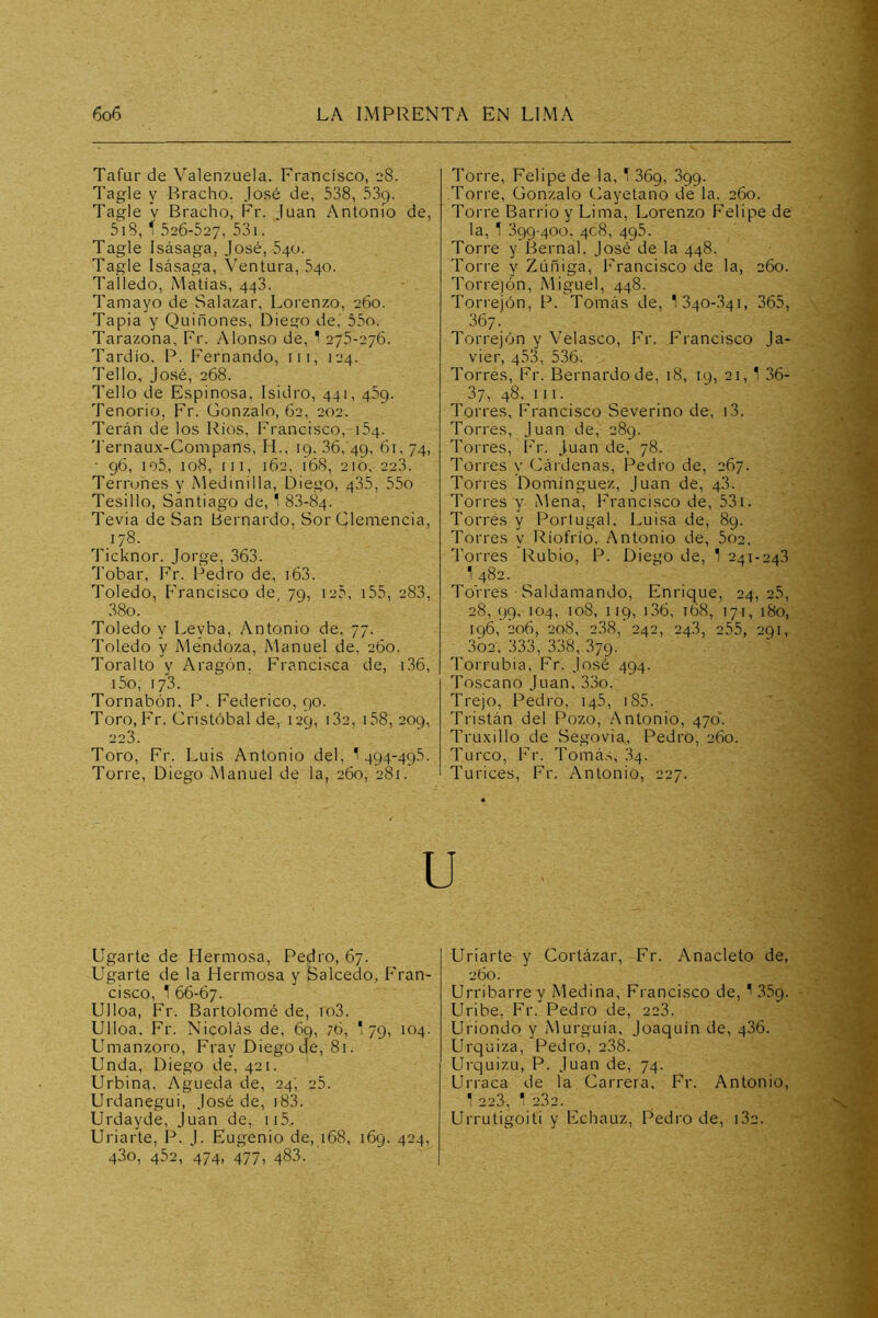 Tafur de Valenzuela. Francisco, 28. Tagle y Bracho. José de, 538, 53<^. Tagle y Bracho, Fr. luán Antonio de, 5i8, ^526-527, 53i. Tagle Isásaga, José, 540. Tagle Isásaga, Ventura, 540. Talledo, Matías, 443. Tamayo de Salazar, Lorenzo, 260. Tapia y Quiñones, Diego de, 55o. Tarazona, Fr. .Monso de, 1 275-276. Tardío. P. Fernando, iii, 124. Tello, José, 268. Tello de Espinosa, Isidro, 441, 459. Tenorio, Fr. Gonzalo, 62, 202. Terán de los Ríos, Francisco, 154. 'l'ernaux-Compans, II., 19, 36, 49, 61, 74, • 96, 105, 108, III, 162, 168, 210. 223. Ternjnes y Medinilla, Diego, 435, 55o Tesillo, Santiago de, 1 83-84. Tevia de San Bernardo, Sor Clemencia, 178. J icknor. Jorge, 363. Tobar, Fr. Pedro de, i63. Toledo, Francisco de, 79, i25, i55, 283, 38o. Toledo y Leyba, Antonio de. 77. Toledo y Mendoza, Manuel de, 260. Torallo y Aragón. Francisca de, i36, i5o, 173. Tornabón, F^. Federico, 90. Toro, Fr. Cristóbal de, 129, i32, i58, 209, 223. Toro, Fr. Luis Antonio del, 1494-495. Torre, Diego Manuel de la, 260, 281. Torre, Felipe de la, T 869, 899. Torre, Gonzalo Cayetano de la, 260. Torre Barrio y Lima, Lorenzo Felipe de la, T 899-400. 4c8, 495. Torre y i3ernal. José de la 448. Torre y Zúñiga, Francisco de la, 260. Torrejón, Miguel, 448. Torrejón, P. Tomás de, 1340-841, 365, 367. Torrejón y Velasco, Fr. Francisco Ja- vier, 45IL, 536. Torres, Fr. Bernardo de, 18, 19, 21, 1 36- 37, 48, III. Torres, Francisco Severino de, i3. Torres, Juan de, 289. Torres, Fr. Juan de, 78. Torres y Cárdenas, Pedro de, 267. Torres Domínguez, Juan de, 48. Torres y Mena, Francisco de, 531. Torrés y Portugal, Luisa de, 89. Torres y Ríofrío, Antonio de, 5o2, Torres Rubio, 1'^. Diego de, 1 241-248 1 482. Torres • Saldamando, Enrique, 24,28, 28, 99, 104, 108, 119, i36, 168, 171, 180, 196, 206, 208, 238, 242, 24.3, 255, 291, 3o2, 333, 338,879. Torrubia, Fr. José 494. Toscano Juan. 33o. Trejo, Pedro, 145, 185. Tristán del Pozo, Antonio, 470. Truxillo de Segovia, Pedro, 260. Turco, Fr. Tomá-s, 84. Turices, Fr. Antonio, 227. u Ugarte de Hermosa, Pedro, 67. ligarte de la Hermosa y Salcedo, PTan- cisco, 1 66-67. Ulloa, Fr. Bartolomé de, io3. Ulloa. Fr. Nicolás de, 69, 76, 1 79, 104. Umanzoro, Fray Diego de, 81. Unda, Diego de, 421. Urbina, Agueda de, 24; 25. Urdanegui, José de, i83. Urdayde, Juan de, ii5. Uriarte, P. J. Eugenio de, 168, 169. 424, 43o, 482, 474, 477, 483. Uriarte y Cortázar, Fr. Anacleto de, 260. Urribarre y Medina, Francisco de, ' 359. Uribe, Fr. Pedro de, 228. Uriondo y Murguía, Joaquín de, 486. Urquiza, Pedro, 288. Urquizu, P. Juan de, 74. Urraca de la Carrera, F'r. Antonio, 1 223, ' 282. Urrutigoiti y Echauz, Pedro de, 182.