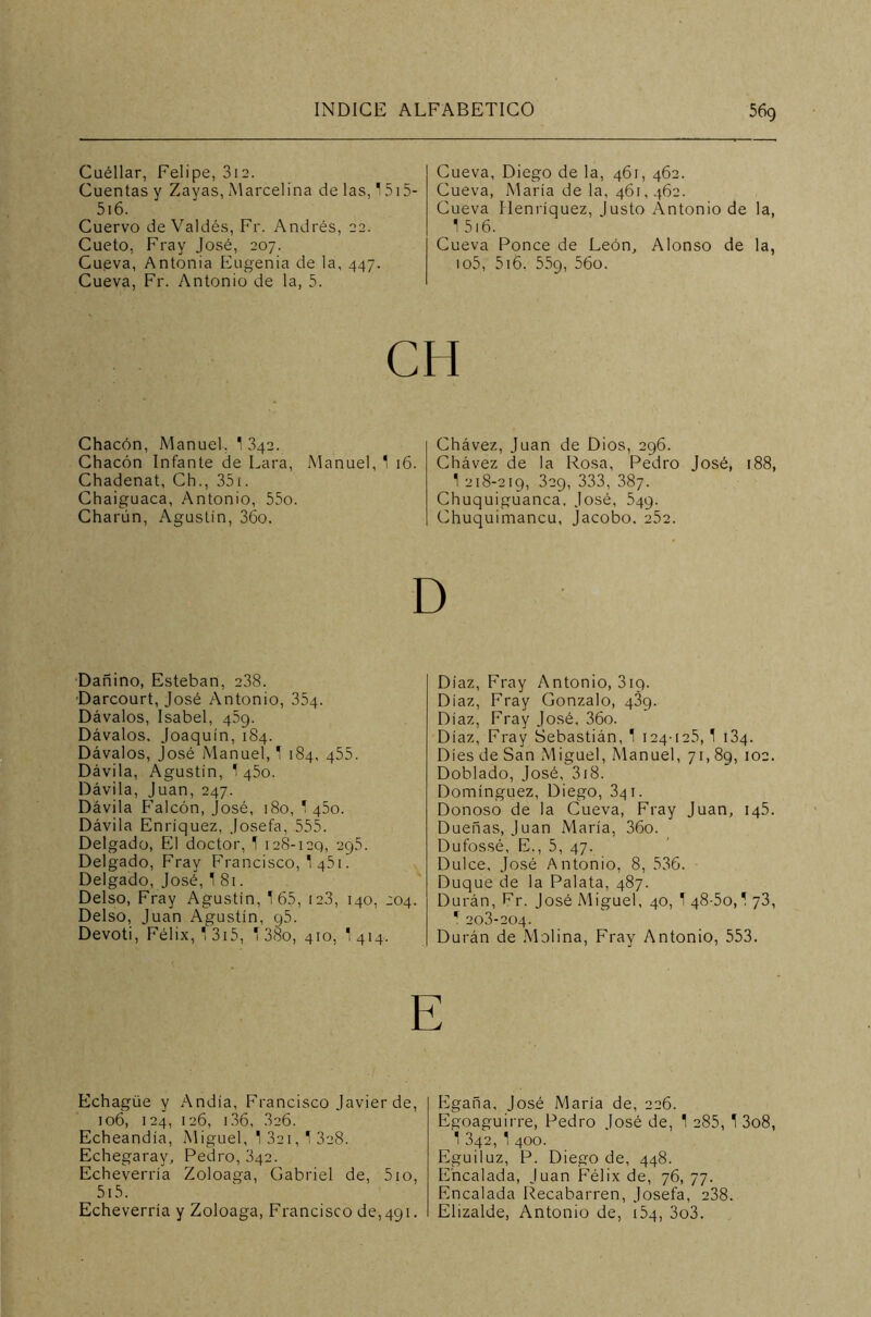 Cuéllar, Felipe, 312. Cuentas y Zayas, Marcelina de las, 1 515- 516. Cuervo de Valdés, Fr. Andrés, 22. Cueto, Fray José, 207. Cueva, Antonia Eugenia de la, 447. Cueva, Fr. Antonio de la, 5. Cueva, Diego de la, 461, 462. Cueva, María de la, 461,462. Cueva Ilenríquez, Justo Antonio de la, 1 516. Cueva Ponce de León, Alonso de la, io5, 5i6. 559, 56o. CH Chacón, Manuel, 1342. Chacón Infante de Lara, Manuel, 1 16. Chadenat, Cb., 351. Chaiguaca, Antonio, 55o. Charún, Agustín, 36o. Chávez, Juan de Dios, 296. Chávez de la Rosa, Pedro José, 188, 1 218-219, 329, 333, 387. Chuquiguanca, José, 549. Chuquimancu, Jacobo. 252. D Dañino, Esteban, 238. Darcourt, José Antonio, 35q. Dávalos, Isabel, 459. Dávalos. Joaquín, 184. Dávalos, José Manuel, 1 184, 455. Dávila, Agustín, 1 450. Dávila, Juan, 247. Dávila Falcón, José, 180, 1 450. Dávila Enríquez, Josefa, 555. Delgado, Eli doctor, 1 128-120, '-295. Delgado, F’ray Francisco, 1 451. Delgado, José, I 81. Delso, Fray Agustín, 165, 123, 140, 204. Delso, Juan Agustín, 95. Devoti, Félix, 1 315, 1 38o, 410, 1 414. Echagüe y Andía, Francisco Javier de, 106, 124, 126, 136, 3c6. Echeandía, Miguel, 1 321,1 328. Echegaray, Pedro, 342. Echeverría Zoloaga, Gabriel de, 5io, 515. Echeverría y Zoloaga, Francisco de, 491. Díaz, Fray Antonio, 319. Díaz, Fray Gonzalo, 489. Díaz, Fray José. 36o. Díaz, Fray Sebastián, 1 124125, 1 134. Dies de San Miguel, Manuel, 71,89, 102. Doblado, José, 3i8. Domínguez, Diego, 341. Donoso de la Cueva, Fray Juan, 145. Dueñas, Juan María, 36o. Dufossé, E., 5, 47. Dulce, José Antonio, 8, 536. Duque de la Palata, 487. Durán, Fr. José Miguel, 40,148-50,173, * 203-204. Durán de Molina, Fray Antonio, 553. Elgaña, José María de, 226. Egoaguirre, Pedro José de, 1 285, 1 3o8, 1 342, 1 400. Eguiluz, P. Diego de, 448. Encalada, Juan Félix de, 76, 77. Encalada Recabarren, Josefa, 238. Elizalde, Antonio de, 154, 3o3.