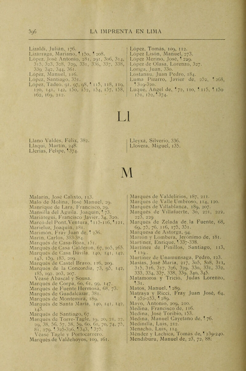 Lizaldi, Julián, 176. Lizárraga, Mariano. 1 i5o, 1 208. López, losé Antonio, 281. 291, 3o6, 3)4, 3)5,323,328, 329, 331, 336, 33y, 33.8, 339 342, 344, 361. López, Manuel, 116. López, Santiago, 351. López, Tadeo, 91. 97, 98, 1 115, 118, 119, 120, 141, 142, i5o, i52, i54, 157, 158, 162, 169, 212. López, Tomás, 109, 112. López Lisón, Alanuel, 273. López Merino, José, ' 229. López de Olasa, Lorenzo, 327. Loriga, Juan, 33o. Lostanau, Juan Pedro, 184. Luma Pizarro, Javier de, 252, 1268, ' 319-320. Luque, Angel de, '72, no, 1 115, 1 i5o 151, 152, '374. Llano Valdés, Félix, 382. Llaqui, Martín, 248. Llerías, Felipe, 1374. Lleyxá, Silverio, 336. Llovera, Miguel, 135. M Malario, José Calixto, 113. Malo de ¿Molina, losé Manuel, 29. Manrique de Lara, Francisco, 29. Mansilla del Águila, Joaquín, 1 73. Mariátegui, Francisco Javier, 3q, 320. Marcó del Pont.Ventura, 11 )5-i 16, '121, Marieluz, Joaquín, 181. Marimón, Fray Juan de, ' 236. Marín, Carlos, 383-38q. Marqués de Casa-Boza, 151. Marqués de Casa Calderón, 67, io5, 265. Marqués de Casa Dávila. 140, 141, 142, 143, ¡59, 183, 209. Marqués de Castel Bravo, 116, 209. Marqués de la Concordia, 73, 95, 142, 185, 192. 2o3, 207. Véase Abascal y Sousa. Marqués de Corpa, 60, 61, 99, 147. Marqués de Fuente Hermosa, 68, 78. Marqués de Guadalcázar, 381. Marqués de Alontemira, 189. Marqués de Santa María, 140, 141, 142, 14.3. ¿Marqués de Santiago, 67. Marqués de Torre-Tagle, 19, 20, 21, 22, 29, 38, 56, 57, 58, 59, 60, 61, 70, 74, 75, 81, 279, 1 32.5-326, ' 343, 1 375. Véase Tagle y Portoearrero. Marqués de Valdehovos, 109, 161. ¿Marqués de Valdelirios, 187, 211. ¿Marqués de Valle Umbroso, 114, 120. Marqués de Villablanca, 189, 207. Marqués de Villafuerte, 3o, 221, 222, 223, 229 Marqués de Zelada deja Fuente, 68, 69, 75, 76, 116, 175, 351. Marquesa de Astorga, 94. Marrón y Lombera, Jerónimo de, 181. Martínez, Enrique, 1 337*338. Martínez de P i n i líos, Santiago, 113, ' 1T9- ¿Martínez de Unamunsaga, Pedro, 123. Masías, José María, 217, 3o5, 808, 3)i, 315, 316, 317, .826, 329, 33o, 33i, 332, 333, 334, 337, 338, 339, 34o, 345. ¿Matamoros y Trido, ludas Lorenzo, 1 3i. Matos, Manuel, 1 289. Matraya y Ricci, Fray Juan José, 64, 1 252-253, 1 289. Mavo, Antonio, 209, 210. Medina, Francisco de, 116. Medina, José Toribio, 153. Medina, Manuel Cayetano de, 1 76. Medinilla, Luis, 212. Menacho, Luis, 114. Méndez y Lachica, Tomás de, 1 239-240. Mendiburu, Manuel de, 23, 72. 88;