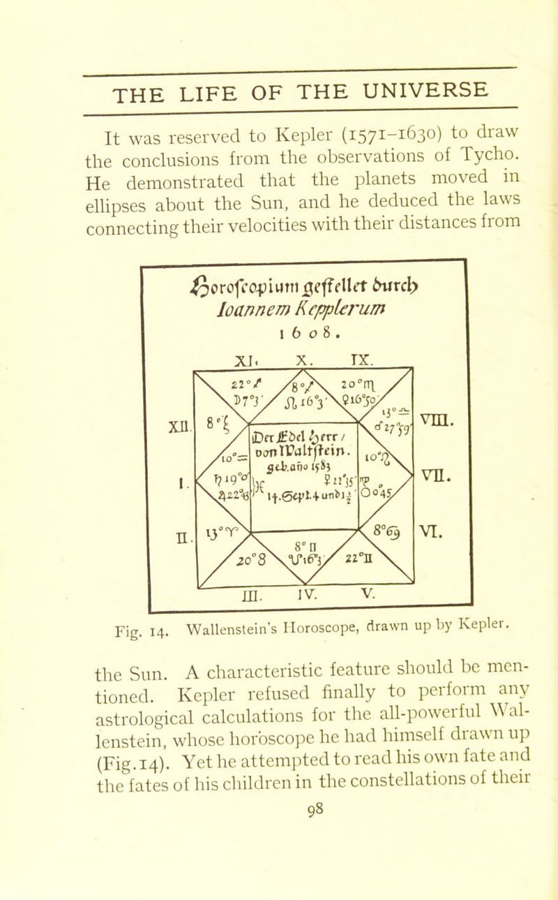 It was reserved to Kepler (1571-1630) to draw the conclusions from the observations of Tycho. He demonstrated that the planets moved m ellipses about the Sun, and he deduced the laws connecting their velocities with their distances from Fig. 14. Wallenstein’s Horoscope, drawn up by Kepler. the Sun. A characteristic feature should be men- tioned. Kepler refused finally to perform any astrological calculations for the all-powerful Wal- lenstein, whose horoscope he had himself drawn up (Fig. 14). Yet he attempted to read his own fate and the fates of his children in the constellations of theii