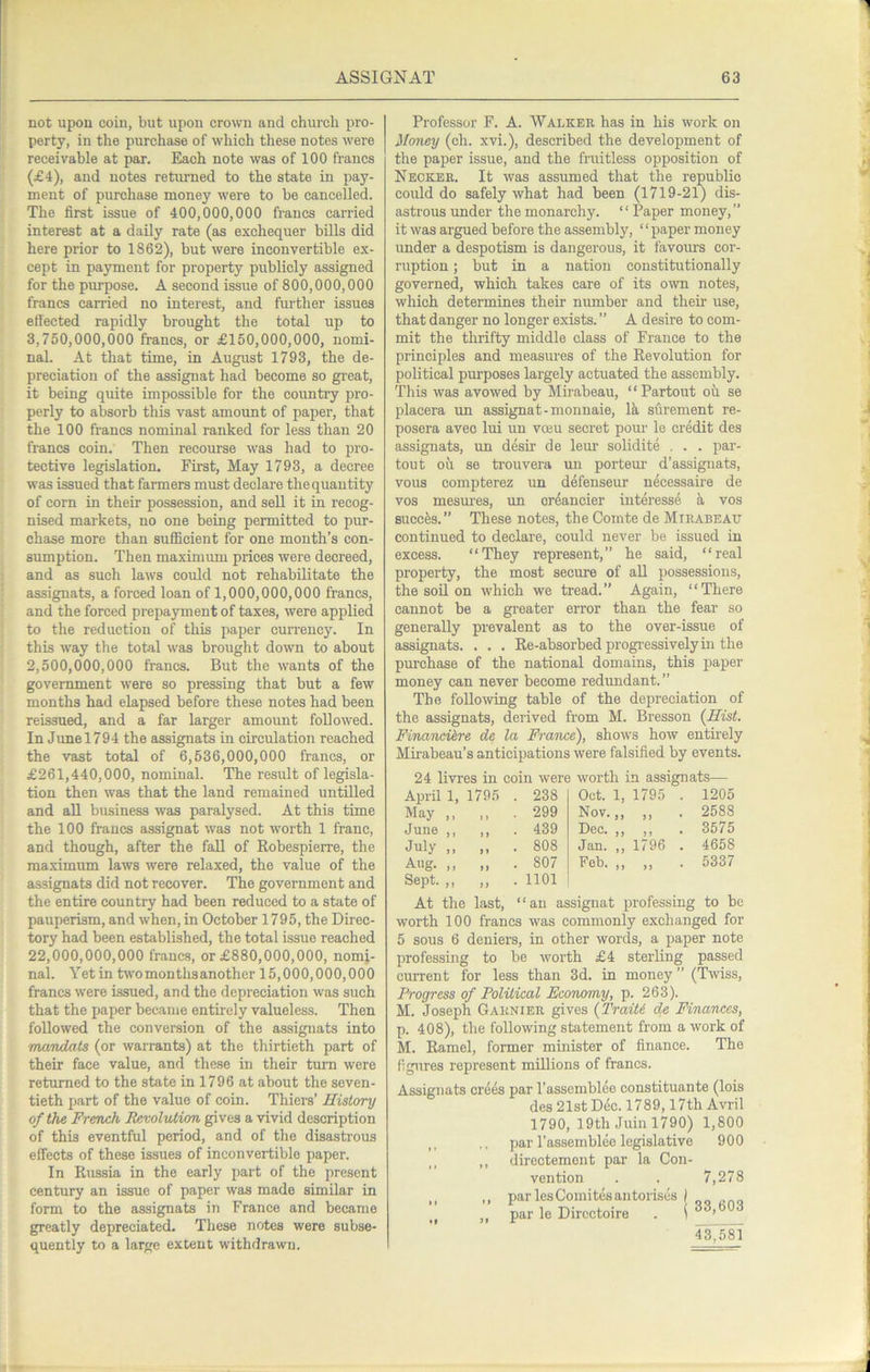 not upon coin, but upon crown and church pro- perty, in the purchase of which these notes were receivable at par. Each note was of 100 francs (£4), and notes returned to the state in pay- ment of purchase money were to be cancelled. The first issue of 400,000,000 francs carried interest at a daily rate (as exchequer bills did here prior to 1862), but were inconvertible ex- cept in payment for property publicly assigned for the purpose. A second issue of 800,000,000 francs carried no interest, and further issues ellected rapidly brought the total up to 3.750.000. 000 francs, or £150,000,000, nomi- nal. At that time, in August 1793, the de- preciation of the assignat had become so great, it being quite impossible for the country pro- perly to absorb this vast amount of paper, that the 100 francs nominal ranked for less than 20 francs coin. Then recourse was had to pro- tective legislation. First, May 1793, a decree was issued that farmers must declare the quantity of corn in their possession, and sell it in recog- nised markets, no one being permitted to pur- chase more than sufficient for one month’s con- sumption. Then maximum prices were decreed, and as such laws could not rehabilitate the assignats, a forced loan of 1,000,000,000 francs, and the forced prepayment of taxes, were applied to the reduction of this paper cmTency. In this way the total was brought down to about 2.500.000. 000 francs. But the wants of the government were so pressing that but a few months had elapsed before these notes had been reissued, and a far larger amount followed. In Jnnel794 the assignats in circulation reached the vast total of 6,636,000,000 francs, or £261,440,000, nominal. The result of legisla- tion then was that the land remained untiUed and aU business was paralysed. At this time the 100 francs assignat was not worth 1 franc, and though, after the fall of Eobespierre, the maximum laws were relaxed, the value of the assignats did not recover. The government and the entire country had been reduced to a state of pauperism, and when, in October 1795, the Direc- tory had been established, the total issue reached 22.000. 000.000 francs, or £880,000,000, nomi- nal. Yetin twomonthsanother 15,000,000,000 francs were issued, and the depreciation was such that the paper became entirely valueless. Then followed the conversion of the assignats into mandats (or warrants) at the thirtieth part of their face value, and these in their turn were returned to the state in 1796 at about the seven- tieth part of the value of coin. Thiers’ History of the French Revol-uMon gives a vivid description of this eventful period, and of the disastrous effects of these issues of inconvertible paper. In Russia in the early part of the present century an issue of paper was made similar in form to the assignats in France and became greatly depreciated. These notes were subse- quently to a large extent withdrawn. Professor F. A. Walker has in his work on Honey (ch. xvi.), described the development of the paper issue, and the fruitless opposition of Necker. It was assumed that the republic could do safely what had been (1719-21) dis- astrous under the monarchy. “ Paper money,” it was argued before the assembly, ‘ ‘ paper money under a despotism is dangerous, it favoius cor- ruption ; but in a nation constitutionally governed, which takes care of its own notes, which determines their number and their use, that danger no longer exists. ” A desire to com- mit the thrifty middle class of France to the principles and measures of the Revolution for political purposes largely actuated the assembly. This was avowed by Mirabeau, “Partout oh se placera un assignat-monnaie, Ik surement re- posera avec lui un voeu secret pour le credit des assignats, un d&ir de leur solidite , . . par- tout oh se ti’ouvera un porteur d’assignats, vous compterez un defenseur necessaire de VOS mesm'es, un oreancier interesse k vos succks.” These notes, the Comte de Mirabeau continued to declare, could never be issued in excess. “They represent,” he said, “real property, the most secure of all possessions, the soil on which we tread.” Again, “There cannot be a greater error than the fear so generally prevalent as to the over-issue of assignats. . . . Re-absorbed progi-essivelyin the purchase of the national domains, this paper money can never become redimdant. ” The following table of the depreciation of the assignats, derived from M. Bresson {Hist. Finaneiire de la France), shows how entuely Muabeau’s anticipations were falsified by events. 24 livres in coin were worth in assignats— April 1, 1795 . 238 Oct. 1, 1795 . 1205 May ,, . 299 Nov.,, n • 2588 June ,, ,, . 439 Dec. ,, j» • 3575 July >> . 808 Jan. ,, 1796 . 4658 Aug. ,, ,, . 807 Feb. ,, J) * 5337 Sept. ,, ,, . 1101 At the last, “an assignat professing to be worth 100 francs was commonly exchanged for 5 sous 6 deniers, in other words, a paper note professing to be worth £4 sterling passed current for less than 3d. in money ” (Twiss, Progress of Political Economy, p. 263). M. Joseph Garnier gives {TraiU de Finances, p. 408), the following statement from a work of M. Ramel, former minister of finance. The figures represent millions of francs. Assignats crees par I’assembleo constituante (lois des 21st Dec. 1789,17th Avril 1790, 19th Juin 1790) 1,800 par I’assembleo legislative 900 ,, directement par la Con- vention . . 7,278 ,, ,, paries Comites antorises ) „ par le Dircctoire . i ” ’ 43,581