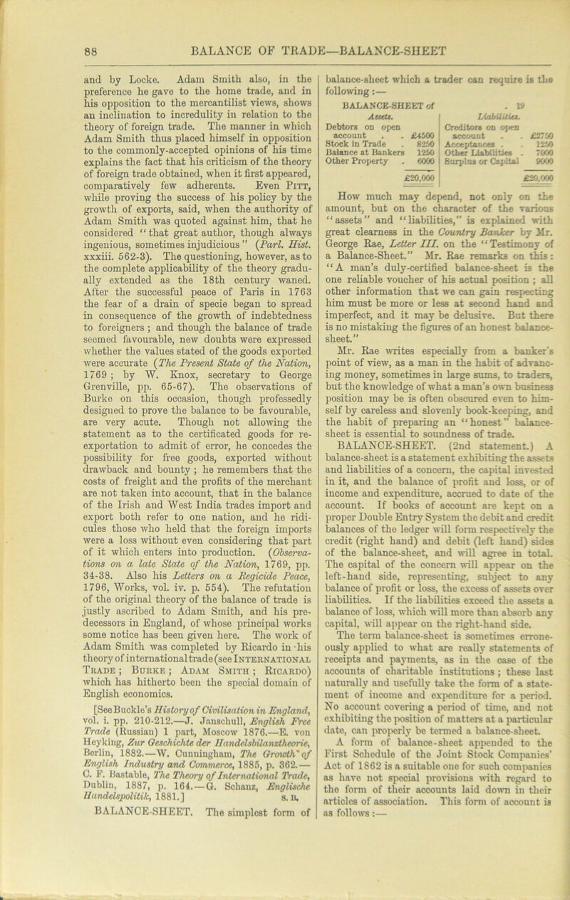 and by Locke. Adam Smith also, in the preference he gave to the home trade, and in his opposition to the mercantilist views, shows an inclination to incredulity in relation to the theory of foreign trade. The manner in which Adam Smith thus placed himself in opposition to the commonly-accepted opinions of his time explains the fact that his criticism of the theory of foreign trade obtained, when it first appeared, comparatively few adherents. Even Pitt, while proving the success of his policy by the gi'owth of exports, said, when the authority of Adam Smith was quoted against him, that he considered “that great author, though always ingenious, sometimes injudicious ” {Pari. Hist. xxxiii. 562-3). The questioning, however, as to the complete applicability of the theory gradu- ally extended as the 18th century waned. After the successful peace of Paris in 1763 the fear of a drain of specie began to spread in consequence of the growth of indebtedness to foreigners ; and though the balance of trade seemed favourable, new doubts were expressed whether the values stated of the goods exported were accm-ate {The Present State of the Nation, 1769 ; by W. Khox, secretary to George Grenville, pp. 65-67). The observations of Burke on this occasion, though professedly designed to prove the balance to be favourable, are veiy acute. Though not allowing the statement as to the certificated goods for re- exportation to admit of error, he concedes the possibility for free goods, exported without drawback and bounty ; he remembers that the costs of freight and the profits of the merchant are not taken into account, that in the balance of the Irish and West India trades import and export both refer to one nation, and he ridi- cules those who held that the foreign imports were a loss without even considering that part of it which enters into production. {Observa- tions on a late State of the Nation, 1769, pp. 34-38. Also liis Letters on a Regicide Peace, 1796, Works, vol. iv. p. 554). The refutation of the original theory of the balance of trade is justly ascribed to Adam Smith, and his pre- decessors in England, of whose principal works some notice has been given here. The work of Adam Smith was completed by Ricairio in - his theory of international trade (see International Trade ; Burke ; Adam Smith ; Ricardo) which has hitherto been the special domain of English economics. [SeeBuckle’s History of Civilisation in England, vol. i. pp. 210-212.—J. .Tauschull, English Free Trade (Russian) 1 part, Moscow 1876.—E. von Heykiiig, Zur Qeschichte der IlaiidelsbUanztheorie, Berlin, 1882.—W. Cunningham, The Qrowth'of English Industry and Commerce, 1885, p. 362.— C. F. Bastable, The Theory of International Trade, Dublin, 1887, p. 164.—G. Schanz, Englische llandelspolitik, 1881.] s. u. BALANCE-SHEET. Tlio simplest form of balance-sheet which a trader can require is tlio following:— BALANCE-SHEET of . 1» AiteU. I HabUUia. Debtors on open | Creditora on open account . . £4500 | account . £2750 Stock in Trade . 82-50 ' Acceptances . . 1250 Balance at Bankers 1250 ^ Other Liabilities . 7000 Other Property . 6000 j Surplus or Capital 9000 £20,000 ; £20,fXiO How much may depend, not only on the amount, but on the character of the various “assets” and “liabilities,” is explained with great clearness in the Country Banker by Mr. George Rae, Letter III. on the “Testimony of a Balance-Sheet.” Mr. Rae remarks on this: “A man’s duly-certified balance-sheet is the one reliable voucher of his actual position ; all other information that we can gain respecting him must be more or less at second hand and imperfect, and it may be delusive. But there is no mistaking the figures of an honest balance- sheet.” ilr. Rae writes especially from a banker's point of view, as a man in the habit of advanc- ing money, sometimes in large sums, to traders, but the knowledge of what a man’s own business position may be is often obscured even to him- self by careless and slovenly book-keeping, and the habit of preparing an “honest” balance- sheet is essential to soundness of trade. BALANCE-SHEET. (2nd statement.) A balance-sheet is a statement exhibiting the a.ssets and liabilities of a concern, the capital invested in it, and the balance of profit and loss, or of income and expenditure, accrued to date of the account. If books of account are kept on a proper Double Entry System the debit and credit balances of the ledger will form respectively the credit (right hand) and debit (left hand) sides of the balance-sheet, and will agree in total. The capital of the concern will appear on the left-hand side, representing, subject to any balance of profit or loss, the excess of assets over liabilities. If the liabilities exceed the assets a balance of loss, which will more than absorb any capital, will appear on the right-hand side. The term balance-sheet is sometimes errone- ously applied to what are really statements of receipts and payments, as in the case of the accounts of charitable institutions; these last naturally and usefully take the form of a state- ment of income and exiicnditure for a period. No account covering a period of time, and not exhibiting the position of matters at a particular date, can properly be termed a balance-sheet. A form of balance-sheet appended to the First Schedule of the Joint Stock Ciompanics’ Act of 1862 is a suitable one for such companies as have not special prorisions with regard to the form of their accounts laid down in their articles of association. This form of account is ns follows:—