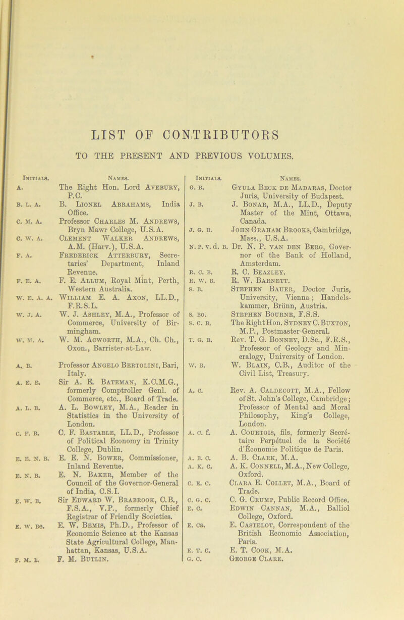 LIST OF CON.TLIBUTORS TO THE PRESENT AND PREVIOUS VOLUMES. INITIALS. Names. A. The Right Hon. Lord Avebury, P.C. B. L. A. B. Lionel Abrahams, India Office. c. jr. A. Professor Charles M. Andrews, Bryn Mawr College, U.S.A. 0. W. A. Clement Walker Andrews, A.M. (Harv.), U.S.A. F. A. Frederick Atterburt, Secre- taries’ Department, Inland Revenue. F. E. A. F. E. Allum, Royal Mint, Perth, Western Australia. W. E. A. A. William E. A. Axon, LL.D., F.R.S.L. W. J. A. W. J. Ashley, M.A., Professor of Commerce, University of Bir- mingham. AV. M. A. W. M. Acworth, M.A., Ch. Ch., Oxon., Barrister-at-Law. A. B. Professor Angelo Bertolini, Bari, Italy. A. E. B. Sir A. E. Bateman, K.C.M.G., formerly Comptroller Genl. of Commerce, etc.. Board of Trade. A. L. B. A. L. Bowley, M.A., Reader in Statistics in the University of London. C. F. B, C. F. Bastable, LL.D., Professor of Political Economy in Trinity College, Dublin. E. E. N. B. E. E. N. Bower, Commissioner, Inland Revenue. E. N. B. E. N. Baker, Member of the Council of the Governor-General of India, O.S.I. E. W. B. Sir Edward W. Brabrook, C.B., F.S.A., V.P., formerly Chief Registrar of Friendly Societies. E. w. Be. E. W. Bemis, Ph.D., Professor of Economic Science at the Kansas State Agricultural College, Man- hattan, Kansas, U.S.A. F. M. B. F. M. Bdtlin. Initials. Names. G. B. Gyula Beck de Madaras, Doctor Juris, University of Budapest. J. B. J. Bonar, M.A., LL.D., Deputy Master of the Mint, Cttawa, Canada. J. G. B. John Graham Brooks, Cambridge, Mass., U.S.A. N. P. V. d. B. Dr. N. P. VAN DEN Berg, Gover- nor of the Bank of Holland, Amsterdam. R. C. B. R. C. Beazley. R. W. B. R. W. Barnett. S. B. Stephen Bauer, Doctor Juris, University, Vienna; Handels- kammer, Brlinn, Austria. S. BO. Stephen Bourne, F.S.S. S. C. B. The RightHon. Sydney C. Buxton, M.P., Postmaster-General. T. G. B. Rev. T. G. Bonnet, D.Sc., F.R.S., Professor of Geology and Min- eralogy, University of London. W. B. W. Blain, O.B., Auditor of the Civil List, Treasury. A. C. Rev. A. Caldecott, M.A., Fellow of St. John’s College, Cambridge; Professor of Mental and Moral Philosophy, King’s College, London. A. C. f. A. CouRTOis, fils, formerly Secre- taire Perpdtuel de la Socidtd d’l^conomie Politique de Paris. A. B. 0. A. B. Clark, M.A. A. K. 0. A. K. Connell, M.A., New College, Oxford. C. E. C. Clara E. Collet, M.A., Board of Trade. C. G. 0. C. G. Crump, Public Record Office. E. C. Edwin Cannan, M.A., Balliol College, Oxford. E. ca. E. Castelot, Correspondent of the British Economic Association, Paris. E. T. C. E. T. Cook, M.A. G. C. George Clare,