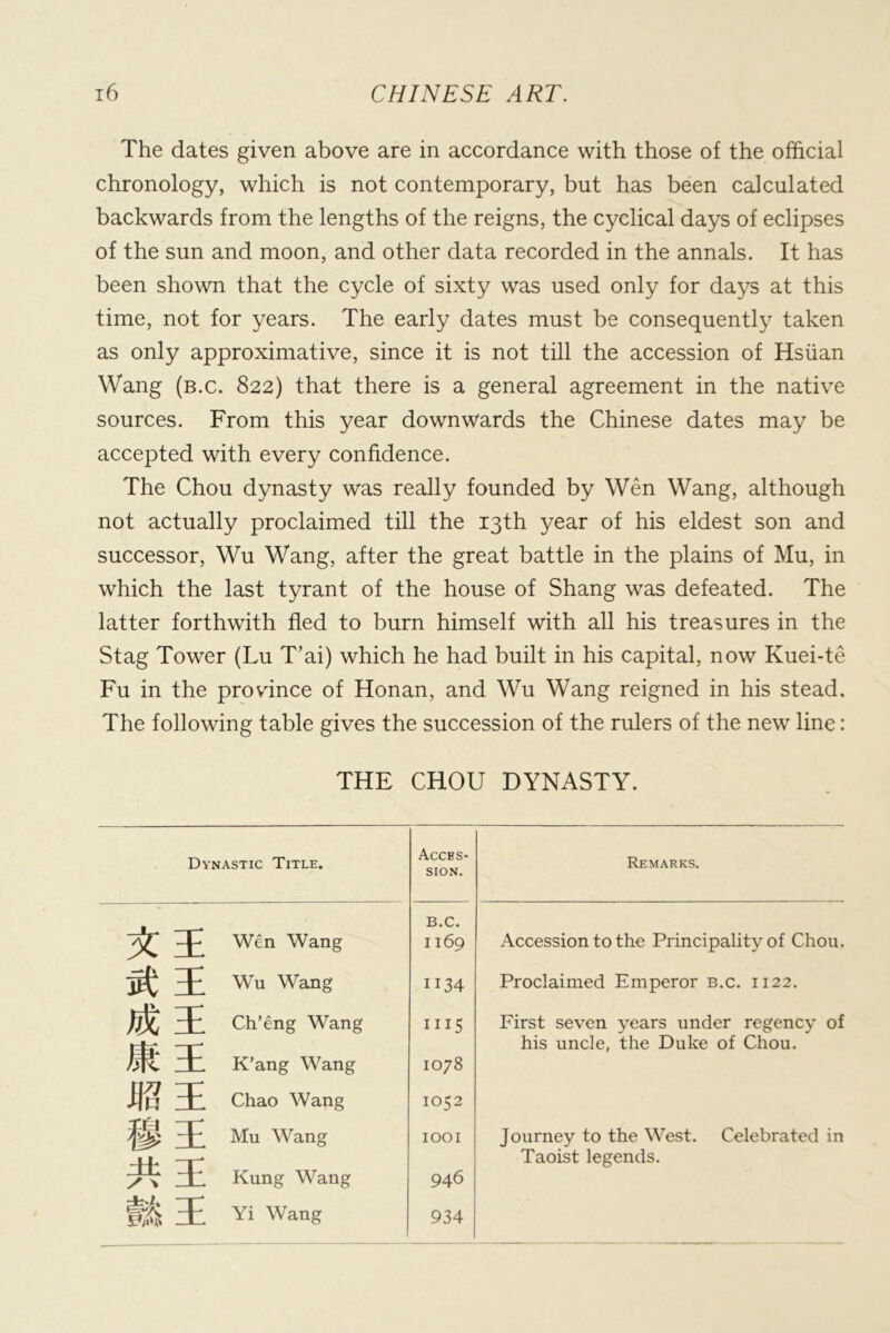 The dates given above are in accordance with those of the official chronology, which is not contemporary, but has been calculated backwards from the lengths of the reigns, the cyclical days of eclipses of the sun and moon, and other data recorded in the annals. It has been shown that the cycle of sixty was used only for days at this time, not for years. The early dates must be consequently taken as only approximative, since it is not till the accession of Hsiian Wang (b.c. 822) that there is a general agreement in the native sources. From this year downw’ards the Chinese dates may be accepted with every confidence. The Chou dynasty was really founded by Wen Wang, although not actually proclaimed till the 13th year of his eldest son and successor, Wu Wang, after the great battle in the plains of Mu, in which the last tyrant of the house of Shang was defeated. The latter forthwith fled to burn himself with all his treasures in the Stag Tower (Lu T’ai) which he had built in his capital, now Kuei-te Fu in the province of Honan, and Wu Wang reigned in his stead. The following table gives the succession of the rulers of the new line: THE CHOU DYNASTY. Dynastic Title. Acces- sion. Remarks. Wen Wang B.C. 1169 Accession to the Principality of Chou. Wu Wang 1134 Proclaimed Emperor b.c. 1122. Ch’eng Wang Ills First seven years under regency of Jt i his uncle, the Duke of Chou. K’ang Wang 1078 iisi Chao Wang 1052 Mu Wang lOOI Journey to the West. Celebrated in ±h T Kung Wang 946 Taoist legends. Hil 3E Yi Wang 934