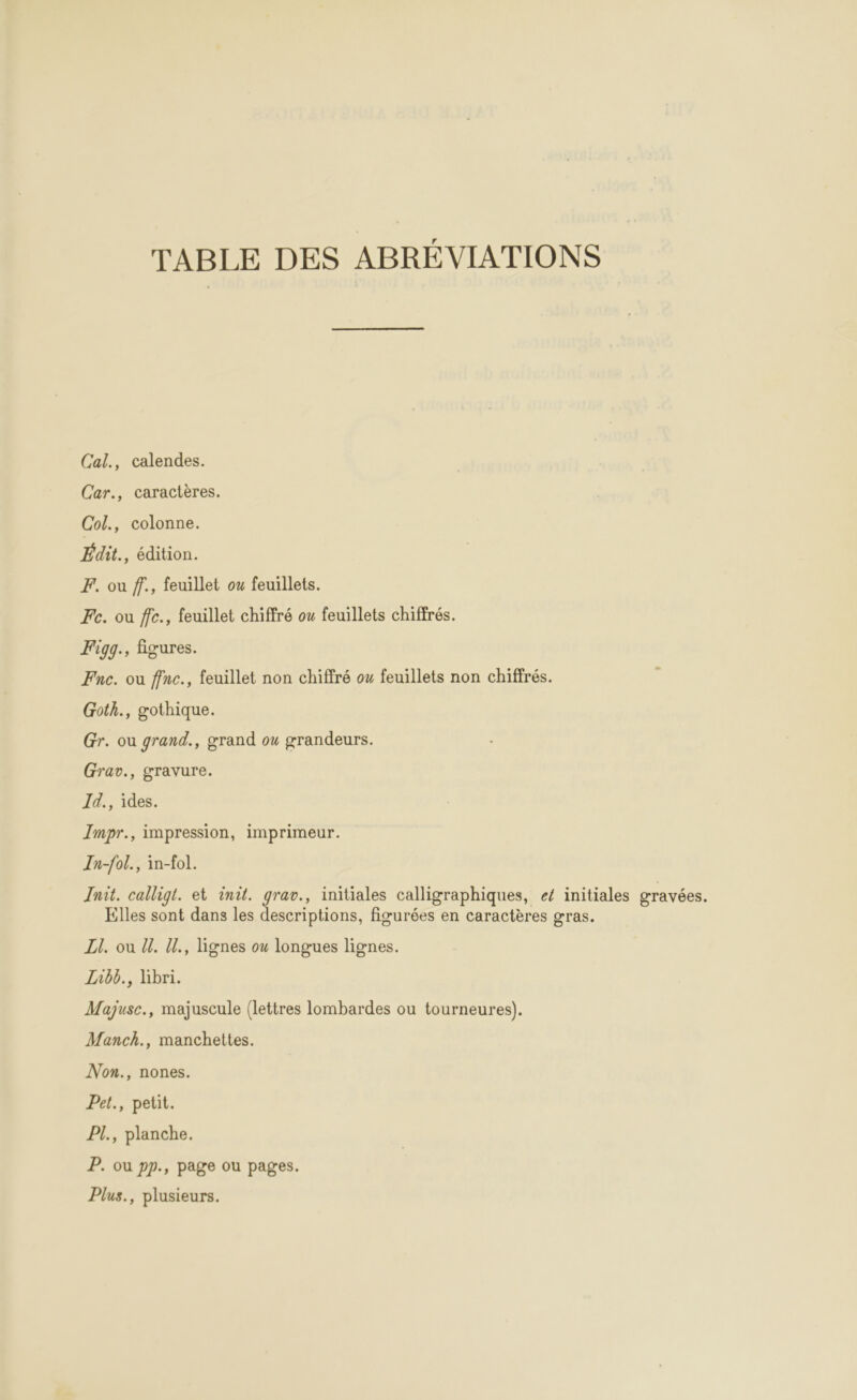 TABLE DES ABRÉVIATIONS Cal., calendes. Car., caractères. Col., colonne. Édit., édition. F. ou ff., feuillet o feuillets. Fe. ou ffc., feuillet chiffré ov feuillets chiffrés. Figq., figures. Fne. ou ffnc., feuillet non chiffré ov feuillets non chiffrés. Goth., gothique. Gr. ou grand., grand ou grandeurs. Grav., gravure. Id., ides. Impr., impression, imprimeur. Tn-fol., in-fol. Init. calligt. et init. grav., initiales calligraphiques, ef initiales gravées. 1 - L Lé “ Elles sont dans les descriptions, figurées en caractères gras. Ll. ou {. 1L., lignes ow longues lignes. Li66., libri. Majusc., majuscule (lettres lombardes ou tourneures). Manch., manchettes. Non., nones. Pet., petit. PI., planche. P. ou pp., page ou pages. Plus., plusieurs.