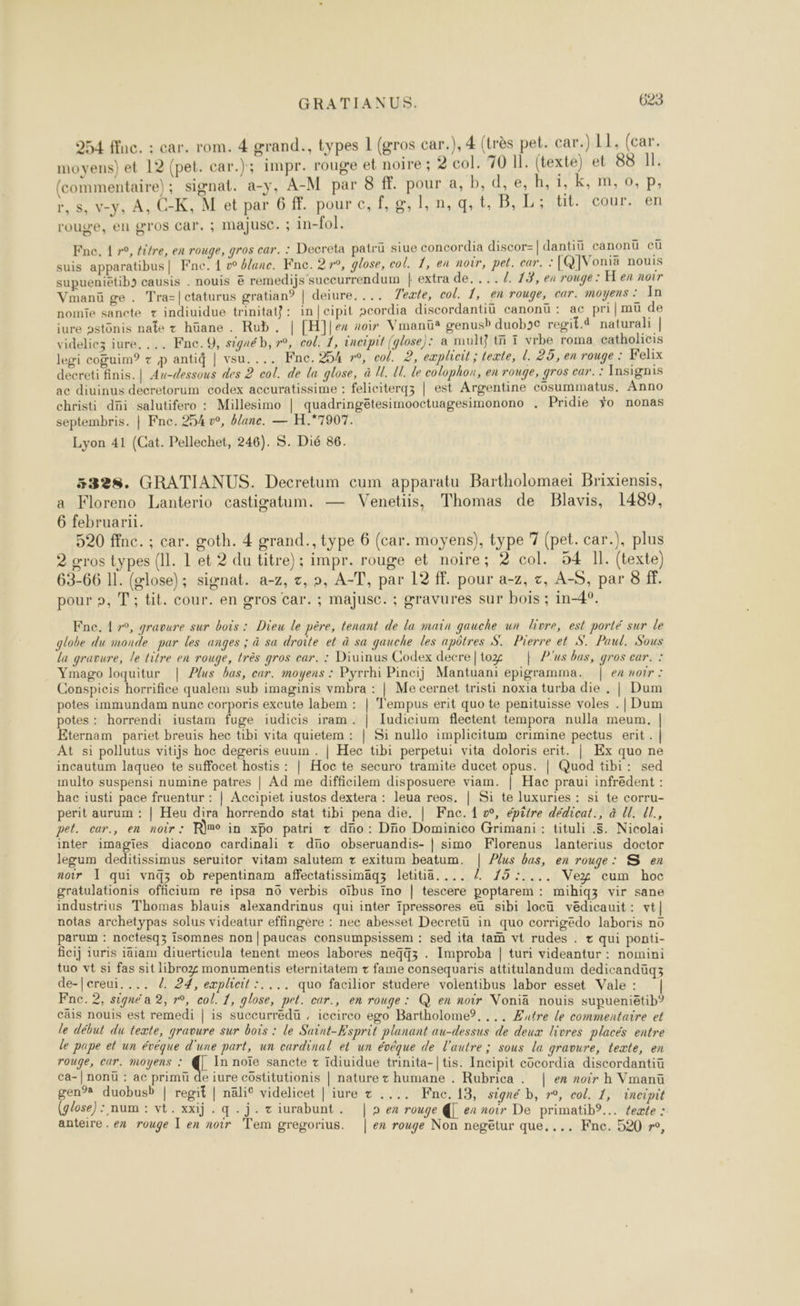 254 ffnc. : car. rom. 4 grand., types 1 (gros car.), 4 (très pet. car.) LI, (car. moyens) et 12 (pet. car.); impr. rouge et noire ; 2 col. 70 I]. (texte) et 88 Il. (commentaire); signat. a-y, A-M par 8 ff. pour a, b,d,e, h, i, KA ED: r, s, v-y, À, C-K, M et par 6 f. pour c, f, g, 1, n,q,t, B, TeHit. #Co0r 870 rouge, el gros Car. ; majusC. ; in-fol. Fnc. 1 r°, tètre, en rouge, gros car. : Decreta patrü siue concordia discor=| dantiü canonü cù suis apparatibus| Fnc. 1 v° blanc. Fne. 2r°, glose, col. 1, en noir, pet. car. : [Q]JVonia nouis supueniétib» causis . nouis &amp; remedijs succurrendum | extra de..../. 13, en rouge: H en noir Vmanü ge. Tra=|ctaturus gratian® | deiure.... Zexte, col. 1, en rouge, car. moyens + In nome sancte + indiuidue trinitatÿ: in[cipit »cordia discordantiü canonü : ac pri] mü de iure »stônis nae + hüane. Rub. | [H]|e2 voir Vmanü® genusb duoboc regif.4 naturali | videlicz iure. ... Fne.9, sigaéb, r°, col. 1, incipit (glose): a multj ti vrbe roma catholicis legi coguim®? + p anti | vsu.... Fne. 254 »°, col. 2, explicit ; texte, L. 25, en rouge : Felix decreti finis. | Au-dessous des 2 col. de la glose, à I. ll. de colophon, en rouge, gros car. : Insignis ac diuinus decretorum codex accuratissime : feliciterqz | est Argentine cosummatus. Anno christi di salutifero : Millesimo | quadringêtesimooctuagesimonono , Pridie Yo nonas septembris. | Fne. 254 v°, élane. — H.*7907. Lyon 41 (Cat. Pellechet, 246). S. Dié 86. 5328. GRATIANUS. Decretum cum apparatu Bartholomaei Brixiensis, a Floreno Lanterio castigatum. — Venetiis, Thomas de Blavis, 1489, 6 februarti. 520 ffnc. ; car. goth. 4 grand., type 6 (car. moyens), type 7 (pet. car.), plus 2 gros types (IL. 1 et 2 du titre) ; impr. rouge et noire; 2 col. 94 I]. (texte) 63-66 Il. (lose); signat. a-z, z, », A-T, par 12 ff. pour a-z, z, A-S, par 8 ff. pour », T; tit. cour. en gros Car. ; majusc. ; gravures sur bois ; in-4°. Fne. 1 »°, gravure sur bois : Dieu le père, tenant de la main gauche un livre, est porté sur le globe du monde par les anges ; à sa droite et à sa gauche les apôtres S. Pierre et S. Paul. Sous la gravure, le titre en rouge, très gros ear. : Diuinus Codex decre|tog | P'us bas, gros car. : Ymago loquitur | Plus bas, car. moyens : Pyrrhi Pincij Mantuani epigramma. | ex noir : Conspicis horrifice qualem sub imaginis vmbra : | Me cernet tristi noxia turba die , | Dum potes immundam nunc corporis excute labem : | Tempus erit quo te penituisse voles . | Dum potes : horrendi iustam fuge iudicis iram. | Iudicium flectent tempora nulla meum. | Eternam pariet breuis hec tibi vita quietem : | Si nullo implicitum crimine pectus erit. | At si pollutus vitijs hoc degeris euum . | Hec tibi perpetui vita doloris erit. | Ex quo ne incautum laqueo te suffocet hostis : | Hoc te securo tramite ducet opus. | Quod tibi: sed multo suspensi numine patres | Ad me difficilem disposuere viam. | Hac praui infrédent : hac iusti pace fruentur : | Accipiet iustos dextera : leua reos. | Si te luxuries : si te corru- perit aurum : | Heu dira horrendo stat tibi pena die. | Fne. 1 w, épütre dédicat., à U. Ul., pet. car., en noir: Rue in xpo patri + dno: Dio Dominico Grimani: tituli .8. Nicolai inter imagies diacono cardinali + dno obseruandis- | simo Florenus lanterius doctor legum deditissimus seruitor vitam salutem + exitum beatum. | Plus bas, en rouge: S en noir Ï qui vnq3 ob repentinam affectatissimäqz letitiä. ... ! /5:.... Veyz cum hoc gratulationis officium re ipsa nô verbis oïbus ino | tescere poptarem : mihiq3 vir sane industrius Thomas blauis alexandrinus qui inter ïpressores eü sibi locu védicauit: vt| notas archetypas solus videatur effingère : nec abesset Decretü in quo corrigedo laboris no parum : noctesq3 Isomnes non|paucas consumpsissem : sed ita tam vt rudes . + qui ponti- ficij iuris jäiam diuerticula tenent meos labores neqq3 . Improba | turi videantur : nomini tuo vt si fas sit libro monumentis eternitatem + fame consequaris attitulandum dedicandügq3 de-|creui.... 2 24, explicit :.... quo facilior studere volentibus labor esset Vale: | Fne.2, signé a 2, r°, col. 1, glose, pet. car., en rouge: Q en noir Voniä nouis supueniëétib®? cais nouis est remedi | is succurredü . iccirco ego Bartholome?, ... Æutre le commentaire et le début du texte, gravure sur bois : le Saint-Esprit planant au-dessus de deux livres placés entre le pape et un évéque d'une part, un cardinal et un évêque de l'autre ; sous la gravure, texte, en rouge, car. moyens : @[ In noïe sancte + idiuidue trinita-|tis. Incipit cocordia discordantiü ca-| nonû : ac primü de iure cüstitutionis | nature z humane . Rubrica . | ex noir h Vmanü gen”* duobusb | regit | nälit videlicet | iure + .... KFne. 13, signé b, r°, col. 1, incipit (glose) : num : vt. xxij . q.j.ciurabunt. | 2 ex rouge | en noir De primatib®... texte : anteire . ex rouge I en noir Tem gregorius. | ex rouge Non negëtur que... Fne. 520 re,
