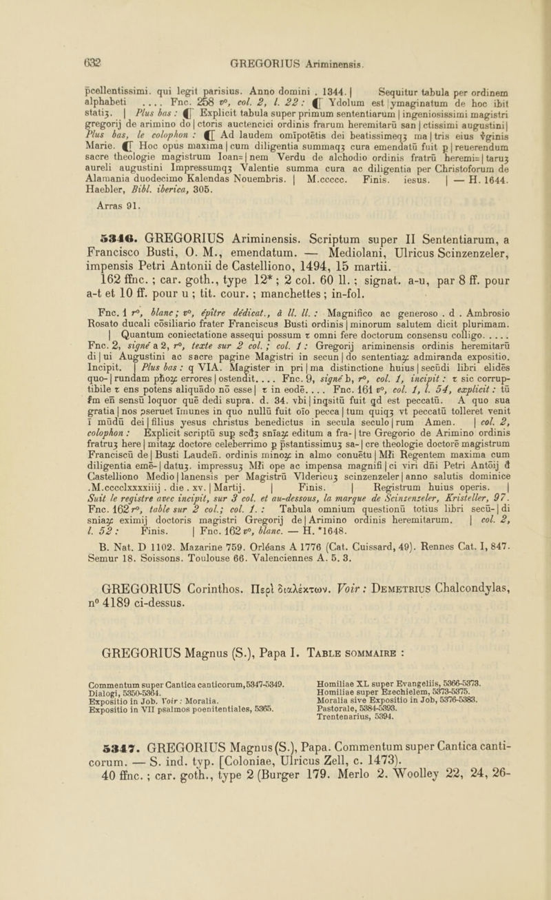 pcellentissimi. qui legit parisius. Anno domini . 1344.| Sequitur tabula per ordinem alphabeti .... Fne. 258 w, col. 2, 1. 22: @ Ydolum est |ymaginatum de hoc ibit statiz. | Plus bas : À Explicit tabula super primum sententiarum | ingeniosissimi magistri gregorij de arimino do|ctoris auctencici ordinis frarum heremitarü san | ctissimi augustini| Plus bas, le colophon : € Ad laudem omipotétis dei beatissimeqz maltris eius Yginis Marie. @ Hoc opus maxima|cum diligentia summagz cura emendatü fuit p |reuerendum sacre theologie magistrum Ioan=|nem Verdu de alchodio ordinis fratrü heremi=|taruz aureli augustini Impressumqz Valentie summa cura ac diligentia per Christoforum de Alamania duodecimo Kalendas Nouembris. | M.ccece. Finis. iesus. | — H. 1644. Haebler, 16. iberica, 305. Arras 91. 5346. GREGORIUS Ariminensis. Scriptum super II Sententiarum, a Francisco Busti, O. M., emendatum. — Mediolani, Ulricus Scinzenzeler, impensis Petri Antonii de Castelliono, 1494, 15 martii. 162 ffnc. ; car. goth., type 12*; 2 col. 60 11.; signat. a-u, par 8 ff. pour a-t et 10 ff. pour u ; tit. cour. ; manchettes ; in-fol. | Fne. 1 r°, blanc; v°, épître dédicat., à U. ll. : Magnifico ac generoso . d . Ambrosio Rosato ducali côsiliario frater Franciscus Busti ordinis | minorum salutem dicit plurimam. | Quantum coniectatione assequi possum x omni fere doctorum consensu colligo. . ... Fne.2, signé a 2, r°, texte sur 2 col. ; col. 1: Gregorij ariminensis ordinis heremitaru dilui Augustini ac sacre pagine Magistri in secun | do sententiagz admiranda expositio. Incipit. | Plus bas: q VIA. Magister in pri|ma distinctione huius|secüdi libri elides quo-|rundam phoz errores | ostendit. ... ÆFnc.Q, signé b, r°, col. 1, incipit : + sic corrup- tibile + ens potens aliquädo n6 esse| x in eode.... Fnc. 161 w, col. 1, |. 54, explicit : tü fm en sensu loquor qué dedi supra. d. 34. vhi|ingsitu fuit qd est peccatüu. A quo sua gratia | nos »seruet imunes in quo nullu fuit oïo pecca|tum quigz vt peccatu tolleret venit 1 müdü deifilius yesus christus benedictus in secula seculo|rum Amen. | col. 2, colophon : Explicit scriptu sup scd3 sniaz editum a fra-|tre Gregorio de Arimino ordinis fratruz here | mitaz doctore celeberrimo p pstantissimuz sa-| cre theologie doctore magistrum Franciscü de| Busti Lauden. ordinis minoy in almo conuëtu| MX Regentem maxima cum diligentia emë-| datuz. impressuz Mli ope ac impensa magmifi|ci viri dni Petri Antoij à Castelliono Medio]|lanensis per Magistrü Vildericuz scinzenzeler|anno salutis dominice .M.cccclxxxxiij . die . xv.| Martij. | Finis. | Registrum huius operis. | Suit le registre avec incipit, sur 3 col. et au-dessous, la marque de Scinsenseler, Kristeller, 97. Fne.1627r°, table sur 2 col.; col. 1.: Tabula omnium questionü totius libri secu-|di sniaz eximij doctoris magistri Gregorij de|Arimino ordinis heremitarum, | co. 2, 1562 : Finis. | Fne. 162 v, blanc. — H. *1648. B. Nat. D 1102. Mazarine 759. Orléans A 1776 (Cat. Cuissard, 49). Rennes Cat. I, 847. Semur 18. Soissons. Toulouse 66. Valenciennes A. 5. 3. GREGORIUS Corinthos. Iso! Gimhextwv. Voir : Demgrrius Chalcondylas, n° 4189 ci-dessus. GREGORIUS Magnus (S.), Papa I. TABLE SOMMAIRE : Commentum super Cantica canticorum, 5347-5349. Homiliae XL super Evangeliis, 5366-5373. Dialogi, 5350-5364. Homiliae super Ezechielem, 5373-5379. Expositio in Job. Voir : Moralia. Moralia sive Expositio in Job, 5376-5383. Expositio in VII psalmos poenitentiales, 5365. Pastorale, 5384-5393. Trentenarius, 5394. 5347. GREGORIUS Magnus (S.), Papa. Commentum super Cantica canti- corum. — S. ind. typ. [Coloniae, Ulricus Zell, c. 1473). 40 ffnc. ; car. goth., type 2 (Burger 179. Merlo 2. Woolley 22, 24, 26-